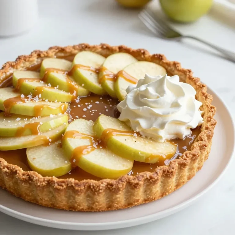 - Tart Crust Components - 1 1/4 cups all-purpose flour - 1/2 cup unsalted butter, cold and cubed - 1/4 cup granulated sugar - 1/4 teaspoon salt - 1 large egg yolk - 2 tablespoons ice water - Apple Filling Ingredients - 4 medium apples (Granny Smith or Honeycrisp), peeled, cored, and sliced - 1 tablespoon lemon juice - 1/2 cup brown sugar - 1 teaspoon cinnamon - Caramel Sauce Ingredients - 1/4 cup heavy cream - 1/2 teaspoon vanilla extract - 1/4 teaspoon flaky sea salt Gather these ingredients before you begin. Each one plays a key role in making your salted caramel apple tart truly special. The tart crust is buttery and crisp. The apple filling adds a sweet and tangy burst. Lastly, the salted caramel sauce ties it all together with rich flavor. You will love how simple it is to create this delightful dessert! {{ingredient_image_1}} Start by gathering your dry ingredients. You need 1 1/4 cups of flour, 1/4 cup sugar, and 1/4 teaspoon salt. In a mixing bowl, combine these ingredients. Use a whisk to blend them well. Next, add 1/2 cup of cold, cubed butter. Use a pastry cutter or your hands to mix until it looks like coarse crumbs. Then, add 1 large egg yolk and 2 tablespoons of ice water. Mix until the dough comes together. Form the dough into a disk. Wrap it in plastic wrap and chill it in the fridge for at least 30 minutes. This helps the crust stay flaky. Now, move on to the apples. You need 4 medium apples, like Granny Smith or Honeycrisp. Peel, core, and slice them. In a large bowl, toss the apple slices with 1 tablespoon of lemon juice, 1/2 cup brown sugar, and 1 teaspoon cinnamon. Let the apples sit for about 10 minutes. This step allows the flavors to blend and the apples to soften. After the dough has chilled, preheat your oven to 375°F (190°C). On a floured surface, roll out the dough to fit a 9-inch tart pan. Press the dough into the pan and trim any excess. Prick the bottom with a fork to prevent bubbling. Place a sheet of parchment paper over the crust. Fill it with pie weights or dried beans. Bake for 15 minutes, then remove the weights. Bake for another 10 minutes until golden brown. Arrange the apple slices evenly over the baked crust. Drizzle half of the caramel sauce over the apples. Bake for another 20-25 minutes or until the apples are tender. Enjoy the fun of making this tart! You will love the sweet and salty blend of flavors. - Preventing Sogginess To avoid a soggy tart crust, blind bake it. This means you bake the crust without filling first. Use pie weights or dried beans on parchment paper to keep it flat. Bake for 15 minutes, then remove the weights. Bake again for 10 minutes until golden. This helps create a firm base for your tart. - Substitutions for Gluten-Free Crust If you need a gluten-free crust, use a gluten-free flour blend. You can also try almond flour or oat flour. Mix these with cold butter and sugar just like in the regular crust. Add an egg for binding. Chill the dough before rolling for best results. - Best Apple Varieties for Tartness For the best flavor, use Granny Smith or Honeycrisp apples. They give a nice balance of tartness and sweetness. These apples hold their shape well when baked too. - Combining Flavors for Depth Mixing apple varieties adds depth to your tart. Try pairing tart apples with sweeter ones like Fuji. This mix gives a more complex flavor. - Achieving the Right Thickness To get the perfect caramel sauce, keep the heat medium. Stir the brown sugar and cream until smooth. It should thicken in about 3-5 minutes. If it’s too thin, cook it a bit longer. - Adjusting Sweetness If you find the sauce too sweet, add a pinch of salt. This balances the flavors and enhances the caramel taste. You can also add more cream for a milder flavor. Pro Tips Chill the Dough: Ensure your dough is cold before rolling it out. This helps prevent it from shrinking during baking. Choose the Right Apples: Use a mix of tart and sweet apples for the best flavor. Granny Smith adds tartness while Honeycrisp offers sweetness. Caramel Consistency: Keep an eye on the caramel sauce while cooking; you want it thick but not burnt. Stir continuously for a smooth texture. Let It Cool: Allow the tart to cool slightly before serving. This helps the filling set and makes slicing easier. {{image_2}} - Adding Spices You can spice up your tart with a few simple additions. Try cloves or nutmeg for warmth. A pinch of allspice also adds a nice twist to the apple filling. Mix these spices in with the cinnamon for a more complex flavor. - Incorporating Nuts Add some crunch with nuts! Chopped pecans or walnuts give a great texture. Sprinkle them on top of the apples before baking. They will toast and bring a lovely nutty flavor to the tart. - Vegan Options To make a vegan version, swap the butter for coconut oil. Use a flax egg instead of the egg yolk. For the caramel sauce, use coconut cream and a plant-based milk. This keeps it rich while being dairy-free. - Gluten-Free Alternatives For a gluten-free crust, use almond flour or a gluten-free blend. Just make sure to adjust the liquid since these flours can act differently. This way, you can still enjoy your tart without gluten. - Serving with Ice Cream Serve your tart warm with a scoop of vanilla ice cream. The cold ice cream melts into the warm tart, creating a delightful mix of flavors. It’s a great way to enhance the dessert experience. - Garnishing Suggestions Add a sprinkle of flaky sea salt on top for a salty counterbalance. A few apple slices or a drizzle of extra caramel sauce can also make it look inviting. These small touches elevate the tart's presentation beautifully. Best Practices for Refrigeration To keep your salted caramel apple tart fresh, wrap it well. Use plastic wrap or foil to cover it tightly. Store it in the fridge. This will help it stay tasty for up to three days. The cold air prevents the apples from going soft. Freezing Tips If you have extra tart, you can freeze it. First, let it cool completely. Then, wrap it in plastic wrap and foil. Place it in a freezer-safe bag. This way, it can last for up to three months. When you're ready to eat, just thaw it in the fridge overnight. Oven vs. Microwave Methods For the best taste, reheat your tart in the oven. Preheat the oven to 350°F (175°C). Place the tart in for about 10-15 minutes. This helps keep the crust crisp. If you use a microwave, heat it for about 30 seconds. Be careful not to overheat, or the crust may become soggy. Tips for Maintaining Texture When reheating, cover the tart with foil if it's browning too fast. This protects the top. If you want extra flavor, drizzle a bit of caramel sauce on top before reheating. Enjoy your delicious tart warm and fresh! I recommend using Granny Smith or Honeycrisp apples. These apples balance sweet and tart flavors well. They hold their shape when baked, ensuring a great texture in your tart. Yes, you can prepare the tart crust in advance. Once you shape the dough into a disk, wrap it in plastic. Store it in the fridge for up to three days, or freeze it for up to three months. To stop apples from browning, toss them with lemon juice. The acid in lemon juice slows down oxidation. This keeps your apples looking fresh and bright as you prepare your tart. Absolutely! Store-bought caramel sauce saves time and works well. Just warm it slightly before drizzling over your tart. This way, it flows nicely over the apples. Yes, you can make a gluten-free version. Use a gluten-free flour blend in place of regular flour. Make sure your other ingredients, like the caramel, are also gluten-free. The salted caramel apple tart stays fresh for about three days at room temperature. If you refrigerate it, it can last up to a week. Just be sure to cover it well to keep it from drying out. Making a salted caramel apple tart is simple and fun. You learned about the right ingredients, like the best apples and caramel sauce. I shared step-by-step instructions to help you create a perfect tart. Follow the tips for a great crust and added flavors. Try out the variations to make this dessert your own. You can store leftovers for later, and I explained how. Enjoy your baking journey, and impress friends and family with your delicious creation!