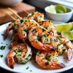 - 1 pound large shrimp, peeled and deveined - 1/4 cup fresh cilantro, chopped - 2 tablespoons olive oil - Zest and juice of 2 limes - 2 cloves garlic, minced - 1 teaspoon cumin - 1/2 teaspoon paprika - Salt and pepper to taste - Wooden or metal skewers To make cilantro lime shrimp skewers, you need precise ingredients. Start with one pound of large shrimp. They should be peeled and deveined for the best taste. Next, chop a quarter cup of fresh cilantro. Fresh herbs enhance flavor. You’ll also need two tablespoons of olive oil. This adds richness and helps coat the shrimp. For the zest and juice, use two limes. Lime gives a bright, fresh taste. You’ll also need two cloves of garlic, minced. Garlic adds depth to the marinade. Then, grab one teaspoon of cumin and half a teaspoon of paprika. These spices bring warmth and color. Don’t forget salt and pepper to taste. If you can’t find fresh cilantro, try fresh parsley. It has a milder taste but still works well. For olive oil, avocado oil is a good choice. It has a similar flavor and is great for grilling. If you’re out of limes, you can use lemons instead. They add a tangy taste too. If you don’t have cumin, smoked paprika can add a different but tasty twist. You can also use garlic powder if you don’t have fresh garlic. Just remember to adjust the amount. {{ingredient_image_1}} Start by making the marinade. In a mixing bowl, add olive oil, lime juice, lime zest, minced garlic, cumin, paprika, salt, and pepper. Mix well. This step is key. It helps the shrimp soak in all that flavor. Once mixed, add the shrimp to the bowl. Toss them gently. Make sure each shrimp gets a good coating. Cover the bowl with plastic wrap. Place it in the fridge for at least 30 minutes. If you have time, let them marinate for up to 2 hours. The longer, the better! For the marinade, fresh ingredients make a big difference. Use fresh cilantro for the best taste. The lime juice adds a bright zing. The garlic and spices give depth. Make sure to zest the limes before juicing. That zest packs a punch! If you want a little kick, add red pepper flakes. For a milder taste, skip the spice. Adjust the salt and pepper to your liking. Taste the marinade before adding the shrimp. This way, you can adjust it to your palate. Now, it's time to grill! Preheat your grill to medium-high heat. If you use wooden skewers, soak them in water for 30 minutes first. This keeps them from burning on the grill. Thread 4-5 shrimp onto each skewer. Don’t overcrowd them. Space helps them cook evenly. Place the skewers on the grill and cook for 2-3 minutes on each side. You’ll know they are ready when they turn opaque and have a slight char. Let them rest for a minute after grilling. This helps keep them juicy. Serve the skewers hot and enjoy! When picking shrimp, look for a firm texture. The shells should be shiny and clean. Fresh shrimp also smell like the sea, not fishy. If you can, buy shrimp with shells on. They stay fresh longer. Always check the sell-by date if you buy pre-packed shrimp. To skewer shrimp well, use wooden or metal skewers. If using wooden skewers, soak them in water for 30 minutes. This step stops them from burning. Thread 4-5 shrimp on each skewer. Make sure they are close but not touching. This way, they cook evenly on the grill. Change up the marinade to suit your taste. You can add more lime juice for a zesty kick. Try adding a pinch of chili powder for some heat. If you want a sweeter taste, mix in a bit of honey. Let the shrimp soak in the marinade for at least 30 minutes. This helps the flavors sink in and makes the shrimp even tastier. Pro Tips Use Fresh Ingredients: Always opt for fresh shrimp and cilantro to enhance the flavor profile of your skewers. Customize Your Marinade: Feel free to add additional spices or herbs to the marinade for a personalized touch! Watch Cooking Time: Shrimp cook quickly; be attentive to avoid overcooking, which can make them rubbery. Experiment with Sides: These skewers pair well with a variety of sides, such as grilled vegetables, rice, or a zesty salad. {{image_2}} You can change up the flavor with different spices. Try adding chili powder or cayenne for heat. For a sweet touch, mix in honey or brown sugar. You can use fresh herbs like parsley or basil instead of cilantro. Each choice changes the taste and makes it special. These shrimp skewers pair well with many sides. Serve them with coconut rice for a tropical vibe. A fresh green salad adds crunch and color. You can also try grilled veggies for a healthy mix. Consider corn on the cob or a quinoa salad for fun and flavor. If you love spice, add more cumin or red pepper flakes to the marinade. For a sweet twist, drizzle some honey before grilling. Taste your marinade! Adjust it to fit what you like best. These little changes make your skewers unique and tasty. After your meal, you may have some shrimp skewers left. To store them, let them cool to room temperature. Place the skewers in an airtight container. This helps keep the shrimp fresh. You can store them in the fridge for up to two days. If you want to enjoy them later, freezing is a great option. To freeze your shrimp skewers, first cool them completely. Wrap each skewer tightly in plastic wrap. Then, place them in a freezer bag. Remove as much air as possible to prevent freezer burn. You can freeze them for up to three months. When you’re ready to eat, thaw them in the fridge overnight. To reheat shrimp skewers, you have a few options. The best way is to use the grill. Preheat your grill to medium heat. Place the skewers on the grill for about 2-3 minutes on each side. This warms them evenly and keeps them juicy. You can also use the oven. Set it to 350°F (175°C) and heat for about 10 minutes. Enjoy your tasty shrimp again! Yes, you can use frozen shrimp. Just make sure to thaw them first. Place the shrimp in a bowl of cold water for about 15-20 minutes. This helps them defrost quickly and evenly. Once thawed, pat them dry with a paper towel before marinating. This step ensures the marinade sticks well. You should marinate the shrimp for at least 30 minutes. This time allows the shrimp to soak up the flavors of the marinade. If you want even more flavor, you can marinate them for up to 2 hours. Just avoid marinating too long, as the lime juice can make the shrimp mushy. Cilantro lime shrimp skewers pair well with many sides. A fresh green salad adds a nice crunch. You can also serve them with coconut rice for a tropical touch. Another tasty option is grilled vegetables. These sides balance the flavors of the shrimp nicely. Yes, here are some simple grilling tips. First, always preheat your grill. This helps cook the shrimp evenly. Second, don’t overcrowd the skewers. Give each shrimp space for better heat exposure. Lastly, keep an eye on the cooking time. Cook the shrimp for only 2-3 minutes on each side. They are done when they turn opaque and slightly charred. This guide covered everything you need for perfect shrimp skewers. We explored key ingredients, detailed cooking steps, and useful tips for grilling. You learned how to choose fresh shrimp and adjust flavors to suit your taste. Plus, we shared storage methods to keep leftovers fresh. With this knowledge, you can cook great meals with ease. Enjoy your cooking adventures and impress your friends and family with your skills!