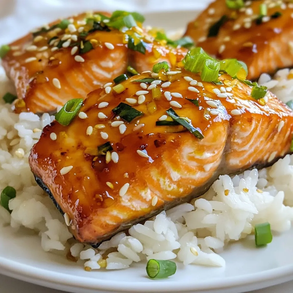 - 4 salmon fillets (about 6 oz each) - 1/4 cup honey - 2 tablespoons Sriracha sauce - 2 tablespoons soy sauce - 1 tablespoon fresh lime juice - 2 tablespoons olive oil - 2 garlic cloves, minced - Salt and pepper to taste - Sesame seeds (for garnish) - Chopped green onions (for garnish) To make Honey Sriracha Glazed Salmon, you need fresh ingredients. The salmon fillets are the star of the dish. I use four fillets, each weighing about six ounces. For flavor, honey and Sriracha sauce blend well. Honey gives a sweet taste, while Sriracha adds heat. I also use two tablespoons of soy sauce for a savory touch. Fresh lime juice brightens the glaze with a zesty note. Olive oil keeps the salmon moist and helps the glaze stick. Minced garlic adds depth to the flavor. Finally, season with salt and pepper to taste. Garnish your dish with sesame seeds and chopped green onions for a beautiful finish. These ingredients make a simple dish full of flavor and color. Enjoy the cooking journey! {{ingredient_image_1}} To start, grab a medium bowl. In it, whisk together these ingredients: - 1/4 cup honey - 2 tablespoons Sriracha sauce - 2 tablespoons soy sauce - 1 tablespoon fresh lime juice - 2 tablespoons olive oil - 2 minced garlic cloves - Salt and pepper to taste Whisk until smooth. This glaze has a nice balance of sweet and spicy flavors. Next, take your salmon fillets. Place them in a shallow dish. Pour half of the glaze over the salmon. Make sure to coat them well. Save the other half of the glaze for later. Let the salmon marinate for at least 20 minutes. This step makes the salmon extra tasty. Now, it’s time to cook! Preheat your grill or oven to 400°F (200°C). If grilling, lightly oil the grates. This helps to keep the salmon from sticking. Remove the salmon from the marinade. Let any extra glaze drip off. If grilling, place the salmon on the hot grill. Cook for about 5-6 minutes on each side. You want the salmon to be opaque and flaky. If you choose to bake, place the salmon on a parchment-lined baking sheet. Bake for 12-15 minutes. As the salmon cooks, brush it with the remaining glaze in the last few minutes. This adds a burst of flavor. Once cooked, remove the salmon from the grill or oven. Let it rest for a few minutes. This helps keep it moist. For a stunning presentation, serve the salmon on a bed of jasmine rice or quinoa. Drizzle with any leftover glaze. Garnish with sesame seeds and chopped green onions for a pop of color. Enjoy your beautiful dish! To make the glaze just right, balance sweetness and spice. If you like it sweeter, add more honey. For extra heat, increase the Sriracha. Taste as you go! Marinating the salmon is key for flavor. Let it soak for at least 20 minutes. This step makes the fish tasty and juicy. Cook your salmon to get a flaky texture. If you grill it, make sure the grill is hot. This helps seal in moisture. To prevent sticking, oil the grill grates lightly. This simple step will keep your salmon intact. If baking, use parchment paper. It helps with cleanup, too! For a beautiful plate, serve the salmon on jasmine rice or quinoa. Drizzle leftover glaze over the top for extra flavor. Garnish with sesame seeds and chopped green onions. These add color and crunch, making your dish pop! A well-presented meal always tastes better. Pro Tips Marinate Longer for Deeper Flavor: If time allows, marinate the salmon for at least 1 hour or even overnight. This will allow the flavors to penetrate deeper into the fish, enhancing the overall taste. Adjust Spice Level: Feel free to modify the amount of Sriracha in the glaze to suit your heat preference. You can also add a pinch of cayenne pepper for an extra kick. Use Fresh Ingredients: Always opt for fresh garlic and lime juice for the best flavor. Fresh ingredients can make a significant difference in the taste of your dish. Let It Rest: After cooking, allow the salmon to rest for a few minutes before serving. This helps the juices redistribute, keeping the fish moist and flavorful. {{image_2}} You can switch up the protein in this dish. Instead of salmon, try: - Trout: It’s rich and buttery, perfect for the glaze. - Tilapia: A mild fish that takes on flavors well. - Tofu: For a vegetarian option, firm tofu works great. Marinate it like salmon and grill or bake until crispy. Want to mix it up? Here are some ideas: - Different Sauces: Swap Sriracha for mango sauce for a fruity kick. Teriyaki adds a sweet and savory twist. - Adding Fruits: Toss in some pineapple or peach. They add sweetness and freshness. Grill them alongside your salmon for extra flavor. Pair your salmon with tasty sides. Here are some great options: - Rice or Quinoa: Serve on a bed of jasmine rice or quinoa. They soak up the glaze nicely. - Quick Salad Ideas: Mix leafy greens with a light vinaigrette. Add cucumber, avocado, or radishes for crunch and color. To keep your salmon fresh, follow these tips. First, wrap the salmon tightly in plastic wrap or aluminum foil. Place it in an airtight container to prevent air from getting in. This method helps keep the salmon moist. Store it in the fridge for up to three days for the best taste. If you want to keep it longer, freezing is a great option. Wrap the salmon in plastic wrap and then place it in a freezer-safe bag. Remove as much air as you can before sealing. This helps prevent freezer burn. You can freeze salmon for up to three months. To reheat your salmon, avoid drying it out. A good method is to use the oven. Preheat it to 300°F (150°C). Place the salmon on a baking sheet and cover it with foil. Heat for about 15 minutes, or until warm. You can also use a microwave. Set it to medium power and heat for 30 seconds at a time. Check it often to make sure it doesn’t dry out. Leftover salmon is perfect for new meals. Break it into pieces and add it to salads or tacos. You can also mix it into pasta dishes for extra flavor. You should marinate salmon for at least 20 minutes. This gives the salmon time to soak in the flavors. If you have more time, you can let it marinate for up to an hour. Just don’t go too long, or the texture might change. Yes, you can use bottled Sriracha sauce. It is a great way to add heat and flavor. Just make sure to taste it first, as some brands can be hotter than others. Adjust the amount based on your spice preference. The best way to check if salmon is cooked is to look for color and texture. The salmon should be opaque and flake easily with a fork. You can also use a meat thermometer. It should read 145°F (63°C) in the thickest part of the fish. To make this recipe spicier, you can add more Sriracha sauce to the glaze. You can also sprinkle red pepper flakes on top before cooking. For an extra kick, try adding sliced fresh chili peppers to the marinade. Yes, you can substitute honey with other sweeteners. Maple syrup or agave nectar works well. You can even use brown sugar in a pinch. Just keep in mind that different sweeteners may change the flavor a bit. In this post, we explored a simple and tasty salmon recipe. We covered key ingredients, step-by-step instructions, and helpful tips. You learned how to marinate, cook, and present your salmon for the best results. Remember, you can adjust flavors and try different proteins. Also, I shared storage tips to keep your leftovers fresh. Experiment with side dishes and garnishes for a complete meal. Enjoy your cooking journey and make your salmon shine!