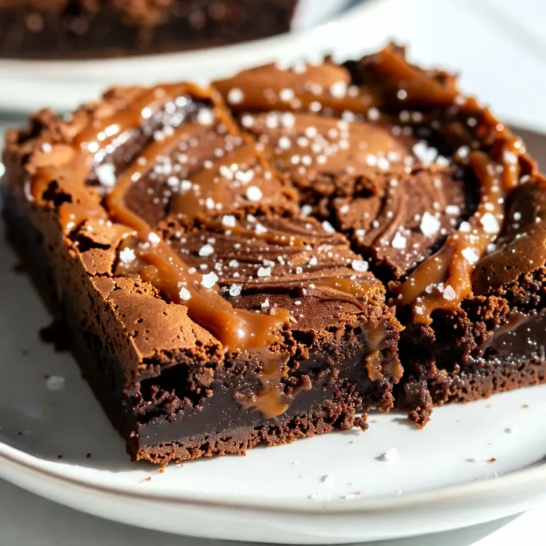 To make these salted caramel mocha brownies, gather the following ingredients: - 1 cup unsalted butter - 1 cup granulated sugar - 1 cup packed brown sugar - 4 large eggs - 1 teaspoon vanilla extract - 1 cup all-purpose flour - 1 cup cocoa powder - 1 teaspoon baking powder - 1/2 teaspoon salt - 1 tablespoon instant coffee granules - 1/2 cup chocolate chips - 1/2 cup salted caramel sauce (store-bought or homemade) - Sea salt for garnish You can easily swap some ingredients if needed. Here are a few ideas: - Use coconut oil instead of butter for a dairy-free option. - Replace granulated sugar with coconut sugar for a healthier choice. - Try using almond flour instead of all-purpose flour for a gluten-free version. - If you don’t have instant coffee, brew a strong coffee and use 1/4 cup in the batter. You will need a few tools to make these brownies: - 9x13 inch baking pan - Parchment paper - Medium saucepan - Mixing bowls - Whisk and spatula - Toothpick or knife for swirling Having these items ready will make your baking process smooth and fun! {{ingredient_image_1}} Start by preheating your oven to 350°F (175°C). This step is key for even baking. Next, grab a 9x13 inch baking pan. Line it with parchment paper. Leave some overhang on the sides. This helps you lift out the brownies later. Set the pan aside as you make the batter. In a medium saucepan, melt 1 cup of unsalted butter over low heat. Once it is melted, take it off the heat. Stir in 1 cup of granulated sugar and 1 cup of brown sugar. Make sure they blend well. Next, add 4 large eggs, one at a time. Mix well after each egg. Then, add 1 teaspoon of vanilla extract. In a separate bowl, whisk together 1 cup of all-purpose flour, 1 cup of cocoa powder, 1 teaspoon of baking powder, 1/2 teaspoon of salt, and 1 tablespoon of instant coffee granules. Make sure they are well mixed. Gradually add this dry mix to your wet mix. Stir until just combined; don’t overmix. Finally, fold in 1/2 cup of chocolate chips for extra richness. Pour half of the brownie batter into your prepared pan. Spread it evenly with a spatula. Drizzle half of the 1/2 cup of salted caramel sauce over this layer. Spoon the remaining batter on top and spread it gently. Drizzle the rest of the caramel sauce on top. Use a toothpick or knife to swirl the caramel into the batter. This creates a beautiful marbled effect. Now, it’s time to bake. Place the pan in the oven and bake for 25-30 minutes. Check with a toothpick. It should come out with a few moist crumbs. Once done, let the brownies cool in the pan for at least 15 minutes. Use the parchment paper overhang to lift them out. Transfer to a wire rack to cool completely. After cooling, cut into squares and sprinkle with sea salt for a tasty finish. To bake your brownies just right, keep an eye on the time. Bake them for 25 to 30 minutes. Check with a toothpick. If it comes out with a few moist crumbs, you're golden. If it comes out clean, they might be overbaked. Let them cool in the pan for 15 minutes. This helps them set up nicely. You can make these brownies even better! Add nuts like walnuts or pecans for a crunchy texture. You could also mix in some white chocolate chips for extra sweetness. For a fun twist, try adding a bit of mint extract. It pairs well with mocha flavors. Just remember to keep your additions balanced. Too much can overwhelm the brownie. One common mistake is overmixing the batter. This can lead to tough brownies, and nobody wants that! Mix just until the ingredients combine. Another pitfall is not using parchment paper. It makes removing the brownies so much easier. Lastly, don’t skip the sea salt on top. It enhances the flavor of the caramel and chocolate, making every bite a treat! Pro Tips Use Fresh Coffee Granules: For a more robust coffee flavor, use freshly ground coffee beans instead of instant coffee granules. Chill the Caramel Sauce: If using homemade caramel, let it cool completely before drizzling to prevent it from sinking into the batter. Don't Overmix: When combining wet and dry ingredients, mix just until incorporated. This will ensure your brownies remain fudgy and tender. Experiment with Toppings: Feel free to add nuts or additional chocolate chips on top before baking for added texture and flavor. {{image_2}} You can change the flavor of these brownies easily. Swap the cocoa powder for white chocolate for a sweet twist. Mix in peppermint extract for a festive touch. You can also add espresso powder for a stronger coffee flavor. Want more texture? Add in crushed cookies or candy bars. If you need gluten-free brownies, use almond or coconut flour instead of all-purpose flour. For a vegan option, replace the eggs with flax eggs or applesauce. Use plant-based butter and dairy-free chocolate chips. This way, you keep the rich taste without animal products. Nuts add a nice crunch to your brownies. Try walnuts or pecans for a classic touch. You can also sprinkle toppings like shredded coconut or crushed pretzels on top. For a fun finish, drizzle melted chocolate over the cooled brownies. It makes them look fancy and taste even better! To keep your salted caramel mocha brownies fresh, store them in an airtight container. This helps prevent them from drying out. You can also layer them with parchment paper. This will keep the brownies from sticking together. If you want, you can wrap them tightly in plastic wrap before placing them in the container. When stored properly, these brownies can last up to one week at room temperature. If you keep them in the fridge, they may last up to two weeks. Just remember that cold storage can alter their texture. For the best taste and texture, enjoy them within the first week. If you want to warm up your brownies, preheat your oven to 350°F (175°C). Place the brownies on a baking sheet and heat for around 5 to 10 minutes. You can also microwave a single brownie for about 10 to 15 seconds. Serve them warm with a scoop of vanilla ice cream or a drizzle of extra salted caramel sauce. This makes the dessert even more delightful. Yes, you can make these brownies ahead of time. Once baked, let them cool completely. Then, cover them tightly with plastic wrap or store them in an airtight container. They stay fresh for up to three days at room temperature. This makes it easy to have a sweet treat ready for guests or a special occasion. If you don't have instant coffee, you can use brewed coffee instead. Use about 1/4 cup of strong brewed coffee in place of the instant coffee granules. This will still give your brownies that rich mocha flavor. Just remember to reduce the liquid in your recipe slightly to maintain the right batter consistency. Yes, these brownies freeze well! After they cool, cut them into squares. Place the squares in a single layer on a baking sheet and freeze them for about an hour. Then, transfer them to a freezer-safe container. They can last for up to three months in the freezer. Thaw them in the fridge overnight before serving. These salted caramel mocha brownies are a delightful treat. We explored the ingredients, including possible substitutes and needed equipment. I shared how to make the batter and add rich caramel. With my tips, you can bake them to perfection. Remember, you can adjust flavors and try different mixes. Store them well for lasting freshness. Enjoy your tasty brownies any time!