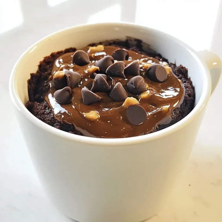 To make a chocolate peanut butter mug cake, you need the following: - 4 tablespoons all-purpose flour - 2 tablespoons unsweetened cocoa powder - 4 tablespoons granulated sugar - 1/8 teaspoon baking powder - 1/8 teaspoon salt - 3 tablespoons milk - 2 tablespoons peanut butter - 1 tablespoon vegetable oil - 1/4 teaspoon vanilla extract Each ingredient plays a key role in creating that rich flavor and fluffy texture. Flour adds structure, while cocoa gives the cake that deep chocolate taste. Sugar sweetens the mix, and baking powder helps it rise. Salt enhances all the flavors, and milk adds moisture for a soft bite. Peanut butter brings creaminess and a nutty kick, and oil keeps the cake moist. Lastly, vanilla adds a warm aroma. If you run out of an ingredient, don’t worry! Here are some easy swaps: - Use whole wheat flour instead of all-purpose for a nutty flavor. - Swap cocoa powder for carob powder if you want a caffeine-free option. - Honey or maple syrup can replace granulated sugar for a natural sweetener. - Almond milk or oat milk works great instead of regular milk. - For a nut-free version, sunflower seed butter can replace peanut butter. These substitutions can change the taste a bit but will still give you a yummy cake. You can make your mug cake even better with toppings! Here are some fun ideas: - Add chocolate chips on top for extra chocolate flavor. - Swirl in more peanut butter for a richer taste. - A scoop of vanilla ice cream adds a cool treat. - Chopped nuts give a nice crunch and extra nutrition. - Fresh berries or a drizzle of honey can add a fruity touch. Feel free to get creative! These toppings can change your cake and make it unique. Enjoy experimenting! {{ingredient_image_1}} First, grab a microwave-safe mug. Add 4 tablespoons of all-purpose flour, 2 tablespoons of unsweetened cocoa powder, and 4 tablespoons of granulated sugar. Then, sprinkle in 1/8 teaspoon of baking powder and 1/8 teaspoon of salt. Use a fork to mix these dry ingredients well. This step helps to spread the cocoa powder evenly. If not mixed well, the cocoa may clump up later. Next, pour in 3 tablespoons of milk. Then add 2 tablespoons of peanut butter and 1 tablespoon of vegetable oil. Finally, include 1/4 teaspoon of vanilla extract. Use your fork or a small whisk to mix everything together. Keep mixing until you have a smooth batter. Make sure there are no lumps left. If you love chocolate, fold in some chocolate chips for extra flavor. Now it's time to cook your mug cake! Place the mug in the microwave. Cook it on high for 40 to 60 seconds. The cake is done when it rises and sets in the center. Microwaves can vary, so check at 40 seconds. After cooking, let it cool for a minute. You can add more peanut butter or ice cream on top for a tasty treat. Enjoy every bite of your rich and quick chocolate peanut butter mug cake! To get a soft and fluffy mug cake, mix the dry ingredients well. This helps the cocoa blend evenly. When you add the wet ingredients, stir until the batter is smooth. Avoid over-mixing, as it can make the cake tough. Microwave it for just the right time. Check it often, as every microwave cooks differently. You want it to rise and set in the center. One common mistake is not measuring ingredients properly. Too much flour can make your cake dry. Also, skip the chocolate chips if you want a simpler taste. Make sure your mug is big enough to hold the cake as it rises. If your mug is too small, it will overflow. Lastly, don’t microwave for too long. The cake continues to cook after you take it out. Enjoy your mug cake warm right from the mug! You can add a dollop of peanut butter on top. A scoop of ice cream makes it extra special, too. Try drizzling some chocolate syrup for more flavor. If you want, sprinkle some chopped nuts for crunch. Share it with a friend or keep it all to yourself—no judgment here! Pro Tips Use a Larger Mug: Choose a mug that holds at least 12 ounces to prevent overflow while microwaving. Mix Thoroughly: Ensure all ingredients are well combined to avoid any dry flour or cocoa clumps in your cake. Experiment with Flavors: Add a pinch of cinnamon or a splash of coffee to enhance the chocolate flavor further. Customize Toppings: Top with whipped cream, crushed nuts, or your favorite candy for a unique twist on your mug cake. {{image_2}} You can easily make this mug cake vegan. Just swap the milk for a plant-based milk. Almond, soy, or oat milk all work well. Use maple syrup instead of granulated sugar. For the egg, skip it and add an extra tablespoon of peanut butter. This will keep the cake moist and delicious. To make a gluten-free version, switch all-purpose flour for a gluten-free flour blend. Make sure it has a good mix of starches and proteins. You may need to adjust the baking powder slightly. Check the label to ensure it’s gluten-free. This helps keep the cake fluffy and light. You can get creative with flavors. Add chopped nuts like walnuts or pecans for a crunch. If you love different chocolates, try dark or white chocolate chips. You can even swirl in a bit of caramel or use flavored peanut butter. Each twist adds a new layer of taste to your mug cake. To store any leftover mug cake, let it cool first. Then, place it in an airtight container. Keep it in the fridge for up to two days. If you want it to last longer, you can freeze it. Wrap it well in plastic wrap and then in foil. This way, you can enjoy it later. To reheat your mug cake, use the microwave. Place it in the microwave for about 10-15 seconds. Check it closely to avoid overcooking. You want it warm, not hot. If it feels dry, add a little milk or peanut butter on top. This will help bring back its moisture. For the best taste, eat your mug cake fresh. If you have leftovers, store them properly as noted. Avoid leaving it out at room temperature. This will help keep it soft and tasty. Always check for any signs of spoilage before eating. Enjoy your treat while it's still good! Yes, you can! If you don’t have a microwave, use an oven. Preheat your oven to 350°F (175°C). Pour the batter into a small oven-safe dish. Bake for about 15-20 minutes. Check with a toothpick to see if it's done. It should come out clean. This method takes longer but gives a great texture. Microwave times can vary. Start with 40 seconds. Then check if the cake is set. If it’s not, add 10-second bursts until done. Each microwave is different, so keep an eye on it. You want the cake to rise and look firm in the middle. Yes, you can double it! Just use a larger mug or bowl. Mix the dry and wet ingredients in a bigger bowl first. Then, divide the batter into two mugs. Microwave each mug separately. Adjust the time slightly if needed, but they should cook well. If you don’t like peanut butter, use almond butter or cashew butter. You can also try sun butter for a nut-free option. These substitutes will still give your cake a rich flavor. Just make sure to keep the same amount as the recipe calls for. In this blog post, I shared how to make a delicious mug cake. We covered the ingredients needed, substitutions, and optional toppings. I detailed step-by-step instructions, including mixing, pouring, and cooking in the microwave. I offered tips for the best texture and common mistakes to avoid. You learned about variations, like vegan and gluten-free options. I also included storage tips and frequently asked questions. Now you can enjoy a quick, tasty treat with ease. Your mug cake adventures await!