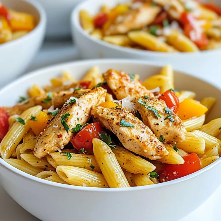 - Chicken and seasoning details - 2 boneless, skinless chicken breasts, sliced into strips - 2 tablespoons Cajun seasoning - 1 tablespoon olive oil - Vegetables needed - 1 medium onion, chopped - 1 bell pepper (red or green), sliced - 3 cloves garlic, minced - Pasta and sauce components - 8 oz penne pasta - 1 can (14.5 oz) diced tomatoes, undrained - 2 cups chicken broth - 1 cup heavy cream - Salt and pepper to taste - Fresh parsley, chopped (for garnish) - Grated Parmesan cheese (for serving) In this recipe, I choose quality chicken and bold Cajun spices. The Cajun seasoning gives a kick to the dish. I love using fresh vegetables like onion, bell pepper, and garlic. They add flavor and color. For the pasta, I prefer penne, as it holds the sauce well. The diced tomatoes create a rich base for the sauce. Chicken broth adds depth. Heavy cream makes it creamy and smooth. This mix of ingredients creates a hearty meal. Each bite bursts with flavor. You will enjoy this dish as much as I do! {{ingredient_image_1}} To start, season the chicken. I use two boneless, skinless chicken breasts. Slice them into strips. In a bowl, toss the strips with two tablespoons of Cajun seasoning. Make sure each piece is well coated. This step adds a lot of flavor. Next, it's time to cook the chicken. Heat one tablespoon of olive oil in a large skillet over medium-high heat. Add the seasoned chicken to the skillet. Cook it for about five to seven minutes until it’s browned and cooked through. Once done, remove the chicken from the skillet and set it aside. Now, let’s cook the vegetables. In the same skillet, add one chopped medium onion and one sliced bell pepper. You can pick red or green for color. Sauté the onion and pepper for about three to four minutes until they soften. After that, add three minced garlic cloves. Cook for one more minute until you smell the garlic. Next, we will create the sauce. Pour in one can of diced tomatoes, undrained, and two cups of chicken broth. Stir everything together to combine. Bring this mix to a simmer. This will help all the flavors blend well. Now, it's pasta time! Add eight ounces of penne pasta to the skillet. Stir well to combine with the sauce. Cover the skillet and let it simmer for about twelve to fifteen minutes. This allows the pasta to cook and soak up all the good flavors. Stir occasionally to keep it from sticking. We are almost done! Lower the heat and stir in one cup of heavy cream. Then, return the cooked chicken to the skillet. Mix everything well and let it heat through for another two to three minutes. Finally, adjust salt and pepper to taste. When serving, sprinkle some chopped parsley on top for color. If you like, add freshly grated Parmesan cheese for extra flavor. Enjoy your meal! Cooking times can change based on your stove and pan. Always check the chicken for doneness. It should reach 165°F. The pasta also needs your attention. Stir it often to keep it from sticking. If your pasta is firm, cook it a bit longer. Spice levels are key to Cajun dishes. If you love heat, add more Cajun seasoning. Start with a little, then taste. You can always add more, but you can't take it out. If you want less heat, use half the seasoning or add cream sooner. Pair this dish with a simple salad. A fresh green salad with vinaigrette works well. Garlic bread is also a great choice. It helps soak up the creamy sauce. For a nice presentation, use a large bowl. Serve the pasta family-style. Scatter fresh parsley on top for color. Add grated Parmesan cheese at the table. This way, everyone can add as much as they like. Pro Tips Perfectly Seasoned Chicken: Make sure to let the chicken marinate in the Cajun seasoning for at least 15 minutes before cooking for deeper flavor penetration. Adjust the Heat: If you prefer a milder dish, reduce the amount of Cajun seasoning or serve with a side of sour cream to balance the heat. Choosing the Right Pasta: Penne works well for this dish, but you can substitute with fusilli or farfalle for a different texture and presentation. Garnish Wisely: Fresh parsley not only adds a pop of color but also a fresh flavor that complements the richness of the cream. Don't skip it! {{image_2}} If you want a meat-free meal, you can swap chicken for tofu or tempeh. Both options work well with Cajun seasoning. Just make sure you cut them into small pieces. Cook the tofu or tempeh for about 5-7 minutes until golden brown. This keeps the cooking time close to the original recipe. For a gluten-free meal, you can use gluten-free penne pasta. Many brands offer good options that taste great. Check the package for cooking times, as they may differ slightly. Also, make sure your Cajun seasoning is gluten-free. This way, you can enjoy the dish without worry. You can boost the taste of your dish by adding spinach or mushrooms. Both add great texture and nutrients. Stir in about 2 cups of fresh spinach or 1 cup of sliced mushrooms when you sauté the veggies. You can also try adding different seasonings like smoked paprika or cayenne pepper for extra kick. This makes your dish even more exciting and full of flavor. To keep your One-Skillet Cajun Chicken Pasta fresh, follow these steps: - Refrigeration tips: Place leftovers in an airtight container. Store in the fridge for up to 3 days. Make sure to cool it first before sealing. - Freezing guidelines: If you want to freeze it, use a freezer-safe container. It can last up to 2 months in the freezer. To thaw, move it to the fridge overnight before reheating. For the best taste, reheating is key: - Best methods for reheating: Use the stovetop for even heating. Add a splash of water or broth to help it warm up nicely. You can also microwave it in short bursts, stirring in between. - Maintaining texture and flavor: Heat gently to keep the pasta from becoming mushy. Stir often, and add a bit of cream if it seems dry. This keeps the dish creamy and flavorful. You can easily make Cajun seasoning at home. Mix these spices together: - 1 tablespoon paprika - 1 teaspoon cayenne pepper - 1 teaspoon garlic powder - 1 teaspoon onion powder - 1 teaspoon dried oregano - 1 teaspoon dried thyme - 1 teaspoon black pepper - 1 teaspoon salt This blend gives your dish that bold Cajun flavor. You can adjust spice levels to fit your taste. Store any extra in a jar for later use. Yes, you can use different types of pasta. Here are some options: - Fusilli - Farfalle - Spaghetti - Gluten-free pasta Each type adds its own unique texture. Just adjust the cooking time based on the pasta you choose. Follow the package instructions for the best results. This recipe works great for meal prep. Here are some tips: - Cook in advance: Make a large batch and store it. - Storage: Keep it in airtight containers in the fridge for up to 3 days. - Freezing: You can freeze portions for up to a month. When you’re ready to eat, just reheat in the microwave or on the stove. Enjoy a hearty meal ready in no time! This blog post covered a flavorful recipe for Cajun chicken pasta. You learned about the key ingredients, step-by-step cooking methods, and variations for different diets. I hope the tips and tricks helped you perfect your dish. Remember, you can adjust spices and try new ingredients to make it your own. As you store leftovers, follow the tips to keep your meal fresh. Enjoy sharing this dish with family and friends, and have fun experimenting with flavors!