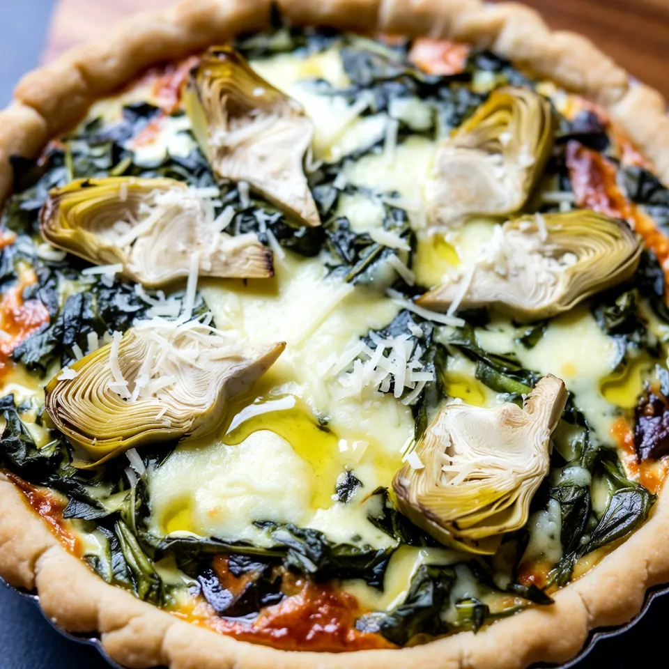 - 1 pre-made pie crust (9-inch) - 2 cups fresh spinach, chopped - 1 cup canned artichoke hearts, drained and chopped - 1 cup shredded mozzarella cheese - ½ cup grated Parmesan cheese - 4 large eggs - 1 cup half-and-half (or milk) - 2 cloves garlic, minced - Salt and black pepper to taste - 1 teaspoon dried basil - 1 teaspoon olive oil - Optional: red pepper flakes for a kick When I prepare my Spinach Artichoke Quiche, I love using fresh ingredients. They boost flavor and nutrition. The main star is the spinach. I use two cups, making the quiche vibrant and healthy. I also add artichoke hearts. They bring a nice texture and taste. Next, I incorporate cheeses. I use one cup of shredded mozzarella. This cheese melts beautifully. I also mix in half a cup of grated Parmesan. This adds a rich, nutty flavor. For the base, I grab a pre-made pie crust. It saves time and ensures a flaky texture. You can easily find these at any store. I also need eggs to bind it all. Four large eggs create a fluffy filling. I add one cup of half-and-half for creaminess. If you want, you can swap it for milk. Don't forget the garlic! Two cloves minced add a punch of flavor. I season with salt and black pepper. I also include a teaspoon of dried basil for a hint of herbiness. For a little heat, I suggest red pepper flakes. Just sprinkle some in if you like spice. This quiche is versatile and can adapt to what you enjoy. {{ingredient_image_1}} First, preheat your oven to 350°F (175°C). In a skillet, heat 1 teaspoon of olive oil over medium heat. Add 2 cloves of minced garlic and sauté them for about 30 seconds. Then, toss in 2 cups of chopped spinach. Cook the spinach until it wilts, which takes about 2 to 3 minutes. Remove it from heat and let it cool for a moment. Next, in a large mixing bowl, crack 4 large eggs. Add 1 cup of half-and-half, salt, black pepper, and 1 teaspoon of dried basil. Whisk them together until smooth. Now, fold the sautéed spinach, 1 cup of chopped artichoke hearts, 1 cup of shredded mozzarella cheese, and half of the ½ cup of grated Parmesan cheese into this egg mixture. Now, take your pre-made 9-inch pie crust and pour the filling into it. Make sure to spread it evenly. Then, sprinkle the remaining Parmesan cheese on top for a crispy, golden finish. This step adds a nice touch and extra flavor. Place the quiche in the preheated oven. Bake it for about 35 to 40 minutes. Keep an eye on it. You want the filling to set and the top to turn lightly golden. To check for doneness, insert a knife into the center. If it comes out clean, it’s ready. Once baked, let the quiche cool for about 10 minutes. This cooling time makes it easier to slice and serve. Enjoy your savory delight! To create a great quiche, sauté the spinach right. Heat olive oil in a pan over medium heat. Add minced garlic first and cook it until it smells good, about 30 seconds. Then, toss in the chopped spinach. Cook it for just 2-3 minutes until it wilts. This keeps the spinach bright and tasty. To avoid a soggy crust, use a pre-made pie crust. Before adding the filling, you can blind bake it. This means baking it for a few minutes alone. Use pie weights or beans to hold it down. This step helps keep the bottom crispy and firm. For the best flavor and texture, I recommend using mozzarella and Parmesan cheese. Mozzarella melts well and adds creaminess. Parmesan gives a nice salty touch. Mixing these cheeses creates a rich taste in your quiche. If you want a lighter quiche, try non-dairy cheese. Many brands offer good taste and melt well. Look for options labeled as vegan mozzarella or Parmesan. They can still give you that creamy feel, without the dairy. Pair your quiche with a fresh salad. A simple green salad with a light vinaigrette works great. It balances the richness of the quiche. You can also serve it with sliced tomatoes or a fruit platter for a colorful touch. For presentation, slice the quiche into even pieces. Arrange them nicely on a plate. You can garnish with fresh herbs, like basil or parsley, for a pop of color. This makes your dish look extra special and appetizing. Pro Tips Use Fresh Ingredients: Whenever possible, opt for fresh spinach and artichokes to enhance the flavor and nutritional value of your quiche. Let It Cool: Allow the quiche to cool for about 10 minutes before slicing, as this helps the filling set and makes for cleaner slices. Experiment with Cheeses: Feel free to mix in different cheeses such as feta or goat cheese for a unique flavor twist that complements the spinach and artichokes. Make It Ahead: This quiche can be made a day in advance and stored in the refrigerator. Reheat slices in the oven for a quick and delicious meal. {{image_2}} You can make your quiche even better. Adding protein is one great way. Try crispy bacon or diced ham. Both options add a savory touch. For a vegetarian version, swap in mushrooms or bell peppers. These will give a fresh taste and keep it hearty. Herbs and spices can really boost the flavor. Consider adding fresh herbs like thyme or dill. They make the quiche smell amazing. If you like heat, sprinkle in red pepper flakes. Adjust the amount to fit your spice levels. Just a pinch can bring out new flavors. If you need a gluten-free option, use a gluten-free crust. Many stores offer great choices. For nut-free variations, skip any nut-based ingredients. You can also try dairy-free milk for a lighter version. Just make sure to pick a milk that fits your taste. To keep your quiche fresh, store it in the fridge. Place it in an airtight container. You can also cover it tightly with plastic wrap or foil. This helps keep moisture in and air out. Spinach artichoke quiche stays good for about 3 to 4 days in the fridge. When you reheat quiche, you want to keep it tasty and fluffy. The best way is to use an oven. Preheat your oven to 350°F (175°C). Place the slices on a baking sheet. Heat for about 15–20 minutes. This warms it through without making it soggy. If you want to store it longer, you can freeze it. Wrap slices in plastic wrap, then place them in a freezer bag. It can last for up to 2 months in the freezer. To cook quiche straight from frozen, preheat your oven to 375°F (190°C). Remove the wrap and place it on a baking sheet. Bake for 50–60 minutes until hot and golden. You can also thaw it first. To do this, place it in the fridge overnight. Then, reheat it in the oven as mentioned before. Thawing helps keep the texture nice, so you enjoy every bite. Yes, you can make this quiche one day in advance. After baking, let it cool completely. Cover it and store it in the fridge. This way, the flavors will blend even more. Absolutely! I recommend freezing it before baking. Wrap it well in plastic wrap and foil. You can freeze it for up to three months. When ready, bake it straight from the freezer. To reheat, place the slice in the oven at 350°F (175°C) for about 15-20 minutes. This keeps the crust crispy and the filling warm. You can also use a microwave, but it may make the crust soggy. Yes, you can use fresh artichokes! Just cook and prepare them first. This adds a fresh taste to your quiche. Remember to remove the tough outer leaves and heart. To help your quiche set, use the right ratio of eggs to dairy. Make sure to bake it until the center is firm. If it jiggles too much, give it more time in the oven. This Spinach Artichoke Quiche is an easy and tasty dish. We covered key ingredients, step-by-step instructions, and helpful tips. You can customize the recipe with different flavors and dietary needs. Remember to store leftovers correctly for lasting freshness. Enjoy making this quiche for your next meal or gathering. With practice, you’ll master it. Now, grab your ingredients and start baking!