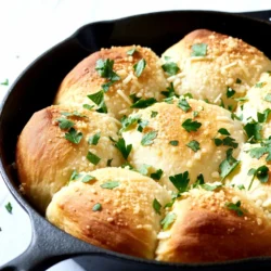 To make garlic Parmesan skillet rolls, gather these key ingredients: - 2 cups all-purpose flour - 1 tablespoon baking powder - 1 teaspoon salt - 1 tablespoon sugar - 3/4 cup milk - 1/4 cup vegetable oil - 4 tablespoons unsalted butter, melted - 4 cloves garlic, minced - 1/2 cup grated Parmesan cheese - 1 tablespoon chopped fresh parsley (for garnish) These simple ingredients create a soft, savory roll full of flavor. You can swap some ingredients if needed. Here are some ideas: - Use whole wheat flour for a healthier option. - Almond milk or oat milk works well instead of regular milk. - Olive oil can replace vegetable oil for a richer taste. - Fresh herbs like thyme or rosemary can add unique flavors. Feel free to get creative with what you have on hand. Each roll has about 150 calories. Here’s a quick breakdown: - Calories: 150 - Protein: 4g - Fat: 8g - Carbohydrates: 16g - Fiber: 0.5g These rolls are tasty and can fit into many diets. Enjoy them as a side dish or a snack! {{ingredient_image_1}} To start, gather your ingredients. You need two cups of flour, a tablespoon of baking powder, salt, and sugar. In a bowl, mix these dry items well. Make a well in the center of the mix. Pour in three-quarters of a cup of milk and a quarter cup of vegetable oil. Stir until a soft dough forms. Next, turn the dough out onto a lightly floured surface. Knead it gently for about one minute. This will make the dough smooth. Divide it into twelve equal pieces. Shape each piece into a ball. This step helps every roll to cook evenly. Now, let’s cook those rolls! In a skillet over medium heat, melt two tablespoons of butter. Add four cloves of minced garlic and sauté for one to two minutes. Watch closely so the garlic does not burn. Carefully place the dough balls in the skillet. They should touch each other slightly. Drizzle the remaining melted butter over the rolls. Sprinkle half a cup of grated Parmesan cheese on top. The cheese will melt and add great flavor. Cover the skillet with a lid. Let the rolls rise for fifteen minutes. After resting, lower the heat. Cook for about fifteen to twenty minutes. You want them golden brown and cooked through. For the best rolls, keep a few tips in mind. First, do not rush the kneading process. A minute is enough to make it smooth. Second, make sure the garlic is fragrant but not burnt. This keeps the flavor fresh. When cooking, check the heat. Too high will burn the rolls. Too low will leave them raw inside. Lastly, garnish with fresh parsley after cooking. This adds color and a fresh taste. Enjoy these rolls warm for the best experience! To boost the taste of your garlic Parmesan skillet rolls, consider these tips: - Use fresh garlic. It gives a strong flavor that dried garlic can’t match. - Try different cheeses. Mix in mozzarella or cheddar for a twist. - Add herbs. Chopped rosemary or thyme can add depth to the rolls. - Use garlic powder for a milder taste. This can be a great option if you prefer less garlic punch. Sometimes, things do not go as planned. Here are some common problems: - Dough too sticky? Add a bit more flour until it feels right. - Rolls not rising? Make sure your baking powder is fresh. Old powder will not work well. - Burnt garlic? Keep an eye on the garlic while sautéing. It cooks fast! These rolls are great on their own, but they pair well with many dishes: - Serve alongside a fresh salad. The rolls balance the crisp greens. - Enjoy with a bowl of soup. They make a perfect dipper for creamy soups. - Drizzle extra garlic butter on top before serving. It adds a delicious finish. Pro Tips Use Fresh Garlic: Freshly minced garlic adds a robust flavor compared to pre-minced options. Be sure to use fresh cloves for the best taste. Don't Overmix the Dough: Mix the dough just until combined to ensure the rolls are light and fluffy. Overmixing can lead to dense rolls. Monitor Heat Carefully: Cooking the rolls on low heat is key to achieving a golden brown exterior while ensuring the inside is fully cooked. Experiment with Cheese: While Parmesan is delicious, feel free to mix in other cheeses like mozzarella or cheddar for added flavor and texture. {{image_2}} You can easily change the taste of these rolls. Try using whole wheat flour instead of all-purpose flour. This swap gives a nutty flavor and adds fiber. You can also replace Parmesan with Asiago or Pecorino cheese for a new twist. For a kick, add some red pepper flakes to the garlic mix. Making these rolls vegan is simple. Use almond milk or oat milk in place of regular milk. Swap the butter with vegan butter or olive oil. For cheese, try nutritional yeast. It adds a cheesy flavor without dairy. These swaps keep the rolls tasty and light. You can get creative with toppings. Add herbs like rosemary or thyme for extra flavor. Try mixing in chopped olives or sun-dried tomatoes for a Mediterranean touch. You can even sprinkle some sesame seeds on top before cooking for a crunchy finish. Each mix-in brings a unique taste to the rolls. To store leftover garlic parmesan skillet rolls, let them cool first. Once cool, place them in an airtight container. You can also wrap them in plastic wrap. Store the rolls at room temperature for up to two days. For longer storage, keep them in the fridge. This keeps them fresh for about a week. You can freeze these rolls for longer storage. Start by letting them cool completely. Then, place them in a freezer-safe bag or container. Make sure to remove as much air as possible. Label the bag with the date. These rolls can last in the freezer for up to three months. To enjoy later, just thaw them overnight in the fridge. To reheat the rolls, first, take them out of the fridge or freezer. If they are frozen, let them thaw completely. Preheat your oven to 350°F. Place the rolls on a baking sheet and cover them with foil. Heat for about 10-15 minutes or until warm. If you want them crispy, remove the foil for the last few minutes. Enjoy the fresh taste just like when they were made! You can tell when the rolls are done by looking at their color. They should turn golden brown. You can also poke one with a toothpick. If it comes out clean, the rolls are ready. The rolls should feel soft but firm to the touch. Yes, you can make these rolls in advance. Prepare the dough and shape it into balls. Then, cover them and place them in the fridge for up to 24 hours. When you’re ready to cook, let the dough sit at room temperature for 15 minutes before cooking in the skillet. These rolls pair well with many dishes. You can serve them with soups, salads, or pasta. They also make a great side for grilled meats. For a fun twist, serve them with marinara sauce for dipping. Enjoy these rolls warm for the best flavor! This post covers how to make garlic parmesan skillet rolls. We reviewed the key ingredients, cooking steps, and expert tips to help you succeed. I shared variations to fit your taste and storage methods for leftovers. Making these rolls can be fun and rewarding. With the right ingredients and techniques, you can create a dish that everyone loves. Enjoy your cooking and the tasty rolls you will make!