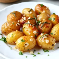 - 1.5 pounds baby potatoes, halved - 4 tablespoons unsalted butter, melted - 5 cloves garlic, minced - 1 tablespoon fresh rosemary, chopped (or 1 teaspoon dried) - 1 tablespoon fresh parsley, chopped (for garnish) - Salt and pepper to taste - 1 teaspoon paprika (optional for extra flavor) If you do not have baby potatoes, you can use regular potatoes. Just cut them into smaller pieces. For butter, olive oil works well too. If you want to skip garlic, you can try onion powder. Fresh herbs give great taste, but dried herbs are fine. Use whatever you have on hand. To make garlic butter roasted potatoes, you need a few tools. Use a large mixing bowl to combine the ingredients. A baking sheet lined with parchment paper makes cleaning easy. A knife and cutting board help you chop the potatoes and garlic. Lastly, have an oven ready, set to 400°F (200°C), to roast those tasty potatoes! {{ingredient_image_1}} Start by washing your baby potatoes. Cut them in half to help them cook faster. This also makes them easier to eat. You want to ensure that they are all about the same size. This helps them roast evenly. In a large bowl, combine the halved potatoes with melted butter. Add the minced garlic, chopped rosemary, salt, and pepper. If you like, sprinkle in some paprika for extra flavor. Mix everything well until the potatoes are fully coated. This step is key for great taste. Preheat your oven to 400°F (200°C). Spread the coated potatoes on a baking sheet. Make sure they are in a single layer for even cooking. Roast them for 25 to 30 minutes. Halfway through, toss them gently to help them brown evenly. When they are golden brown and tender, take them out. Drizzle any leftover garlic butter over the top. Finish with fresh parsley for a pop of color. Enjoy your warm, tasty dish! When making garlic butter roasted potatoes, you want to use baby potatoes. They are small, tender, and cook evenly. You can use Yukon Gold or red baby potatoes for a creamy texture. Cut them in half to help them roast well. This way, they soak up all the lovely garlic butter. Garlic is key to this dish. Use fresh garlic for the best taste. Mince five cloves to get a strong flavor. You can also roast the garlic in the butter if you want a sweeter taste. This makes the garlic less sharp and gives a lovely depth. Add the garlic early to the melted butter so it blooms and spreads its flavor. Cooking time matters for great results. Roast the potatoes at 400°F (200°C) for 25-30 minutes. If your potatoes are larger, they will need more time. Check them halfway through and toss them for even cooking. You want them golden brown and fork-tender. This way, you get crispy edges and a soft center. Pro Tips Choose the Right Potatoes: Baby potatoes are ideal for this recipe due to their creamy texture. You can also use Yukon Gold or red potatoes for a different flavor profile. Don't Skip the Tossing: Tossing the potatoes halfway through roasting ensures they cook evenly and develop a perfect golden-brown crust on all sides. Fresh Herbs Make a Difference: Using fresh herbs like rosemary and parsley enhances the flavor significantly compared to dried. If available, always opt for fresh! Leftovers are Delicious: These garlic butter roasted potatoes taste great the next day! Reheat them in the oven for a crispy texture or add them to a breakfast hash. {{image_2}} You can boost flavor with cheese and spices. Try adding grated Parmesan for a salty kick. Cheddar cheese also melts well over the potatoes. For spice lovers, add cayenne or chili powder. They give a nice heat. You can also use garlic powder if you want more garlic flavor. Mix and match to create your favorite taste. If you have an air fryer, it’s a great tool for these potatoes. Cook them at 375°F for about 20 minutes. Shake the basket halfway through for even crispiness. You can also use an Instant Pot for a faster method. Steam the potatoes for 5 minutes, then sauté with garlic butter. This gets you tender potatoes with less time. Change the herbs based on the season. In spring, try fresh dill for a light touch. Summer is perfect for basil, adding freshness. In fall, use thyme or sage for a warm vibe. In winter, rosemary works well for a nice, cozy flavor. These herbs can change the dish and keep it exciting all year round. You can store leftover garlic butter roasted potatoes in the fridge. Place them in an airtight container. They will stay fresh for about 3 to 5 days. When you want to eat them, just take them out and reheat. To freeze garlic butter potatoes, let them cool first. Place them in a freezer-safe bag or container. They can last for up to 2 months in the freezer. When you want to use them, thaw in the fridge overnight. Reheat your potatoes in the oven for the best taste. Set your oven to 350°F (175°C). Place the potatoes on a baking sheet and bake for 10-15 minutes. You can also microwave them for 2-3 minutes, but they may not be as crispy. Enjoy your tasty leftovers! Garlic butter roasted potatoes can last in the fridge for 3 to 5 days. Store them in an airtight container. Make sure they cool down before sealing. If you want them to last longer, you can freeze them. They can stay fresh in the freezer for up to 3 months. Yes, you can use many types of potatoes. Yukon Gold and red potatoes work well. They have great flavor and nice textures. If you prefer, you can also use fingerling potatoes. Just make sure to cut them to similar sizes for even cooking. These roasted potatoes pair well with many dishes. You can serve them with grilled chicken or fish. They also go great with steak or roasted veggies. For a complete meal, add a fresh salad or some garlic bread on the side. To achieve crispy garlic butter roasted potatoes, space them out on the baking sheet. Avoid crowding them. This allows the heat to circulate around each potato. Tossing them halfway through cooking helps too. If you want extra crispiness, broil them for a few minutes at the end. We covered how to make delicious garlic butter roasted potatoes. I shared key ingredients, tips for cooking, and ways to store leftovers. You learned about ingredient swaps and tasty variations too. The right potato makes a big difference in flavor. Now, you can confidently try new methods and serve these potatoes with any meal. Enjoy the process and your tasty result!