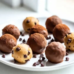 To make these tasty chocolate chip cookie dough truffles, gather the following items: - 1 cup all-purpose flour - ½ teaspoon baking soda - ¼ teaspoon salt - ½ cup unsalted butter, softened - ¾ cup brown sugar, packed - ¼ cup granulated sugar - 1 teaspoon vanilla extract - 2 tablespoons milk - ½ cup mini chocolate chips - 1 cup semi-sweet chocolate chips (for coating) - 1 tablespoon coconut oil (optional, for smoother coating) You can enhance your truffles with these optional items: - Sea salt for a touch of flavor - Chopped nuts for a crunchy bite - Different types of chocolate chips like milk or dark If you have allergies or dietary needs, consider these swaps: - Use almond flour for a gluten-free option. - Substitute dairy butter with vegan butter or coconut oil. - Use a milk alternative like almond milk or oat milk. These simple swaps keep the fun without compromising taste! {{ingredient_image_1}} Start by measuring 1 cup of all-purpose flour. Place it in a heat-proof bowl. Microwave the flour for about 60 seconds. This step kills any germs present. Let the flour cool down completely before using it. In a small bowl, mix the cooled flour with ½ teaspoon of baking soda and ¼ teaspoon of salt. Set this bowl aside. In a larger bowl, beat ½ cup of softened unsalted butter. Add ¾ cup of brown sugar and ¼ cup of granulated sugar. Mix until it becomes creamy and fluffy. Then, pour in 1 teaspoon of vanilla extract and 2 tablespoons of milk. Stir until everything combines well. Gradually add your dry mix to the butter mix. Stir until just combined. Then, gently fold in ½ cup of mini chocolate chips. Next, use your hands to scoop tablespoon-sized portions of cookie dough. Roll each portion into a smooth ball. Place these balls on a parchment-lined baking sheet. Refrigerate them for at least 30 minutes. This helps them stay firm. Now, get a microwave-safe bowl and add 1 cup of semi-sweet chocolate chips. If you want a smoother coat, add 1 tablespoon of coconut oil. Melt the chocolate in 30-second intervals. Stir between each interval until it's nice and smooth. Remove the dough balls from the fridge. Dip each ball into the melted chocolate, making sure it is fully coated. Use a fork or toothpick to lift it out and let excess chocolate drip off. Return the coated truffles to the parchment-lined baking sheet. Repeat for all dough balls. Finally, chill them again for at least 30 minutes. This lets the chocolate harden nicely. To get the best texture for your truffles, start with the flour. Heat it in a microwave for 60 seconds. This step removes any bacteria. After that, let it cool before mixing. Use softened butter for a creamy base. This helps the dough stay smooth. When you mix the dry and wet ingredients, don’t over-mix. Stop as soon as everything comes together. This keeps your truffles soft and chewy. Coating your truffles in chocolate can be tricky. To melt the chocolate, use a microwave-safe bowl. Heat the chocolate chips in 30-second bursts. Stir between each burst to avoid burning. If you want a smooth finish, add a tablespoon of coconut oil. This makes the chocolate easier to work with. When coating, use a fork or toothpick. Dip each dough ball fully, then let the excess chocolate drip off. This helps create a nice, even layer. Serving your truffles can be fun. Place them in a pretty box or on a decorative plate. For a special touch, dust them with cocoa powder. You can also surround them with mini chocolate chips. This makes for a lovely display. Keep them chilled until serving. This ensures they stay firm and delicious. Your guests will love these delightful treats! Pro Tips Use Heat-Treated Flour: Heating the flour in the microwave for 60 seconds kills any potential bacteria, making your cookie dough safe to eat raw. Chilling is Crucial: Refrigerate the dough balls before coating them in chocolate. This helps them maintain their shape and prevents the chocolate from melting too quickly. Perfect Chocolate Coating: For a smoother chocolate coating, add a tablespoon of coconut oil to the melted chocolate. This gives a nice sheen and makes it easier to work with. Storage Tips: Keep the truffles in an airtight container in the refrigerator for up to a week, or freeze them for longer storage. Just allow them to thaw in the fridge before enjoying. {{image_2}} You can make these truffles vegan easily. Start by replacing the unsalted butter with a plant-based butter. Use a non-dairy milk, like almond or oat milk. For the chocolate coating, choose dairy-free chocolate chips. This way, you keep all the rich flavor while making it plant-friendly. To make gluten-free truffles, swap the all-purpose flour for a gluten-free blend. You can also use almond flour for a nutty taste. Check labels to ensure your chocolate chips are gluten-free. These small changes will give you a tasty treat without gluten. Mix up the flavors to keep things fun! For nutty truffles, add chopped nuts like walnuts or pecans to the dough. You can also stir in nut butter for creaminess. If you want fruity truffles, add dried fruits like cranberries or chopped apricots. These twists add new tastes and textures to your treats. Explore and find your favorite mix! To keep your truffles fresh, place them in an airtight container. Line the container with parchment paper to prevent sticking. Store the truffles in the fridge. This keeps them cool and tasty. You can also put them in a decorative box for a fun touch. You can freeze these truffles for later. First, place them on a tray in a single layer. Freeze them for about 1-2 hours until firm. Once they are hard, transfer them to a freezer-safe bag. They stay fresh for up to three months. To enjoy, just thaw them in the fridge for a few hours. These truffles last about one week in the fridge. After a week, they may lose their taste and texture. Check for any signs of spoilage, like a change in smell or texture. For the best flavor, enjoy them within the first few days. Yes, you can eat raw cookie dough, but it's vital to heat-treat the flour first. Heating the flour helps kill any harmful bacteria. Once you do this, the dough becomes safe to enjoy. It tastes great and is fun to eat! To prevent cracking, ensure the chocolate coating is at a good temperature. When melting chocolate, use gentle heat. Stir frequently to keep it smooth. After coating the truffles, let them chill slowly in the fridge. This helps the chocolate set evenly and reduces cracks. I recommend using semi-sweet chocolate chips for coating truffles. They melt well and add a nice, rich flavor. You can also use dark chocolate for a more intense taste. Milk chocolate is sweeter and works if you prefer a lighter flavor. Absolutely! You can mix and match different chocolate chips. Feel free to use white chocolate, dark chocolate, or even flavored varieties. Each type will give your truffles a unique taste. Experiment to find your favorite combination! This blog post covers all you need to know for making chocolate chip cookie dough truffles. We explored the key ingredients, step-by-step instructions, and tips for great texture and coating. You learned about variations, storage methods, and important FAQs. In summary, making these truffles is fun and simple! Feel free to experiment with flavors and substitutes. With practice, you'll create delicious treats to share or enjoy yourself.