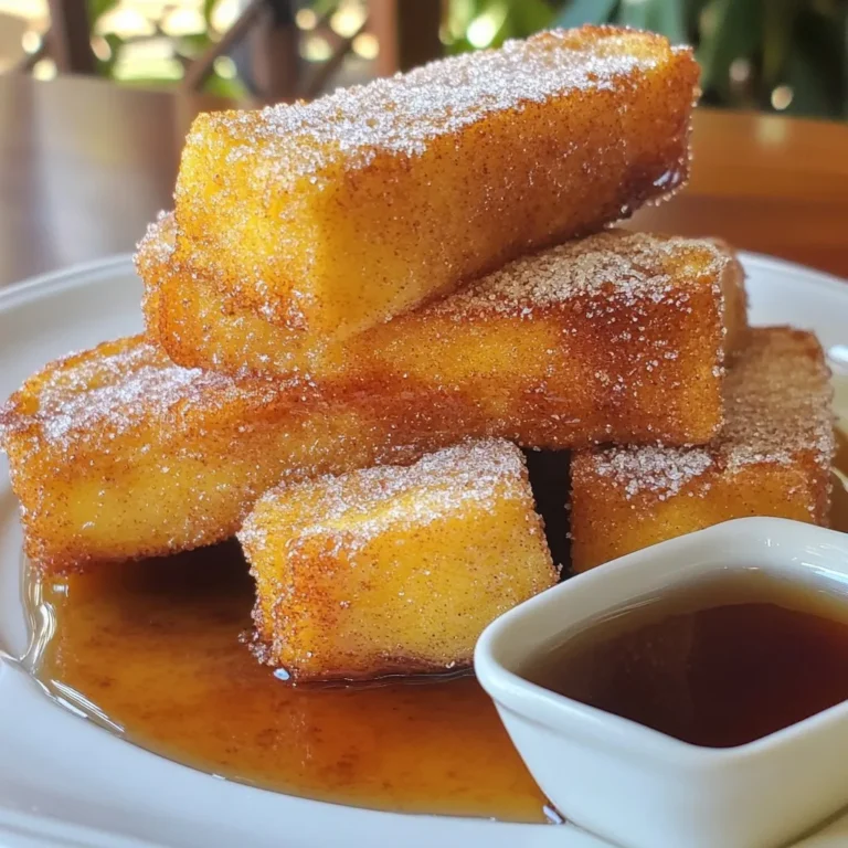 To make Cinnamon Sugar French Toast Sticks, you will need: - 4 slices of thick bread (like brioche or Texas toast) - 2 large eggs - 1/2 cup milk - 1 teaspoon vanilla extract - 1 teaspoon ground cinnamon - 2 tablespoons sugar - 1 tablespoon butter For a tasty dip, consider adding: - Maple syrup - Honey If you need alternatives, here are some great options: - For bread, use any thick slice like challah or sourdough. - You can swap milk for almond or oat milk. - Instead of sugar, try coconut sugar for a lower glycemic index. {{ingredient_image_1}} Start by grabbing a shallow bowl. You will whisk together the eggs, milk, vanilla extract, and ground cinnamon. Mix until everything combines smoothly. This mixture is key for the rich flavor and texture of your French toast sticks. Next, take your thick bread. I like to use brioche or Texas toast for extra softness. Slice each piece into three long sticks. This step shapes the French toast sticks and makes them perfect for dipping. Now, heat a non-stick skillet over medium heat. Add a tablespoon of butter and let it melt. Dip each bread stick into the egg mixture. Make sure to coat all sides well. Let the excess drip off before placing them in the skillet. Cook the sticks for about 2-3 minutes on each side. You want them golden brown and crispy. - Tips on Cooking in Batches: If your skillet is small, cook in batches. This way, each stick gets enough space to cook evenly. Keep cooked sticks warm on a plate while you finish the rest. To get crisp French toast sticks, use a hot skillet. A non-stick pan works best. Make sure to coat the sticks well in the egg mixture. Let any extra egg drip off before cooking. This helps them fry evenly. Cook them for about 2-3 minutes on each side. Watch for a golden brown color. If you need to, cook in batches to avoid crowding the pan. This keeps the heat steady and helps them crisp up. Choosing the right bread is key. I suggest thick bread like brioche or Texas toast. They soak up the egg mixture well. You can also try challah for a rich taste. Avoid thin or flimsy bread. It may turn soggy and fall apart. Always go for a bread that feels sturdy. Serve these sticks warm for the best taste. Maple syrup or honey makes a great dip. You can also sprinkle some fresh fruit on the side. Berries add a nice touch. If you want a fun twist, try whipped cream on top. For a bit of crunch, add some nuts. These ideas make your French toast sticks even tastier! Pro Tips Use Day-Old Bread: Slightly stale bread absorbs the egg mixture better without becoming too soggy, resulting in a perfectly crispy texture. Customize Your Spices: Feel free to add nutmeg or allspice to the cinnamon sugar mix for an extra layer of flavor. Keep It Warm: If making in batches, keep the finished French toast sticks warm in an oven set to 200°F (95°C) until serving. Experiment with Dipping Sauces: While maple syrup is classic, try serving with chocolate sauce or fruit compote for an exciting twist. {{image_2}} You can change the taste of your cinnamon sugar French toast sticks with just a few tweaks. Try adding a pinch of nutmeg for a warm, earthy note. If you love almond flavor, add a few drops of almond extract to the egg mixture. These small changes can really elevate your dish and make it feel special. Toppings are a fun way to make your French toast sticks even better. Fresh fruits like strawberries or bananas add a juicy burst of flavor. You can also add whipped cream for a sweet touch. A drizzle of chocolate sauce or caramel can turn this dish into a dessert. Get creative and mix and match your favorites! If you need gluten-free options, use gluten-free bread. This way, you can enjoy the same great taste. For a dairy-free version, swap regular milk for almond or oat milk. These options keep the flavor rich and delicious without the dairy. Enjoy your French toast sticks, no matter your dietary needs! To store leftover French toast sticks, let them cool first. Place them in an airtight container. You can keep them in the fridge for up to three days. This will keep them fresh and safe to eat. To reheat, use a toaster or an oven. Preheat the oven to 350°F. Place the sticks on a baking sheet. Heat for about 10 minutes or until warm. The toaster can also work; just pop them in until warm. This keeps them crispy. If you want to freeze French toast sticks, first let them cool. Lay them on a baking sheet in a single layer. Freeze them for about one hour. Once frozen, transfer them to a freezer-safe bag. They can last for up to three months. When ready to eat, just reheat from frozen. Yes, you can use regular bread if you prefer. However, thick bread works best. Thick bread holds the egg mixture better and gives you a nice crunch. If you use thin bread, it may become too soggy. Choose your favorite type for the best flavor. To keep your sticks crispy, dip them quickly in the egg mixture. Let the excess drip off before cooking. Also, make sure your skillet is hot enough. Cooking them in batches helps too. This way, each stick gets the right amount of heat. You can serve these sticks with a variety of sauces. Some tasty options are: - Maple syrup - Honey - Chocolate sauce - Fruit preserves - Yogurt These dips add extra flavor and fun. Try mixing and matching to find your favorite! Some readers ask about the best time to eat these sticks. They are perfect for breakfast, brunch, or a snack. You can also make them ahead of time. Just reheat them in the oven for a quick treat! You learned how to make delicious French toast sticks from scratch. I covered the best ingredients and tips for cooking. You can try variations to fit your tastes. Remember to store leftovers properly for later. Enjoy these treats as a fun breakfast or snack. You can impress friends and family with your skills. Keep experimenting with flavors and toppings. Happy cooking!