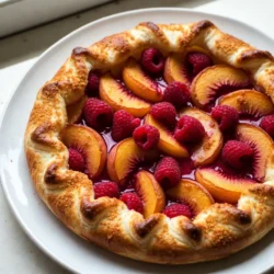 To make a peach raspberry galette, gather these ingredients: - 1 ½ cups all-purpose flour - ½ teaspoon salt - 1 tablespoon sugar - ½ cup unsalted butter, cold and cubed - 4 to 5 tablespoons ice water - 2 ripe peaches, sliced - 1 cup fresh raspberries - ¼ cup sugar (adjust based on fruit sweetness) - 1 tablespoon cornstarch - 1 teaspoon vanilla extract - 1 egg, beaten (for egg wash) - 1 tablespoon turbinado sugar (for sprinkling) You can swap ingredients if needed. Instead of all-purpose flour, try whole wheat flour for a hearty crust. If you want a dairy-free version, use vegan butter. For a gluten-free option, use a 1:1 gluten-free flour blend. You can replace turbinado sugar with brown sugar or regular granulated sugar. Choose ripe peaches for the best flavor. Look for peaches that are slightly soft and fragrant. Avoid any with bruises or dark spots. For raspberries, select firm, plump ones. They should be deep in color and have no signs of mold. Fresh fruit makes your galette taste amazing! {{ingredient_image_1}} First, gather your ingredients for the dough. You will need all-purpose flour, salt, sugar, and cold butter. In a bowl, mix the flour, salt, and sugar. Then, add the cold butter. Use a pastry cutter or your fingers to blend until it looks like coarse crumbs. Next, add ice water one tablespoon at a time. Mix gently until the dough forms. Shape it into a disk and wrap it in plastic. Chill it in the fridge for at least 30 minutes. While the dough chills, prepare the fruit filling. Slice the ripe peaches and place them in a large bowl. Add fresh raspberries, sugar, cornstarch, and vanilla extract. Toss everything together until the fruit is well coated. Let it sit for about 10 minutes. This helps the flavors blend and the fruit to soften. After chilling the dough, preheat your oven to 375°F (190°C). Roll out the dough on a floured surface into a 12-inch circle. Transfer the dough to a parchment-lined baking sheet. Spoon the fruit mixture into the center, leaving a 2-inch border. Fold the edges over the fruit, making pleats for a rustic look. Brush the edges with beaten egg and sprinkle turbinado sugar on top. Bake for 35-40 minutes, or until the crust is golden and the fruit bubbles. Let it cool for 15 minutes before slicing. Enjoy your delicious Peach Raspberry Galette! To make a great crust, start with cold butter. Cold butter helps your crust stay flaky. Use a pastry cutter or your hands to mix it with flour. Aim for coarse crumbs. Add ice water slowly. This keeps the dough from getting too wet. Chill the dough for at least 30 minutes. This step helps the gluten relax. When rolling out the dough, use a light hand. If it sticks, add more flour to your surface. Peach and raspberry are a classic duo. They blend well together, but you can add more. Try adding lemon zest for brightness. A pinch of cinnamon can enhance the warmth of the fruit. If you want extra richness, consider almond extract. You can also mix in blueberries or blackberries for a berry medley. Serve with vanilla ice cream or whipped cream for a yummy treat. One common mistake is overworking the dough. This can make it tough instead of flaky. Another mistake is using fruit that is too ripe. While ripe fruit is sweet, it can make your galette watery. Avoid skipping the chilling step for the dough. If you do, your crust won’t puff up. Lastly, don’t forget to brush the edges with egg wash. This gives your crust a beautiful golden color. Pro Tips Use Cold Ingredients: Ensure your butter and water are very cold to achieve a flaky crust. Fruit Selection: Choose ripe, seasonal peaches and raspberries for the best flavor and sweetness. Prevent a Soggy Bottom: Sprinkle a thin layer of cornstarch or flour on the dough before adding the fruit to absorb excess juices. Let it Rest: Allow the galette to cool before slicing; this helps the filling set and makes for cleaner slices. {{image_2}} You can change the fruits in your galette to mix things up. Try using blueberries or blackberries for a new twist. Apples add a nice crunch and flavor, too. You can even use pears or a mix of all these fruits. Each fruit brings its own taste, so feel free to explore! If you need a gluten-free galette, swap the all-purpose flour for a gluten-free blend. Look for blends that include rice flour or almond flour. Make sure to check the labels to avoid any hidden gluten. You still want a tender crust, so keep an eye on how the dough feels. You can use various sweeteners in your galette. Honey or maple syrup works great for a natural touch. If you prefer a low-calorie option, try using stevia or monk fruit sweetener. Adjust the amount based on how sweet your fruit is. This way, your galette can fit your diet and taste! To keep your Peach Raspberry Galette fresh, store it in an airtight container. Place it in the fridge. It will stay good for about three days. If you want to keep it longer, consider freezing it instead. When you are ready to enjoy your leftover galette, preheat your oven to 350°F (175°C). Place the galette on a baking sheet. Heat it for about 10-15 minutes or until warm. This way, the crust stays crisp and the filling is warm and tasty. You can freeze the galette if you want to save it for later. Wrap it tightly in plastic wrap, then place it in a freezer bag. It will keep well for up to three months. When you are ready to bake it, thaw it in the fridge overnight. Then, reheat it in the oven as mentioned above. Enjoy the flavors all over again! Yes, you can make the dough a day ahead. Once you mix the dough, shape it into a disk. Wrap it in plastic wrap and store it in the fridge. This helps the flavors develop and makes the dough easier to roll later. A galette is a type of free-form pie. It has a rustic look. Unlike regular pies, it does not need a pie pan. The edges of the dough fold over the filling, showing off the fruit inside. This makes galettes easy and fun to make. You will know the galette is done when the crust is golden brown. The fruit filling should be bubbly and fragrant. Bake it for 35 to 40 minutes at 375°F (190°C). If unsure, check the color of the crust. A nice golden hue means it's ready to enjoy! Making a galette is fun and easy. We covered ingredients, steps, and useful tips. You learned about fresh fruit choices and how to make a perfect crust. Variations let you explore new flavors, and storage info helps keep leftovers tasty. Remember, avoid common mistakes to make your galette shine. Enjoy the process and taste the joy in every bite! Happy baking!