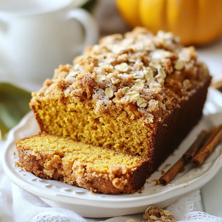 - 1 ½ cups all-purpose flour - 1 teaspoon baking soda - ½ teaspoon baking powder - ½ teaspoon salt - 2 teaspoons ground cinnamon - ½ teaspoon ground nutmeg - 1 cup canned pumpkin puree - ½ cup vegetable oil - 1 cup granulated sugar - 2 large eggs - 1 teaspoon vanilla extract - ½ cup chopped walnuts - ½ cup rolled oats - ¼ cup brown sugar - 2 tablespoons all-purpose flour - 2 teaspoons ground cinnamon - 2 tablespoons unsalted butter, melted In this recipe, we use a mix of wet and dry ingredients to create a rich and moist pumpkin bread. The dry ingredients include flour, baking soda, baking powder, salt, cinnamon, and nutmeg. Each spice adds warmth and a cozy feel, making this bread extra special. The wet ingredients come together with pumpkin puree, oil, sugar, eggs, and vanilla. The pumpkin brings moisture, while the oil keeps the bread tender. The eggs help it rise and bind. If you like a little crunch, you can add walnuts. They give a nice texture and flavor. Finally, we prepare a streusel topping that adds a sweet, crumbly layer. It has oats, brown sugar, flour, cinnamon, and melted butter. This topping makes the bread even more delicious and fun to eat. Gather these ingredients and get ready to bake a treat that will fill your home with warmth and flavor! {{ingredient_image_1}} - Preheat your oven to 350°F (175°C). - Prepare a 9x5-inch loaf pan by greasing it or lining it with parchment paper. This helps with easy removal later. - In a medium bowl, mix together 1 ½ cups of all-purpose flour, 1 teaspoon of baking soda, ½ teaspoon of baking powder, ½ teaspoon of salt, 2 teaspoons of ground cinnamon, and ½ teaspoon of ground nutmeg. Set this bowl aside. - In a large mixing bowl, blend 1 cup of canned pumpkin puree, ½ cup of vegetable oil, and 1 cup of granulated sugar. Whisk until the mix is smooth. - Add 2 large eggs and 1 teaspoon of vanilla extract to the pumpkin mix. Whisk until fully blended. - Gradually add the dry mix to the wet mix. Stir gently until just combined. Be careful not to overmix. If you want, fold in ½ cup of chopped walnuts for a nice crunch. - In a separate small bowl, combine ½ cup of rolled oats, ¼ cup of brown sugar, 2 tablespoons of all-purpose flour, 2 teaspoons of ground cinnamon, and 2 tablespoons of melted unsalted butter. - Mix this until it becomes crumbly. - Pour the pumpkin bread batter into the prepared loaf pan. - Sprinkle the streusel topping evenly over the batter. - Bake in the preheated oven for 60-70 minutes. Check for doneness by inserting a toothpick into the center. It should come out clean. To know when your bread is fully baked, use a toothpick. Insert it into the center. If it comes out clean, your bread is done. If it has wet batter, bake longer. This is key to a perfect loaf. Common mixing mistakes can ruin your bread. Don’t overmix the batter. Mix just until you see no more flour. Overmixing can make the bread tough. Always fold in any nuts gently to keep a soft texture. To elevate your bread, consider adding more spices. A touch of ginger or allspice can add warmth. This gives more depth to your pumpkin bread. Using fresh walnuts can improve the taste. Fresh nuts have a crunch and flavor. Chopped walnuts work too, but fresh nuts elevate every bite. Try to toast them lightly for extra flavor. You can serve your bread warm or at room temperature. A light glaze made from powdered sugar and milk adds sweetness. You can drizzle this on top for a nice finish. Pair your pumpkin bread with a warm drink. Coffee or tea are great options. The warm flavors blend well, making the meal comforting. Enjoy every bite with a sip of your favorite beverage! Pro Tips Use Fresh Spices: For a more vibrant flavor, use freshly ground spices instead of pre-ground ones. This can significantly enhance the aroma and taste of your pumpkin bread. Check for Doneness: Ovens can vary, so be sure to check your bread a few minutes before the recommended time. A toothpick should come out clean or with a few moist crumbs. Storing Leftovers: Store any leftover bread in an airtight container at room temperature for up to three days. For longer storage, wrap it tightly and freeze for up to three months. Experiment with Add-ins: Feel free to add chocolate chips, dried cranberries, or other nuts to the batter for a unique twist on this classic recipe. {{image_2}} If you want to make this bread gluten-free, you can swap out the all-purpose flour. Here are some easy substitutes: - Almond flour: Use 1 ½ cups almond flour for a nutty taste. - Coconut flour: Mix in ½ cup coconut flour with 1 cup almond flour. This adds sweetness and moisture. - Gluten-free flour blend: Many brands offer a blend. Just use the same amount as all-purpose flour. These options work well but may change the texture. Always check your flour blend for extra starch to help bind the bread. You can add extra flavors to make this bread even more exciting. Here are some of my favorite ideas: - Chocolate chips: Add ½ cup of semi-sweet chocolate chips for a sweet twist. - Cranberries: Toss in ½ cup of dried cranberries for a tart bite. - Nuts: Try using pecans or almonds instead of walnuts for a different crunch. These changes keep the recipe fun and interesting. You can adapt this recipe for different seasons and holidays. Here are some suggestions: - Holidays: Add nutmeg or ginger for a festive touch. This makes it perfect for Thanksgiving or Christmas. - Seasonal spices: Use pumpkin pie spice instead of cinnamon and nutmeg for a spicier flavor. - Fruits: In the summer, try adding diced apples or peaches for a refreshing taste. These seasonal changes make this bread a year-round treat. To keep your cinnamon streusel pumpkin bread fresh at room temperature, wrap it in plastic wrap. This helps to keep the bread moist. Place it in a cool, dry spot away from sunlight. If you eat it within two days, it will taste great. You can also store it in an airtight container. This method keeps it soft and delicious for a few days longer. For long-term storage, freezing is the best option. First, let the bread cool completely. Then, wrap it tightly in plastic wrap. Next, place the wrapped bread in a freezer-safe bag. This way, it can stay fresh for up to three months. When you’re ready to enjoy your bread, take it out of the freezer. Leave it at room temperature for about two hours to thaw. To warm it up, you can slice the bread and toast it lightly. This will bring back its lovely flavor and texture. Enjoy the cozy taste of pumpkin bread anytime! Yes, you can use fresh pumpkin. Fresh pumpkin has a bright flavor and is full of nutrients. However, it can also be watery. You must cook and drain it before adding it to your batter. Canned pumpkin is easy and gives consistent results. It saves time and is often less watery. Cinnamon streusel pumpkin bread can last about 3 to 5 days at room temperature. Make sure to store it in an airtight container. This keeps it fresh and moist. You can also refrigerate it for up to a week. For longer storage, freeze the bread. Wrap it tightly in plastic wrap and then place it in a freezer bag. Yes, you can make this recipe without eggs. Use flaxseed meal mixed with water as a substitute. For each egg, mix 1 tablespoon of flaxseed meal with 2.5 tablespoons of water. Let it sit for 5 minutes until it thickens. This helps bind the bread. The texture may be slightly different, but it still tastes great. If your pumpkin bread is too moist, there are a few tricks. First, check your measurements. Make sure you used the right amount of flour and pumpkin. If it is still too wet, add a bit more flour. You can also bake it a little longer. Just watch it closely so it does not burn. You’ve now explored the essentials for making pumpkin bread. We covered the ingredients, including dry and wet items, plus optional add-ins and streusel topping. You learned step-by-step how to prepare, mix, and bake. Tips on improving flavor and serving suggestions were shared, plus variations for dietary needs. Finally, I explained storage methods to keep your bread fresh. Now, it's time to enjoy your delicious pumpkin bread at home or share it with friends. Happy baking!