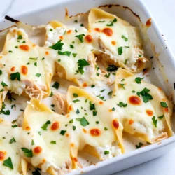 - 20 jumbo pasta shells - 2 cups cooked chicken, shredded - 1 ½ cups ricotta cheese - 2 cups shredded mozzarella cheese (divided) - 1 cup grated Parmesan cheese (divided) - 1 ½ cups Alfredo sauce (store-bought or homemade) - 1 teaspoon garlic powder - 1 teaspoon Italian seasoning - Fresh parsley, chopped (for garnish) - Salt and pepper to taste To make Chicken Alfredo Stuffed Shells, gather these ingredients. Jumbo pasta shells are the base. You will need cooked chicken, which adds protein and flavor. Ricotta cheese makes the filling creamy. Shredded mozzarella cheese brings a melty texture, while grated Parmesan cheese adds a sharp taste. Next, Alfredo sauce is key. You can use store-bought or make your own. Garlic powder gives a nice kick, and Italian seasoning adds depth. Lastly, fresh parsley not only brightens the dish but also adds a pop of color. Don't forget salt and pepper to enhance the flavors. With these ingredients, you can create a comforting and delicious meal that everyone will love. {{ingredient_image_1}} 1. Preheat the Oven: Start by preheating your oven to 375°F (190°C). This helps the shells cook evenly. 2. Cook the Shells: Boil a large pot of salted water. Cook the jumbo pasta shells according to the package instructions until they are al dente. Drain them and set aside to cool slightly. 3. Prepare the Filling: In a large mixing bowl, mix together the shredded chicken, ricotta cheese, 1 cup of mozzarella cheese, ½ cup of Parmesan cheese, garlic powder, Italian seasoning, salt, and pepper. Make sure everything is well combined. 4. Stuff the Shells: Use a spoon to carefully fill each jumbo shell with the chicken and cheese mixture. Don't be shy; pack it in there! 5. Make the Sauce Layer: Spread half of the Alfredo sauce (about ¾ cup) at the bottom of a 9x13-inch baking dish. This keeps the shells moist and adds flavor. 6. Arrange the Filled Shells: Place the stuffed shells in a single layer on top of the sauce. Make sure they fit snugly. 7. Cover with Sauce and Cheese: Pour the remaining Alfredo sauce over the stuffed shells. Ensure they are all covered. Then sprinkle the remaining mozzarella and Parmesan cheese on top. 1. Bake the Shells: Cover the baking dish with aluminum foil. Bake in the preheated oven for 20 minutes. After that, remove the foil and bake for an extra 15 minutes. This helps the cheese turn bubbly and golden brown. 2. Check for Doneness: The stuffed shells should look deliciously golden and the cheese should be bubbling. This means they are ready to enjoy! - Best practices for cooking pasta shells: Start by boiling a large pot of salted water. The salt helps flavor the shells. Cook the jumbo pasta shells until they are al dente. This means they should be firm to the bite. If they are too soft, they may break when you stuff them. After cooking, drain the shells and let them cool a bit. This makes them easier to handle. - Tips for evenly mixing the filling: In a big mixing bowl, combine the shredded chicken, ricotta cheese, one cup of mozzarella, half a cup of Parmesan, garlic powder, Italian seasoning, salt, and pepper. Use a fork or a spatula to mix. Make sure all ingredients are well combined. This ensures every bite has the same great flavor. - Ideas for side dishes or salads to pair with the dish: Chicken Alfredo stuffed shells pair well with a fresh green salad. You can add cherry tomatoes, cucumbers, and olives for crunch. Garlic bread is another great option. It soaks up the Alfredo sauce and adds flavor. - Garnishing tips using parsley or additional cheese: When ready to serve, sprinkle chopped fresh parsley on top. This adds color and a fresh taste. You can also add more grated Parmesan on top for extra cheese flavor. This makes the dish look fancy and appetizing. Pro Tips Cook Shells Al Dente: Make sure to cook the jumbo shells just until al dente to prevent them from becoming mushy during baking. Use Fresh Herbs: Adding fresh parsley or basil as a garnish not only enhances the flavor but also adds a vibrant touch to your dish. Experiment with Cheese: Feel free to mix different types of cheese such as gouda or cheddar for a unique flavor profile in your stuffed shells. Make Ahead: You can prepare the stuffed shells a day in advance. Just assemble them and cover them tightly with foil before refrigerating. Bake when ready to serve! {{image_2}} You can change up the protein in your Chicken Alfredo Stuffed Shells. If you prefer, use turkey or even shrimp. Shredded rotisserie chicken also works well and saves time. For a meatless option, try sautéed spinach, mushrooms, or zucchini. These veggies add great flavor and texture. If you need gluten-free pasta, look for gluten-free jumbo shells. Many brands offer tasty options that work just as well. Always check the package for cooking instructions, as gluten-free pasta may cook differently. To boost flavor, add spices and herbs. A pinch of red pepper flakes gives a nice kick. Fresh basil or thyme can elevate the dish. Don't forget to taste as you season to find the right balance. Using homemade Alfredo sauce can make a big difference. Making your sauce lets you control the ingredients. However, store-bought Alfredo sauce is quick and convenient. Both options can be delicious, so choose what works best for you. To keep your Chicken Alfredo Stuffed Shells fresh, place leftovers in an airtight container. Refrigerate them right after they cool down. They stay good for about three to four days. Make sure to seal the container tightly to avoid moisture. If you want to eat them later, simply reheat in the oven or microwave. This helps keep the flavors strong and the cheese creamy. If you want to save some for later, freezing is a great option. First, let the stuffed shells cool completely. Then, place them in a single layer on a baking sheet. Freeze until they are solid. After that, transfer them to a freezer-safe bag or container. This way, they won't stick together. These shells can last up to three months in the freezer. When you're ready to eat, take them out and thaw overnight in the fridge. For reheating, place them in a baking dish with a bit of Alfredo sauce. Cover with foil and bake at 375°F (190°C) for about 25 minutes. Remove the foil and bake for another 10 minutes. This will make the cheese melt and the dish warm and delicious again. Can I use different types of cheese? Yes, you can! Feel free to swap ricotta or mozzarella for other cheeses. Cream cheese can add a nice twist. You could also try gouda or Monterey Jack for extra flavor. How can I make this dish ahead of time? You can prepare the stuffed shells a day before. Just fill them and place them in the baking dish. Cover and store in the fridge. When ready to bake, add a few extra minutes to the cooking time. What can I serve with Chicken Alfredo Stuffed Shells? A simple side salad pairs well. You can also serve garlic bread or steamed veggies. These add freshness and balance to the rich flavors of the dish. Is it possible to make this dish vegetarian? Absolutely! You can replace chicken with spinach or mushrooms. Just mix them with the cheese for a tasty filling. This keeps the dish hearty and satisfying while being meat-free. You now know how to make delicious Chicken Alfredo Stuffed Shells. We covered the key ingredients, easy steps, and useful tips. You can customize the dish with different proteins and veggies. Don’t forget the best ways to store leftovers and reheat them. Enjoy creating this meal with family or friends. It’s simple, tasty, and perfect for any occasion. Remember, cooking is about having fun and sharing good food. Take these ideas and make this dish your own!