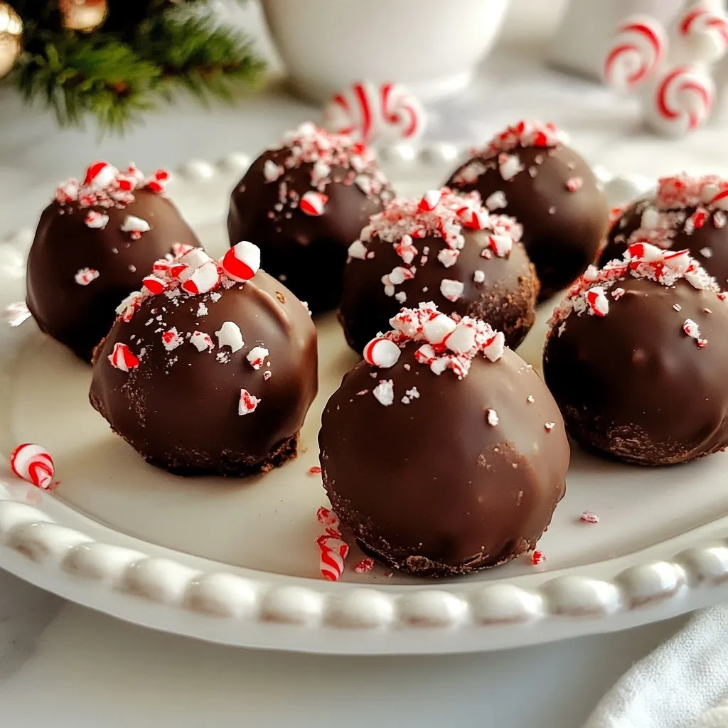 - 8 oz dark chocolate, chopped - 1 cup sweetened condensed milk - 2 tablespoons brewed strong coffee (cooled) - 1 teaspoon peppermint extract Dark chocolate gives the truffles a rich taste. I always choose high-quality chocolate to ensure great flavor. Sweetened condensed milk adds creaminess and sweetness. It helps bind the truffles. Brewed strong coffee boosts the mocha flavor. Use your favorite coffee for the best results. Lastly, peppermint extract brings that holiday freshness. Just a little makes a big impact. - 1 cup crushed peppermint candies - Cocoa powder Crushed peppermint candies create a fun crunch. They also add a bright pop of color. Cocoa powder gives a classic chocolate touch. I love how the two coatings make each truffle unique. - Whole peppermint candies - Decorative box or plate Whole peppermint candies can make your truffles look festive. You can present them in a decorative box or on a pretty plate. This adds a special touch for gifts or parties. {{ingredient_image_1}} To melt dark chocolate, you will use a double boiler. Place a heatproof bowl over a pot of simmering water. Make sure the bowl does not touch the water. This gentle heat helps melt the chocolate evenly. Stir the chocolate often as it melts. Stirring is key. It prevents the chocolate from burning and helps it become smooth. Once the chocolate melts, take it off the heat. Add the sweetened condensed milk, brewed coffee, peppermint extract, and a pinch of salt. Stir everything until it blends well. This mix should be thick but smooth. If it feels too runny, chill it a bit longer. You want it to be firm enough to roll. After the mixture firms up, it’s time to form the truffles. Use a melon baller or your hands to scoop small portions. Roll these portions into balls. Keep your hands slightly wet to help with rolling. For coating, choose between crushed peppermint candies or cocoa powder. Half of the truffles can be rolled in candies for a festive crunch. The other half can be coated in cocoa for a rich finish. Place the coated truffles on a baking sheet lined with parchment paper. Chill them again for at least 30 minutes to set. To get the right texture, let the truffle mixture cool well. This cooling helps it firm up. If your kitchen is warm, the truffles may take longer to set. You can make the mixture firmer by adding more chocolate. This way, they hold their shape better. You can switch the dark chocolate for milk or white chocolate. Each type gives a different taste to your truffles. If you want a stronger mint flavor, add more peppermint extract. Just start with a little extra and taste it. Truffles can be served in fun ways. Try placing them in a decorative box. You can also arrange them on a festive plate. Pair your truffles with hot cocoa or coffee for a cozy treat. They also go well with vanilla ice cream or whipped cream. Enjoy getting creative with how you serve these festive delights! Pro Tips Use Quality Chocolate: Opt for high-quality dark chocolate for richer flavor and smoother texture in your truffles. Chill for Best Results: Ensure the truffle mixture is well-chilled before shaping to make rolling easier and cleaner. Experiment with Coatings: Try rolling some truffles in crushed nuts or coconut for a unique twist on flavor and texture. Store Properly: Keep the truffles refrigerated in an airtight container to maintain freshness and prevent them from melting. {{image_2}} You can switch up the coating on your truffles. Try using colorful sprinkles for a fun look. You can also roll them in chopped nuts for added crunch. For a healthier option, consider coconut flakes. These give a tropical twist and pair well with chocolate. Explore new flavors with mocha hazelnut truffles. Just mix in some hazelnut spread with your base. The nutty taste adds a rich layer to your truffles. Another great idea is peppermint chocolate bark. Just spread melted chocolate on a tray, sprinkle with crushed peppermint, and let it set. Then break it into pieces for a festive treat! If you prefer to skip the prep, you can buy gourmet truffles at local shops or online. Many brands offer rich flavors and beautiful packaging. These make great gifts for truffle lovers. You can also create a lovely gift box filled with different flavors to share with friends and family. You can store Peppermint Mocha Truffles in the fridge or freezer. - Refrigeration: Keep the truffles in the fridge for quick access. Use an airtight container to prevent moisture. This method keeps them fresh for a week. - Freezing: For longer storage, freeze the truffles. Place them in a freezer-safe bag or container. They can stay fresh for up to three months. Just thaw them in the fridge before serving. These truffles have a decent shelf life when stored properly. - Freshness: When stored in the fridge, the truffles stay fresh for about a week. If frozen, they last up to three months. - Signs of spoilage: Watch for changes in texture or smell. If they feel dry or smell off, it's time to toss them. Enjoy your tasty treats while they last! Yes, you can use milk or white chocolate. Each type will change the taste. Dark chocolate gives a rich flavor, while milk chocolate is creamier. White chocolate adds sweetness. Just make sure to adjust the sweetness of the whole mix if you switch. The truffles need about 30 minutes in the fridge to firm up after rolling. Before rolling, let the mixture cool in the fridge for about 1 hour. This time helps it thicken, making it easier to shape. Yes, you can make these truffles a few days ahead. Just keep them in the fridge. They taste better after the flavors blend for a day. You can also freeze them for longer storage. Just thaw them in the fridge before serving. To gift truffles, arrange them in a pretty box or on a festive plate. Add whole peppermint candies on top for flair. Wrap the box in a ribbon for a nice touch. This makes a sweet and thoughtful gift for anyone. Peppermint mocha truffles are a delightful treat to make and share. You learned about key ingredients like dark chocolate, sweetened condensed milk, and peppermint extract. I detailed step-by-step instructions for perfect results. Tips on texture, flavor options, and serving ideas further enhance your baking experience. Remember to store truffles properly to enjoy them longer. With these insights, get ready to impress friends and family with your tasty creations. Enjoy every bite of your homemade truffles!
