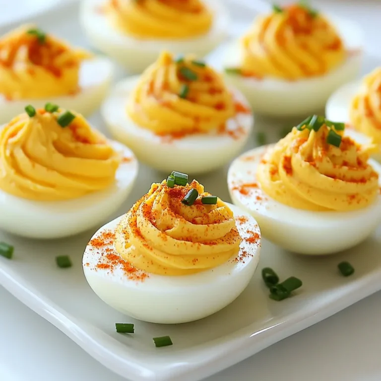 To make classic deviled eggs, gather these main items: - 6 large eggs - 3 tablespoons mayonnaise - 1 teaspoon Dijon mustard - 1 teaspoon apple cider vinegar - 1/4 teaspoon smoked paprika - 1/4 teaspoon garlic powder - Salt and pepper to taste - Fresh chives or parsley for garnish These ingredients create a creamy, zesty filling that everyone loves. The eggs provide a nice base, while the mayonnaise keeps things smooth. To take your deviled eggs to the next level, consider adding: - A pinch of cayenne pepper for heat - Extra herbs like dill or basil for freshness - A splash of hot sauce for a kick These options help you customize flavors to fit your taste. Don't hesitate to experiment! When picking eggs, focus on freshness. Look for: - Eggs with clean, uncracked shells - A sell-by date that is far in the future - Organic or free-range options for better flavor Quality eggs make a big difference in taste. Fresh eggs yield a better texture and richer flavor in your deviled eggs. {{ingredient_image_1}} To boil eggs, start by placing six large eggs in a saucepan. Cover the eggs with cold water. Make sure the water is about an inch above the eggs. Turn the heat to medium and bring the water to a boil. Once it starts boiling, turn off the heat. Cover the saucepan and let the eggs sit for 12 minutes. This method gives you perfectly cooked yolks. While the eggs cook, prepare an ice bath. Fill a large bowl with cold water and add ice. Once the eggs are done, move them to this bowl. Let them sit in the ice water for about five minutes. This will cool the eggs quickly and make peeling easier. After cooling, take the eggs out and tap them gently on the counter. Roll the eggs to break the shell and start peeling from the wider end. Next, slice each egg in half lengthwise. Carefully remove the yolks and place them in a mixing bowl. Mash the yolks with a fork until crumbly. Add three tablespoons of mayonnaise, one teaspoon of Dijon mustard, one teaspoon of apple cider vinegar, one-fourth teaspoon of smoked paprika, and one-fourth teaspoon of garlic powder. Season with salt and pepper. Mix until smooth and creamy. Adjust seasoning to your taste. Now, you have a delicious filling ready to go! When making deviled eggs, some common mistakes can ruin your dish. First, don’t overcook the eggs. This makes the yolks dry and crumbly. The right cooking time is key. Also, avoid using fresh eggs for hard boiling. Older eggs peel much easier. Lastly, don’t skip the ice bath. It cools the eggs fast and helps with peeling. To get a creamy filling, mash the yolks well. Use a fork to break up any lumps. Then, mix in the mayonnaise and mustard slowly. This helps blend everything smoothly. If your filling seems too thick, add a touch more mayonnaise or vinegar. Taste as you go to find the right balance. For great presentation, spoon or pipe the filling neatly into the egg whites. A piping bag with a star tip creates a nice design. Garnish with smoked paprika for color and fresh herbs like chives or parsley for a fresh touch. Arrange the eggs on a nice plate to make them look inviting. Pro Tips Fresh Eggs for Easy Peeling: Using eggs that are at least a week old can make peeling them much easier, as fresher eggs tend to stick to the shell. Customize Your Spice Level: Adjust the amount of cayenne pepper according to your heat preference; start with a small pinch and add more if desired. Garnish Creativity: Experiment with different garnishes like paprika, dill, or even crumbled bacon to elevate the flavor and presentation of your deviled eggs. Make Ahead: Deviled eggs can be made a day in advance. Just store them in an airtight container in the refrigerator to enhance the flavors. {{image_2}} Want a kick? Add cayenne pepper. Mix a pinch into your filling. This spice gives your eggs heat without overpowering the flavor. Start with a small amount and taste as you go. You can always add more! This spicy twist is great for those who love bold flavors. Fresh herbs brighten up deviled eggs. Try adding chives, dill, or parsley to the filling. Chop them finely and mix them in with the yolks. This adds a fresh taste and a pop of color. You can also garnish with whole herbs on top for a nice touch. Experiment with flavors! Here are some ideas: - Bacon and Cheddar: Add crispy bacon bits and shredded cheddar cheese to the yolk mix. - Avocado: Replace some mayonnaise with mashed avocado for a creamy twist. - Sriracha: Mix in Sriracha sauce for a tangy, spicy flavor. - Pickles: Chop pickles and stir them into the yolk mix for a zesty crunch. Each of these ideas can make your classic deviled eggs stand out. Don't be afraid to get creative and find your favorite mix! If you have leftover deviled eggs, store them right. Place them in a shallow dish. Cover the dish tightly with plastic wrap or a lid. This keeps them fresh and prevents them from drying out. They should stay good for about three to four days in the fridge. To keep deviled eggs fresh, avoid adding toppings until you're ready to serve. Keep the filling separate if you can. If you must store them together, use parchment paper between the eggs and the lid. This helps to prevent moisture buildup. For meal prep, make the filling ahead of time. Store it in an airtight container. You can boil the eggs and store them, too. Just peel and keep the whites in a separate container. Assemble them just before serving for the best taste and texture. Deviled eggs stay fresh in the fridge for about 3 to 5 days. Keep them in an airtight container. This helps prevent them from drying out or absorbing other food odors. If you see any change in color or smell, toss them out. Yes, you can make deviled eggs ahead of time! Prepare them a day before your event. Just follow the recipe, then store the eggs in the fridge. You can fill them shortly before serving to keep them fresh and tasty. If you want a mayo substitute, try Greek yogurt or mashed avocado. Both add creaminess and flavor. You can also use sour cream for a tangy twist. Adjust the seasoning as needed to match your taste. In this article, we explored how to make classic deviled eggs. We covered key ingredients and tips for choosing eggs. I shared step-by-step methods for boiling and preparing the eggs. You also learned how to avoid common mistakes and create tasty variations. Finally, I provided storage tips for keeping your deviled eggs fresh. Deviled eggs are tasty and easy to make. Experiment with flavors and impress your friends! Enjoy making your perfect batch.