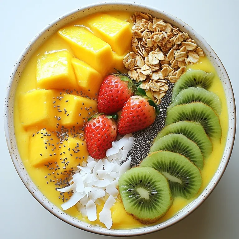 - 1 ripe mango, peeled and chopped - 1 banana, sliced - 1 cup coconut milk (canned or carton) - 1/2 cup Greek yogurt (or a dairy-free alternative) - 1 tablespoon honey or maple syrup (optional) - 1/2 cup ice cubes - Sliced fresh fruits (kiwi, strawberries) - Granola - Shredded coconut - Chia seeds - Nuts The main ingredients are simple and fresh. You need a ripe mango for sweetness and flavor. Bananas add a creamy texture. Coconut milk gives a rich taste. Greek yogurt boosts creaminess and adds protein. Honey or maple syrup can sweeten it, but it is not a must. Ice cubes make the smoothie cold and delightful. For toppings, feel free to get creative. Sliced kiwi and strawberries make the bowl vibrant. Granola adds crunch. Shredded coconut enhances the tropical vibe. Chia seeds and nuts provide extra nutrition. The toppings can change based on your mood or season. Mix and match to find your favorite combo! {{ingredient_image_1}} - In your blender, add the chopped mango and sliced banana. - Pour in the coconut milk and Greek yogurt. - If you like, add honey or maple syrup for sweetness. - Toss in the ice cubes for a cold drink. - Blend on high speed until it is smooth and creamy. - If it is too thick, add more coconut milk. - If you want it thicker, add more frozen fruits. - Once blended, pour the smoothie into a bowl. - Now, it's time to add your favorite toppings. - Drizzle honey or maple syrup over the toppings. - Serve it right away for the best taste. To make your smoothie bowl just right, focus on the texture. If you want a thicker smoothie, add more frozen fruit. Bananas work great for this! For a thinner smoothie, pour in more coconut milk. Blend until smooth, then check the thickness. Sweetness is key too. Taste your mix. If it needs more sweetness, add honey or maple syrup. Make your smoothie bowl look as good as it tastes! Start with a colorful base. Use bright fruits like kiwi and strawberries. Slice them nicely and arrange them on top. A sprinkle of granola adds crunch. Shredded coconut enhances the tropical vibe. You can also mix chia seeds and nuts for extra flair. Play with the layout. This makes your bowl an eye-catching treat! This smoothie bowl is not just tasty; it's good for you! Mango is full of vitamins and fiber. Coconut milk adds healthy fats, while Greek yogurt gives protein. Together, they keep you full and happy. Chia seeds boost your omega-3 intake, and nuts provide crunch plus nutrients. This means your smoothie bowl is not only delicious; it’s a smart choice for your health! Pro Tips Use Frozen Fruits: Using frozen mango or banana can help create a thicker and creamier smoothie bowl without the need for ice cubes. Adjust Sweetness: Before adding honey or maple syrup, taste your smoothie. The natural sweetness of ripe fruits may be enough! Layering Toppings: For an aesthetically pleasing bowl, layer your toppings in sections rather than mixing them all together. Boost Nutritional Value: Add a scoop of protein powder or a handful of spinach to increase the nutritional benefits without altering the flavor significantly. {{image_2}} You can easily swap ingredients in your smoothie bowl. For yogurt, try coconut yogurt or almond yogurt. They add creaminess without dairy. For milk, you can use almond milk or oat milk. These choices keep your bowl light and fresh. If you want to change the fruit, consider using pineapple or papaya. They both add a tropical twist. You can even blend in some berries for a pop of color and flavor. Want to kick up the flavor? Try adding a pinch of cinnamon. It adds warmth and depth to the bowl. You can also mix in vanilla extract. This gives a sweet note that pairs well with mango. For a nutrient boost, blend in leafy greens like spinach or kale. They add health benefits without affecting the taste much. You’ll get the nutrients and the bright color. Take advantage of seasonal fruits to make your bowl shine. In summer, top with fresh peaches or berries. In fall, try adding slices of apple or pears. For the holidays, sprinkle in pomegranate seeds for a festive touch. They add color and a burst of flavor. You can also change the toppings to match the season. Use nuts for crunch in winter and fresh mint in spring. These small changes keep the bowl exciting all year round. If you have leftover smoothie mixture, pour it into an airtight container. Keep it in the fridge for up to two days. Be sure to stir well before serving again. The smoothie may separate, but that’s normal. You can freeze smoothie bowls for later use. Pour the mixture into freezer-safe containers. They can last up to a month. When ready to eat, take one out and let it sit in the fridge overnight. You can also blend it again with a splash of coconut milk to regain its creamy texture. For fresh toppings, keep sliced fruits in the fridge. Store granola, nuts, and seeds in airtight jars. This keeps them crunchy and fresh. Always check for freshness before adding them to your bowl. Yes, you can prepare your smoothie bowl in advance. Blend the ingredients and store it in the fridge. Keep toppings separate until you are ready to serve. This way, your bowl stays fresh and tasty. If you want a dairy-free option, use coconut yogurt instead of Greek yogurt. You can also try almond or soy yogurt. These options give a creamy texture without dairy. To make your smoothie bowl more filling, add oats or nut butter. You can also mix in some chia seeds. These ingredients provide fiber and protein, keeping you full longer. Yes, this recipe works great for meal prep. You can blend and store the smoothie in jars. Just remember to keep toppings separate. This makes for a quick and easy breakfast or snack. Absolutely! Adding protein powder is a great idea. It boosts the protein content and keeps you satisfied. Just mix it in while blending your smoothie for even distribution. This blog post covered how to make a delicious smoothie bowl using ripe mango, banana, coconut milk, and Greek yogurt. You learned how to blend these ingredients and top your bowl with fruits, granola, and nuts. You also discovered tips for perfecting the texture, adding flavor, and enhancing nutrition. Remember, this fun dish can be modified for seasons and personal taste. Enjoy creating your version and savoring a healthy treat anytime!
