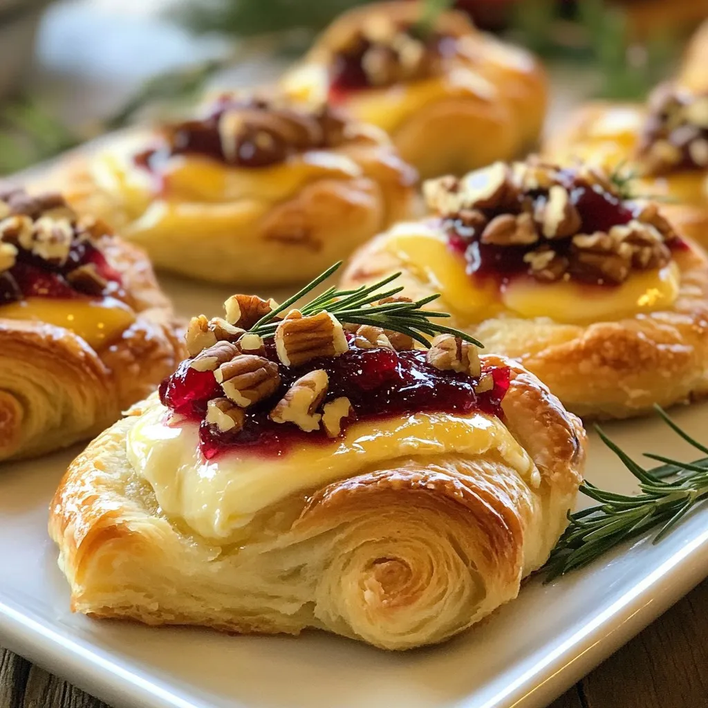 Here’s what you will need to make Cranberry Brie Crescent Bites: - Crescent roll dough - Brie cheese - Cranberry sauce - Honey - Optional ingredients: chopped pecans, fresh rosemary, salt, and pepper - Crescent roll dough: This dough forms the base of your bites. It brings a flaky and soft texture that pairs well with the creamy brie and tart cranberry. You can find this in the refrigerated section of your grocery store. - Brie cheese: Use 8 ounces of Brie, cut into small pieces. Brie is creamy and melts beautifully. It adds a rich flavor that balances the sweetness of the cranberry. - Cranberry sauce: You need 1 cup. You can use homemade or store-bought. This sauce brings a sweet and tangy flavor that brightens each bite. - Honey: Two tablespoons will enhance the sweetness. It adds a nice glaze that complements the other flavors. - Optional ingredients: - Chopped pecans: Use 1/4 cup for crunch. They add a nutty flavor that contrasts with the smooth brie. - Fresh rosemary: This herb is for garnish. It adds a fresh aroma and a pop of color. - Salt and pepper: Use these to taste. They help enhance the overall flavor of the bites. Gather these ingredients before you start. This will make the process smooth and quick. Each item plays a key role in creating a tasty and visually appealing snack. {{ingredient_image_1}} First, you need to preheat your oven to 375°F (190°C). This step is key for even baking. Next, grab a baking sheet and line it with parchment paper. This keeps the bites from sticking and makes cleanup easy. Now it’s time to assemble your bites. Open the can of crescent roll dough. Unroll it on a clean surface. You will see a set of triangles. Carefully separate them at the perforations. Take a small piece of Brie cheese and place it at the wide end of each triangle. This creamy cheese adds a rich flavor. Add about a teaspoon of cranberry sauce over the Brie. This gives a nice tartness. Drizzle a bit of honey on top. Honey adds sweetness and balances the tartness of the sauce. If you like, sprinkle some chopped pecans on top for crunch. Now, start rolling the dough from the wide end. Make sure the filling is fully enclosed. Pinch the ends to seal them well. This keeps the filling from leaking out while baking. Place each rolled crescent bite on the prepared baking sheet. Space them about 1 inch apart. This helps them bake evenly. Bake in the preheated oven for 12-15 minutes. You want them to turn golden brown. Once baked, carefully remove them from the oven. Let them cool for a minute. If you like, sprinkle a pinch of salt and freshly cracked pepper on top. This adds extra flavor. Finally, garnish with fresh rosemary leaves for a pop of color and flavor. Enjoy your tasty snack! To find the best Brie cheese, look for a soft wheel. The cheese should feel slightly firm but not hard. Check the color; it should be a creamy white. A fresh Brie has a mild, buttery flavor. Avoid any that smell sour or have dark spots. Remember, quality cheese makes all the difference in your bites. Sealing your crescent bites well stops the filling from leaking. After adding the Brie and cranberry sauce, roll the dough tightly. Pinch the seams firmly to seal them. If the dough feels sticky, lightly flour your hands. This helps prevent tearing. Place them on the baking sheet with space between each bite. This allows for even baking and browning. These bites shine as a party snack. Serve them warm for the best taste. Pair them with a fresh salad or some fruit. A sweet dip, like honey, is a nice touch. For drinks, try sparkling water or a light wine. Guests will love the mix of flavors and textures in each bite. Pro Tips Use Room Temperature Brie: Allow the Brie to sit at room temperature for about 30 minutes before using it. This will make it easier to melt and create a creamy filling. Experiment with Flavors: Feel free to add different toppings like sliced apples, a sprinkle of cinnamon, or even a dollop of fig jam for a unique twist. Perfectly Sized Bites: Cut the Brie into small, bite-sized pieces to ensure they melt properly and fit well within the crescent rolls. Keep an Eye on Baking Time: Ovens can vary, so start checking your bites a couple of minutes before the suggested baking time to prevent burning. {{image_2}} You can change up the flavors of your Cranberry Brie Crescent Bites easily. Try using a different cheese, like goat cheese or feta. Both add a tangy taste that pairs well with cranberry. For a fruity twist, add a thin slice of apple or pear with the cheese. You can also swap out cranberry sauce for a spicy jalapeño jelly, giving the bites a fun kick. If you want to make these bites vegan or dairy-free, it's simple. Use a plant-based cheese that melts well, like cashew cheese. Instead of honey, use maple syrup for sweetness. You can find vegan crescent roll dough at some stores or make your own using flour, water, and oil. These swaps keep the flavors rich and satisfying. Get creative with add-ins to boost flavor in your bites. Chopped herbs, like thyme or basil, can add freshness. You can also mix in some finely chopped jalapeños for heat or fresh garlic for depth. For a sweet touch, try adding a bit of orange zest to the cranberry sauce. Each add-in adds fun and unique flavors to your snack! To keep your leftover crescent bites fresh, place them in an airtight container. You can store them in the fridge for up to three days. If you notice any moisture, use a paper towel to absorb it. This keeps them from getting soggy. When you're ready to enjoy the bites again, preheat your oven to 350°F (175°C). Place the bites on a baking sheet and heat for about 5-10 minutes. This warms them up and keeps them crispy. You can also use a microwave, but the texture may change. Heat them in short bursts of 10-15 seconds, checking after each time. To freeze crescent bites, wait until they cool completely. Place them in a single layer on a baking sheet and freeze for about an hour. Once they are firm, transfer them to a freezer bag or container. They can stay frozen for up to three months. When you're ready to eat, thaw them in the fridge overnight and follow the reheating guidelines. This makes meal prep easy and tasty! Yes, you can use store-bought cranberry sauce. It saves time and still tastes great. Just choose a brand you like. If you want a homemade touch, you can make your own. Use fresh cranberries, sugar, and water to cook it down. Cranberry Brie Crescent Bites stay fresh for about two days. Store them in an airtight container. If you want to keep them longer, freeze them. They stay good in the freezer for up to three months. Just make sure to thaw them in the fridge before reheating. These bites pair well with many things. Try serving them with a fresh salad or a fruit platter. Cheese boards also make a great side. You can add crackers, nuts, and dried fruits for variety. If you want a drink, consider sparkling cider or a light wine. Cranberry Brie Crescent Bites are easy and fun to make. We discussed the key ingredients, from crescent roll dough to brie cheese and tasty mix-ins. Followed by simple steps to prepare and bake the bites, along with clever tips for the best results. Don’t forget the variations and storage tips to keep the bites fresh! These bites will surely impress at your next gathering. Dive in and enjoy creating your own delicious blends!