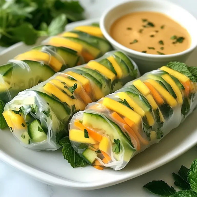 For the Mango Avocado Summer Rolls, you will need a few simple ingredients. These fresh items make the rolls tasty and healthy. - 8 rice paper wrappers - 1 ripe mango, peeled and sliced into thin strips - 2 avocados, sliced into thin strips - 1 cup fresh mint leaves - 1 cup fresh cilantro leaves - 1 medium cucumber, julienned - 1 carrot, julienned - 1/4 cup peanut butter (for dipping sauce) - 2 tablespoons soy sauce (for dipping sauce) - 1 tablespoon sesame oil (for dipping sauce) - 1 teaspoon lime juice (for dipping sauce) - Salt to taste Each ingredient plays a key role in the flavors and textures. The rice paper wrappers hold the fresh fruits and veggies together. The mango and avocado add creaminess and sweetness. Fresh herbs like mint and cilantro bring brightness. Cucumber and carrot add crunch for a satisfying bite. The dipping sauce is a must. It combines peanut butter, soy sauce, sesame oil, lime juice, and salt. This mix gives a rich, savory taste that pairs perfectly with the rolls. Make sure to use fresh ingredients for the best flavor. Enjoy creating these summer rolls! {{ingredient_image_1}} First, we need to make a tasty dipping sauce. In a small bowl, mix together peanut butter, soy sauce, sesame oil, lime juice, and a pinch of salt. Stir well until it's smooth. If it feels too thick, add a splash of water. This sauce adds a nice zing to your summer rolls. Next, get a shallow dish and fill it with warm water. Take one rice paper wrapper and dip it in the water for about 10 to 15 seconds. You want it soft but not too mushy. Carefully lift it out and lay it flat on a clean surface. This is where the magic happens! Now comes the fun part! In the center of your softened rice paper, layer a few slices of ripe mango and avocado. Add some julienned cucumber and carrot for crunch. Top it off with a few fresh mint and cilantro leaves. Don’t overfill it; you want to roll them up easily. To roll the summer rolls, start by folding the sides of the rice paper over the filling. Then, from the bottom, roll it up tightly. Tuck in the filling as you go to keep everything secure. Repeat this process with the rest of the rice paper and filling. You’ll have a beautiful stack of summer rolls ready to eat! Arrange your summer rolls on a serving platter. For a fancy touch, cut each roll in half diagonally. This makes them look even more appealing. Serve them with your peanut dipping sauce on the side. These rolls are fresh, tasty, and perfect for a summer snack! To make great summer rolls, a few tricks help. First, soak the rice paper just right. Dip it in warm water for about 10 to 15 seconds. It should feel soft but not too mushy. If you soak it too long, it will tear. Next, don’t overfill your rolls. Use a few slices of mango and avocado. Add cucumber and carrot for crunch. A small handful of mint and cilantro adds flavor. This balance keeps your rolls neat. When you roll them, fold in the sides first. Then, start from the bottom and roll up. Tuck the filling in as you go. This keeps everything inside. Fresh ingredients make your rolls shine. Choose ripe mangoes; they should feel soft but not too squishy. Avocados should also be ripe. This adds creaminess and flavor. Use fresh herbs like mint and cilantro for a bright taste. Crisp cucumbers and carrots add great texture. Always wash your produce well. This ensures a clean and tasty bite. Store your summer rolls in an airtight container. If you have leftovers, place parchment paper between the rolls. This prevents them from sticking. They stay fresh in the fridge for up to two days. If you want to eat them later, do not reheat them. Summer rolls taste best fresh. Enjoy them cold with your dipping sauce. This keeps their crispiness and flavor intact. Pro Tips Use Fresh Ingredients: Always opt for ripe mangoes and avocados for the best flavor and texture in your summer rolls. Soak Rice Paper Efficiently: Make sure the water is warm but not boiling to soften the rice paper without tearing it. Customize Your Filling: Feel free to add other vegetables like bell peppers or lettuce for added crunch and nutrition. Store Properly: If not serving immediately, cover the rolls with a damp cloth to prevent them from drying out. {{image_2}} You can change up the fillings in summer rolls easily. Instead of mango, use peaches or pineapple. For crunch, add bell peppers or radishes. You can even try cooked shrimp or tofu for protein. Mix and match your favorite fruits and veggies. This way, you can create your own unique flavor. The dipping sauce can also vary. If you want a spicy kick, add sriracha to the peanut sauce. For a fresh twist, try a soy sauce mixed with rice vinegar. You can also make a sweet sauce with honey and lime juice. Each sauce can change the taste of your summer rolls. For a vegan option, just skip the peanut butter and use almond butter. This still gives a nice flavor. To make it gluten-free, use tamari instead of soy sauce. You can enjoy summer rolls while keeping your diet in check. These simple swaps allow everyone to enjoy this tasty snack. Each serving of Mango Avocado Summer Rolls contains essential nutrients. Here’s a quick look: - Calories: 150 - Protein: 5g - Carbohydrates: 25g - Fiber: 4g - Fat: 5g These rolls offer a balanced mix of healthy fats, fiber, and vitamins. The mango and avocado add natural sweetness and creaminess. Mango is rich in vitamins A and C. These vitamins boost your immune system and skin health. Avocados provide healthy fats. They can help lower cholesterol levels. Fresh mint and cilantro improve digestion and add flavor. Cucumbers and carrots provide hydration and fiber, which are great for your gut. The total calories for the whole recipe is about 600. If you make four servings, each serving is around 150 calories. This makes them a light and healthy snack option. They are perfect for hot days when you want something fresh and nutritious. To avoid tearing the rice paper, soak it gently in warm water. It should be soft but not too mushy. I recommend dipping it for about 10-15 seconds. After soaking, lay it flat on a clean surface. If it tears, the paper might be too dry or too wet. Practice makes perfect! If you don't have avocado, try using hummus or cream cheese. Both add creaminess to the rolls. You can also use sliced tofu for a protein boost. Each option brings a unique flavor and texture. Yes, you can make summer rolls ahead of time. I suggest wrapping them in damp paper towels and placing them in an airtight container. This keeps them fresh for a day or two. However, they are best eaten fresh. Yes, many sauces pair well. Sweet chili sauce adds a nice kick. A simple soy sauce with ginger also works well. You could even try a spicy sriracha mayo for a different flavor twist. Explore and find your favorite! Making summer rolls is simple and fun. You learned about key ingredients, how to prepare them, and tips for rolling. We also explored tasty variations and their health benefits. With fresh veggies and fruits inside, summer rolls are a great snack or meal. Remember, the right ingredients and some practice make perfect rolls. Enjoy your cooking and experiment with flavors. Summer rolls can be a delicious and healthy addition to your meals. Happy rolling!