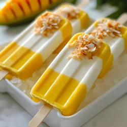 - 2 ripe mangoes, peeled and diced - 1 cup coconut milk - 1/4 cup honey or agave syrup - 1 tablespoon lime juice - Pinch of salt To make these ice pops, start with ripe mangoes. They should be soft and sweet. You need two of them, peeled and diced. Next, grab a cup of coconut milk. This gives a rich and creamy texture. Add a quarter cup of honey or agave syrup for sweetness. Use lime juice to add a nice zing. A pinch of salt helps bring out all the flavors. - Toasted coconut flakes For a fun touch, consider adding toasted coconut flakes. They add crunch and flavor. You can sprinkle them on top before serving. This makes your ice pops even more special. {{ingredient_image_1}} First, gather your ripe mangoes, coconut milk, sweetener, lime juice, and salt. Place them in a blender. Next, blend the mixture on high speed. Blend until it is smooth and creamy. This step is essential for the best texture in your ice pops. Taste the mix and adjust the sweetness, if needed. You can add more honey or agave syrup for a sweeter flavor. Now, take your blended mixture and pour it into ice pop molds. Be sure to leave a little space at the top. This space allows the mixture to expand as it freezes. Filling the molds correctly helps the ice pops freeze evenly and prevents spills. Insert sticks into the molds after filling them. Place the molds in the freezer for 4 to 6 hours. This time is crucial for the ice pops to become fully frozen. To ensure even freezing, avoid opening the freezer door too often. This helps maintain a consistent temperature, making your ice pops perfect every time. To get the right sweetness, I recommend using 1/4 cup of honey or agave syrup. This amount works well for most people. However, everyone's taste is different. Blend your mix, then taste it. If you want it sweeter, add more honey or agave syrup. Just a small amount can make a big difference. Always taste before you freeze. You want it perfect! Removing pops can be tricky, but I have a simple trick. Run warm water over the outside of the molds for a few seconds. This heat helps loosen the pops. Be careful not to soak them. If they still stick, wiggle them gently. If they don't budge, give them a bit more warmth. Serving your coconut mango ice pops can be fun! You can serve them as is or with toasted coconut flakes on top. This adds a nice crunch. You can also place them in a colorful cup. This makes a great treat for kids and adults alike. Let them sit out for a minute before serving. This makes them easier to bite into! Pro Tips Use Frozen Mangoes: If fresh mangoes are not available, you can use frozen mango chunks. Just blend them straight from the freezer for a refreshing treat. Layer Flavors: For a more visually appealing ice pop, consider layering the mango mixture with coconut milk in the molds before freezing. Sweetness Adjustment: The sweetness of mangoes can vary, so always taste the mixture before freezing to ensure it meets your desired sweetness level. Garnish for Presentation: Adding toasted coconut flakes on top not only enhances the flavor but also adds a beautiful texture and visual appeal when serving. {{image_2}} You can mix in other fruits for a twist. Berries like strawberries or blueberries add a nice touch. You might also try pineapple or passion fruit for extra zing. These fruits blend well with mango and coconut. Some great flavor pairings include: - Mango with pineapple for a tropical vibe. - Mango with strawberries for a sweet, tangy kick. - Mango and kiwi for a refreshing combo. Experiment with what you like! Each fruit brings its own taste and color. If you want a dairy-free treat, use almond milk or oat milk instead of coconut milk. Almond milk gives a light nutty flavor. Oat milk makes the ice pops creamy. When you switch milks, you may need to adjust the amount of sweetener. Taste the mix before freezing! This helps you find the right balance for texture and taste. Creating layered ice pops is fun and easy. Start by pouring one fruit layer into the mold. Let it freeze for about an hour. Then, add the next layer. This gives a beautiful look. To make your pops even more appealing, try different color layers. You can also use clear molds to show off the layers. This makes them a hit at summer parties! To store your ice pops, place them in a freezer-safe bag. This keeps them fresh and prevents freezer burn. Make sure to squeeze out as much air as possible before sealing the bag. You can also wrap them in plastic wrap for extra protection. To maintain flavor and texture, avoid storing them near strong-smelling foods. Ice pops can absorb those odors. If you want to keep the taste fresh, label your bag with the date. This helps you track how long they have been in the freezer. Coconut mango ice pops last about two months in the freezer. After that, they may not taste as good. If they develop ice crystals or a strange smell, it’s time to toss them. Signs that ice pops are no longer good include a change in color or texture. If they feel slimy or grainy, do not eat them. Always trust your senses when checking food freshness. Yes, you can use frozen mango. Frozen mango is often picked at peak ripeness. This means it can taste just as good as fresh. When using frozen mango, thaw it first. This helps it blend smoothly. If you skip thawing, the mixture may not be as creamy. You might also need less sweetener since frozen fruit can be sweeter. To make these ice pops vegan, replace honey with agave syrup. Agave syrup is a great plant-based sweetener. You can also choose coconut milk that is labeled dairy-free. This ensures your ice pops stay vegan. It’s easy to swap ingredients and still keep the yummy taste. Yes, you can find ready-made coconut mango ice pops. Many grocery stores sell them in the frozen aisle. Look for brands that focus on natural ingredients. You can also check online retailers. Many brands offer shipping directly to your home. Making coconut mango ice pops is simple and fun. You need ripe mangoes, coconut milk, sweetener, lime juice, and salt. Blend these, freeze them in molds, and enjoy! Customize with other fruits or create layers for extra flavor. Store them well to keep fresh, and they last for a few weeks. These tasty treats are perfect for hot days or gatherings. Try making them your way for a delightful twist! Enjoy your refreshing ice pops and share the joy with others.