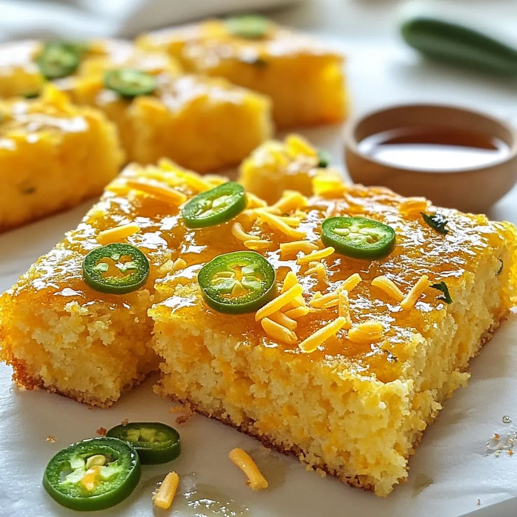 To make your Jalapeño Cheddar Cornbread, you will need: - 1 cup cornmeal - 1 cup all-purpose flour - 1 tablespoon baking powder - 1/2 teaspoon salt - 1/4 teaspoon black pepper - 1 cup buttermilk - 1/4 cup vegetable oil - 2 large eggs - 1 cup shredded sharp cheddar cheese - 1-2 jalapeños, finely chopped - 1 tablespoon honey (optional) - Cornmeal: Use yellow or white cornmeal for texture. - All-purpose flour: This gives a light and fluffy cornbread. - Baking powder: Ensure it’s fresh for good rise. - Salt: Balance the flavors. - Black pepper: Adds a subtle heat. - Buttermilk: This keeps the bread moist and adds tang. - Vegetable oil: Helps keep the cornbread tender. - Eggs: Bind the ingredients together. - Cheddar cheese: Use sharp cheddar for a bold flavor. - Jalapeños: Adjust according to your heat preference. - Honey: A touch of sweetness that complements the heat. You can make a few changes if needed: - Gluten-free: Substitute the all-purpose flour with a gluten-free blend. - Cheese variations: Try pepper jack or mozzarella for different flavors. - Sweetness: Use maple syrup instead of honey for a unique taste. - Spice level: Add more jalapeños or try other peppers like poblano or serrano. Each ingredient plays a role in creating a moist, flavorful cornbread that you'll love. Adjusting these can help you make the dish your own! {{ingredient_image_1}} Start by heating your oven to 400°F (200°C). This step is key for a golden crust. Grease a 9-inch cast-iron skillet or baking dish. Greasing prevents sticking and helps with browning. In a large bowl, whisk together the cornmeal, all-purpose flour, baking powder, salt, and black pepper. This mix makes the base of your cornbread. The baking powder helps it rise, while the salt and pepper add flavor. In another bowl, mix the buttermilk, vegetable oil, and eggs. Whisk until it’s well combined. This step adds moisture and richness. The buttermilk gives a slight tang, elevating the flavor. Next, slowly pour the wet mix into the dry mix. Stir gently until just combined; avoid overmixing. Then, fold in the shredded cheddar cheese and finely chopped jalapeños. This adds a nice kick and creaminess. Pour the batter into your prepared skillet. Smooth the top for an even bake. Place it in the oven and bake for 20-25 minutes. Check if it's done by inserting a toothpick into the center. It should come out clean. Let the cornbread cool for a few minutes before slicing. Enjoy warm! To get the best texture, use a cast-iron skillet. It gives a nice crust. Mix the dry and wet ingredients just enough to combine. Overmixing makes it dense. Aim for a smooth batter with some lumps. This helps keep it light and fluffy. Want it spicier? Add more jalapeños. Start with one and taste the batter. If you prefer less heat, remove the seeds and ribs. For a milder version, try using bell peppers instead. You can even add a sprinkle of smoked paprika for a smoky flavor. Serve the cornbread warm for the best taste. Slice it into wedges and top with extra cheese or jalapeños. A drizzle of honey adds a sweet touch. This cornbread pairs well with chili, soups, or grilled meats. Enjoy it as a side or snack! Pro Tips Use Fresh Jalapeños: Fresh jalapeños add a vibrant flavor and heat to your cornbread. If you can, choose firm ones without blemishes for the best taste. Experiment with Cheese: While sharp cheddar is delicious, feel free to mix in other cheeses like pepper jack or Monterey Jack for a unique twist on the flavor profile. Don't Overmix: Overmixing the batter can result in dense cornbread. Mix just until combined for a light and fluffy texture. Let it Cool Slightly: Allowing the cornbread to cool for a few minutes before slicing helps it set and makes serving easier. {{image_2}} If you like a sweet touch, try adding honey. Just one tablespoon can do the trick. The honey adds a nice balance to the heat of the jalapeños. You can also use maple syrup for a different flavor. This mix makes the cornbread soft and sweet. Don’t feel stuck with cheddar. You can try other cheeses for new tastes. Pepper jack adds spice and creaminess. Gouda will give a smoky flavor. Feta adds a salty zing that works well. Mix and match to find your favorite blend. Get creative with veggies and spices. Corn kernels add sweetness and texture. Chopped bell peppers can give a fresh crunch. You can also add herbs like chives or cilantro for flavor. Fresh or dried spices, like cumin or paprika, can change the whole dish. Experiment and discover what you love! To keep your jalapeño cheddar cornbread fresh, place it in an airtight container. Let it cool completely before storing. This helps maintain the cornbread's moist texture. You can also wrap it tightly in plastic wrap. Store it in the fridge for up to five days. If you like it warm, you can reheat it later. To reheat your cornbread, preheat the oven to 350°F (175°C). Place the cornbread on a baking sheet. Cover it with foil to prevent it from drying out. Heat for about 10-15 minutes, or until warmed through. You can also use a microwave. Heat individual pieces for 15-30 seconds. Keep an eye on it to avoid overcooking. Freezing is a great option for leftovers. Cut the cornbread into wedges, making it easy to thaw later. Wrap each piece in plastic wrap, then place them in a freezer bag. Be sure to remove as much air as possible. Your cornbread can stay good in the freezer for up to three months. When you're ready to enjoy it, thaw it in the fridge overnight before reheating. Yes, you can use regular milk. To make it taste like buttermilk, add vinegar or lemon juice. Just mix one tablespoon of either into one cup of milk. Let it sit for five minutes. This trick helps with the cornbread's rise and taste. To make gluten-free cornbread, swap the all-purpose flour for a gluten-free blend. Many brands offer a one-to-one substitute, which works well. Just ensure that the blend has no added gum. This keeps the texture light and fluffy. This cornbread pairs well with many dishes. Here are some ideas: - Chili: The heat and creaminess complement each other. - Soup: A warm bowl of soup makes a great match. - Grilled meats: The cornbread adds a nice crunch to your meal. - Salads: A fresh salad pairs nicely with the rich flavor. Try serving it warm, topped with extra cheese or a drizzle of honey. This blog post covered all you need to know about making Jalapeno Cheddar Cornbread. We explored ingredients, mixing, and baking steps. I shared tips for the perfect texture and serving ideas. You also learned how to try new flavors and store leftovers. Now, it’s time for you to get baking. Enjoy each bite of this warm, cheesy treat!