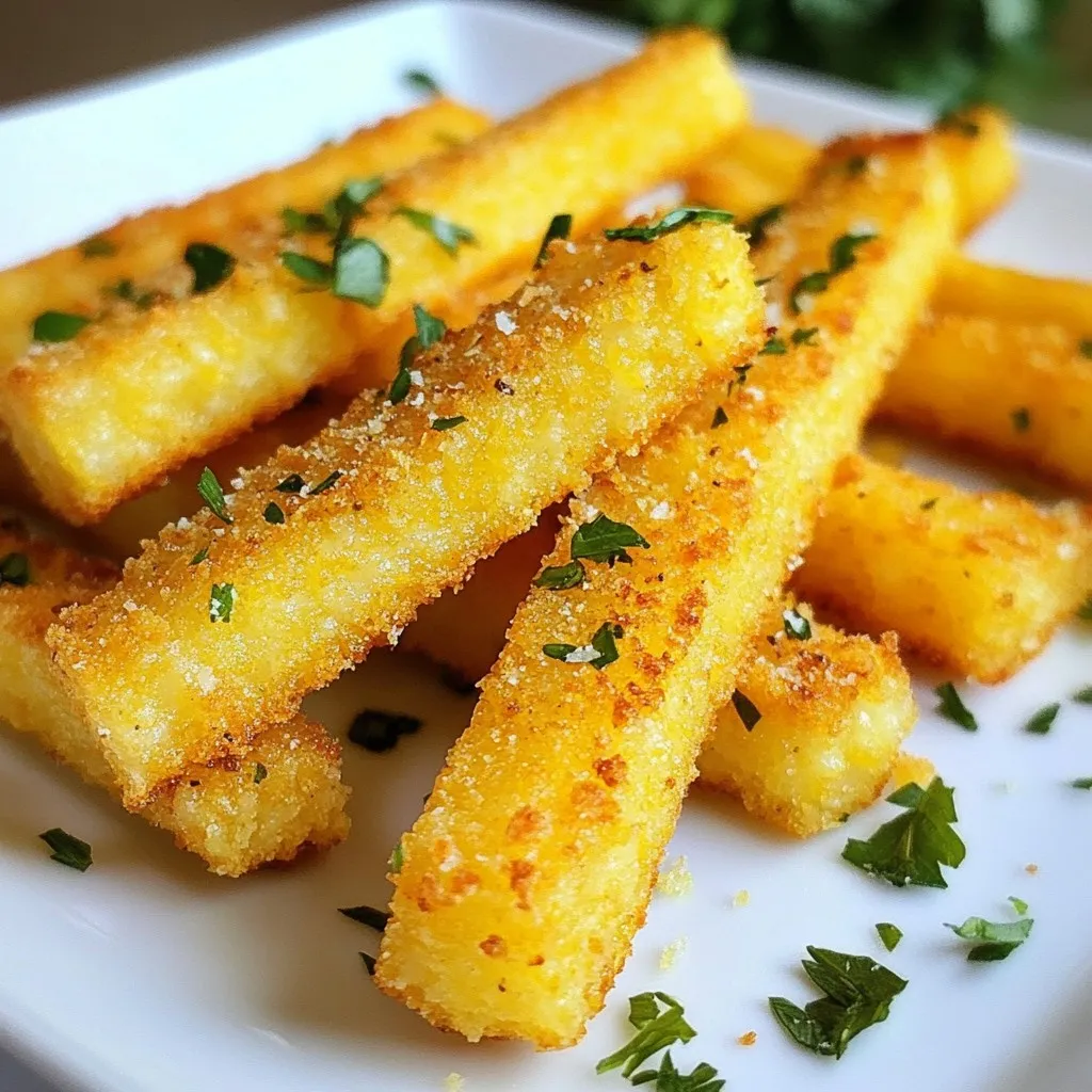 Crispy Parmesan Polenta Fries need simple ingredients. Here’s what you will need: - 1 cup cornmeal - 4 cups vegetable broth - 1 cup grated Parmesan cheese - 1 teaspoon garlic powder - 1 teaspoon onion powder - 1/2 teaspoon salt - 1/4 teaspoon black pepper - 2 tablespoons olive oil - Fresh parsley, chopped (for garnish) These ingredients work together to create a tasty snack. The cornmeal forms the base, while the cheese adds a rich flavor. The garlic and onion powders give the fries a nice kick. With just a few pantry staples, you can make a delicious treat. Using vegetable broth instead of water enhances the taste. Always choose fresh ingredients for the best results. This dish is great for sharing or as a fun side. Each bite brings a satisfying crunch, perfect for any occasion. {{ingredient_image_1}} 1. Start by boiling the broth. Pour 4 cups of vegetable broth into a medium pot. Heat it on medium until it bubbles. This step adds a lot of flavor to your fries. 2. Now, whisk in the cornmeal. Gradually add 1 cup of cornmeal to the boiling broth. Use a whisk to stir constantly. This helps prevent lumps in your polenta. 1. After whisking, reduce the heat to low. Cook the polenta for 10-15 minutes. Stir it frequently. This ensures it thickens and pulls away from the pot sides. 2. It's time to add seasonings and cheese. Stir in 1 cup of grated Parmesan cheese, 1 teaspoon of garlic powder, 1 teaspoon of onion powder, 1/2 teaspoon of salt, and 1/4 teaspoon of black pepper. Mix until everything is well blended. 1. Once mixed, pour the polenta into a greased baking dish. Spread it evenly to about 1 inch thick. Let it cool for 1-2 hours in the refrigerator. This helps it set and firm up. 2. Preheat your oven to 425°F (220°C). After the polenta has set, cut it into fry shapes, about 1/2 inch wide. This will create perfect fry sizes. 3. Arrange the cut fries on a baking sheet lined with parchment paper. Make sure they are in a single layer for even cooking. 4. Drizzle 2 tablespoons of olive oil over the fries. Toss them to coat evenly. This will help them crisp up in the oven. 5. Bake the fries for 25-30 minutes. Flip them halfway through for even browning. Remove them when they are golden and crispy. 6. Lastly, garnish with chopped fresh parsley. Serve these delicious fries hot and enjoy! To get the best texture, stir the polenta constantly. This helps keep it smooth. If you stop stirring, lumps form. Cook the polenta until it pulls away from the pan's sides. This means it's thick enough. Want to boost flavor? Try adding spices like paprika or cayenne. They give a nice kick. You can also switch up the cheese. Cheddar or feta can work great instead of Parmesan. For perfectly crispy fries, flip them halfway through baking. This helps them cook evenly on all sides. Bake at 425°F (220°C) for the best results. This temperature makes the fries golden and crunchy. Pro Tips Use Fresh Cornmeal: For the best flavor and texture, opt for freshly ground cornmeal if available. It enhances the taste of your polenta fries significantly. Chill Thoroughly: Ensure the polenta is chilled for at least 2 hours before cutting. This helps it firm up and makes it easier to slice into fry shapes. Experiment with Seasonings: Feel free to customize the seasonings according to your taste preferences. Adding smoked paprika or Italian herbs can give your fries a unique flavor. Check for Doneness: Keep an eye on the fries towards the end of the baking time. Every oven is different, and you want them crispy but not burnt. {{image_2}} You can customize your polenta fries by using different cheeses. Try cheddar for a sharp bite or mozzarella for a milder taste. Each cheese adds its own flavor, making your fries unique. You can also switch out vegetable broth for chicken broth. This adds a richer, savory flavor to the polenta. If you want a vegan option, use water instead of broth. It will still taste good with the right seasonings. To spice things up, add cayenne pepper or chili flakes. This gives the fries a nice kick. You can adjust the heat to suit your taste. Herb-infused versions are another great option. Mix in dried oregano, thyme, or Italian seasoning. This adds a fresh taste that pairs well with the crispy fries. Dips or sauces really elevate your crispy fries. Try serving them with marinara, aioli, or ranch dressing. These add fun flavors and make your snack even more enjoyable. You can also serve polenta fries with a side salad. A light green salad with vinaigrette complements the fries well. It adds a healthy touch to your meal and balances the richness of the fries. To keep your crispy Parmesan polenta fries fresh, store them properly. First, let them cool to room temperature. Then, place the fries in an airtight container. This helps to keep them crispy and prevents moisture. You can use glass or plastic containers with tight lids. Remember to layer parchment paper between the fries if you stack them. This will help avoid sticking. When it's time to enjoy your leftovers, reheating is key. The best method is using an oven. Preheat it to 400°F (200°C). Place the fries on a baking sheet lined with parchment paper. Bake for about 10-15 minutes until they are hot and crispy again. Avoid using a microwave, as it can make them soggy. For extra crispiness, you can also use an air fryer if you have one. Enjoy your tasty snack just like when they were fresh! You can tell polenta is cooked when it thickens and pulls away from the pan. Look for a smooth texture with no lumps. Stir it frequently for about 10-15 minutes. The polenta should feel thick and creamy. Once it reaches this stage, you can add the cheese and seasonings to enhance the flavor. Yes, you can prepare these fries in advance. After cooking the polenta, pour it into a greased dish and let it cool. Once set, cover it and store in the fridge for up to three days. When you are ready to bake, simply cut it into fry shapes and follow the baking instructions. To keep your fries crispy, ensure they are in a single layer on the baking sheet. Avoid overcrowding them, as this traps steam. Toss the fries in olive oil before baking. Flip them halfway through the cooking time for even crispiness. Baking at a high temperature also helps achieve that perfect crunch. Now you have a clear path to make tasty polenta fries. We covered the ingredients and step-by-step process. I shared tips to get the right texture and crispiness, plus variations to try. Remember, you can experiment with flavors and pair your fries with dips or salads. Store any leftovers well, and reheating is easy. Enjoy creating your own version of crispy polenta fries!