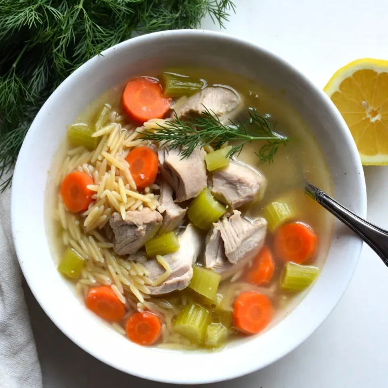 - 1 tablespoon olive oil - 1 medium onion, finely chopped - 2 cloves garlic, minced - 3 medium carrots, diced - 2 celery stalks, diced - 1 pound boneless, skinless chicken thighs (or breasts), diced - 6 cups low-sodium chicken broth - 1 cup uncooked orzo pasta - Juice of 2 large lemons - Zest of 1 lemon - 2 large eggs - Salt and pepper to taste - Fresh dill or parsley, for garnish Greek Lemon Chicken Soup is all about fresh flavors. You start with olive oil. This oil gives the soup a rich base. Next, the onion and garlic add depth and aroma. Carrots and celery bring sweetness and crunch. I love using a mix of chicken thighs or breasts for the best flavor. The chicken cooks quickly and keeps the soup hearty. Chicken broth is key. It creates a warm, comforting base that is full of flavor. Orzo pasta adds a nice texture. It cooks fast and absorbs the lemony goodness. Lemon juice and zest are what make this soup shine. They give a bright, tangy taste that lifts everything. Eggs add creaminess. Whisk them with lemon juice to create a smooth mixture. Lastly, don’t forget the seasoning. Salt and pepper enhance all the flavors. Fresh herbs like dill or parsley add a pop of color and freshness. They make the soup look and taste amazing. Gather these ingredients and dive into a bowl of this comforting soup! Each bite is a taste of Greek warmth and love. {{ingredient_image_1}} 1. Heat 1 tablespoon of olive oil in a large pot over medium heat. 2. Add 1 medium onion, finely chopped, and 2 cloves of minced garlic. Sauté for about 3-5 minutes until they are soft and clear. 3. Next, add 3 diced medium carrots and 2 diced celery stalks. Cook for another 5 minutes until they soften a bit. 4. Stir in 1 pound of diced boneless, skinless chicken thighs or breasts. Cook until the chicken is no longer pink, which takes about 4-5 minutes. 5. Pour in 6 cups of low-sodium chicken broth and bring the mixture to a gentle simmer. 6. Once it’s simmering, add 1 cup of uncooked orzo pasta. Cook until the orzo is tender, which takes about 8-10 minutes. 7. While the soup cooks, prepare the lemon-egg mixture. In a bowl, whisk together the juice and zest of 2 large lemons with 2 large eggs until mixed well. 1. To temper the eggs, slowly add a ladle of hot broth from the soup into the egg mixture. Whisk continuously to avoid curdling. 2. Gradually stir the tempered egg mixture back into the pot of soup while stirring. This step adds a creamy texture to the soup. 3. Finally, season the soup with salt and pepper to taste. Let it heat through for another 2-3 minutes before serving. Tempering the eggs is key in this recipe. It helps prevent the eggs from curdling in the hot soup. To temper, whisk the eggs with lemon juice and zest. Then, slowly add hot broth while whisking. This warms the eggs gently. Once combined, you can stir this mixture back into the soup. When sautéing vegetables, start with the onion and garlic. Cook them in olive oil until they become soft and clear. This step builds flavor. After that, add carrots and celery. Cook them until they are tender, about five minutes. This brings out their sweetness and adds depth to your soup. For presentation, ladle the soup into bowls with care. A sprinkle of fresh dill or parsley on top adds color and freshness. You can also serve a lemon wedge on the side. This gives a nice, bright touch to your dish. Pair your soup with a simple side salad or crusty bread. A light Greek salad works well. It adds a nice crunch and balances the warm soup. Enjoy every bite! Pro Tips Use Fresh Ingredients: Fresh herbs and vegetables will enhance the flavor of your soup. Try to use organic produce whenever possible. Tempering the Eggs: Always temper the eggs with hot broth before adding them to the soup to prevent curdling and ensure a smooth texture. Adjusting the Acidity: If the soup is too tart for your taste, add a pinch of sugar to balance the flavors. Leftover Storage: Store any leftover soup in an airtight container in the fridge for up to 3 days. To reheat, add a splash of broth to loosen the orzo. {{image_2}} You can easily swap out chicken for rotisserie chicken. This saves time and adds great flavor. Shredded rotisserie chicken works well in the soup. Just add it when you add the broth. If you want to change the pasta, consider gluten-free options. Quinoa or rice can also work great. Whole grain pasta is another good choice. It adds fiber and a nutty taste to the soup. Adding spices can take this soup to the next level. Try thyme for a warm, earthy flavor. Oregano brings a bright, fresh taste that pairs well with lemon. For a creamy version, mix in sour cream or yogurt. This adds richness and a tangy kick. You can swirl it in just before serving. It makes the soup smooth and comforting. To keep your Greek Lemon Chicken Soup fresh, use airtight containers. Glass or plastic containers with tight lids work well. Fill the containers, leaving a little space at the top. This helps avoid spills when closing. Your soup will last in the fridge for about 3 to 4 days. Make sure it cools first before sealing. If you want to store it longer, freezing is a great option. However, orzo can become mushy when frozen. To avoid this, freeze the soup without orzo. You can cook the orzo fresh when you reheat the soup. For freezing, use freezer-safe containers. Leave some space at the top for expansion. When you’re ready to eat, thaw the soup in the fridge overnight. For reheating, warm it on the stove over low heat. If needed, add a splash of water or broth to restore the texture. Enjoy your comforting soup even after freezing! Greek Lemon Chicken Soup is a warm and tasty dish. It is known as Avgolemono. This soup comes from Greece and features fresh, bold flavors. The main ingredients include chicken, lemon, and orzo pasta. The soup is creamy, thanks to eggs mixed with lemon juice. It warms you up and brings comfort on cold days. I learned this recipe while working in a Greek kitchen. It’s a family favorite and perfect for sharing. You can easily make this soup vegetarian. Instead of chicken, use diced mushrooms or cooked chickpeas. For the broth, swap chicken broth for vegetable broth. You can also add more veggies, like spinach or zucchini, for added flavor. These changes keep the soup hearty and satisfying. You still get that lemony taste, which makes the dish shine. Yes, you can use different pasta in this recipe. Though orzo is traditional, other small pasta shapes work great too. Try ditalini or small shells for a fun twist. If you want a gluten-free option, use rice or gluten-free pasta. These options will still absorb the soup's flavors well. Just remember to adjust cooking times as needed. This blog post covered a delicious recipe for Greek Lemon Chicken Soup. We explored the key ingredients, provided step-by-step instructions, and shared helpful tips for cooking and serving. I also offered variations to customize the soup to your taste and explained how to store leftovers properly. Whether you want to enjoy it today or next week, this soup is a comforting choice. I encourage you to try making it and share your success! Enjoy cooking and creating warm memories with this dish.