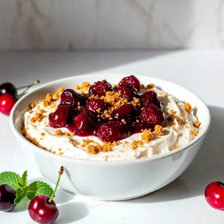 To make this easy cherry cheesecake dip, gather these items: - 8 oz cream cheese, softened - 1 cup powdered sugar - 1 teaspoon vanilla extract - 1 cup heavy whipping cream - 1 cup cherry pie filling - 1 cup graham cracker crumbs - Fresh cherries and mint leaves for garnish (optional) You can swap some ingredients if needed: - Use Greek yogurt instead of cream cheese for a lighter dip. - Replace powdered sugar with regular sugar, but it may not blend as smoothly. - If you don’t have heavy cream, use whipped topping for a different texture. - Fresh cherries can replace cherry pie filling if you want a fresh taste. To prepare the dip, you will need: - A large mixing bowl - An electric mixer for easy blending - A separate bowl for whipping cream - A spatula for folding the mixtures - A serving bowl for presentation This list helps ensure you have everything ready. Enjoy the fun of making this dip! {{ingredient_image_1}} To start, gather your ingredients. You will need 8 oz of softened cream cheese, 1 cup of powdered sugar, 1 teaspoon of vanilla extract, and 1 cup of heavy whipping cream. Also, have 1 cup of cherry pie filling and 1 cup of graham cracker crumbs ready. Optional garnishes are fresh cherries and mint leaves. 1. In a large mixing bowl, beat the cream cheese with an electric mixer. Mix until smooth and creamy. 2. Gradually add the powdered sugar and vanilla extract. Keep mixing until well combined. Next, let's whip the heavy cream. In a separate bowl, whip 1 cup of heavy cream until stiff peaks form. This step is key for a light texture. 1. Once the cream is ready, gently fold it into the cream cheese mixture. Use a spatula for this step. 2. Be careful not to deflate the whipped cream. The mix should stay fluffy and light. Now it’s time to assemble your dip. Transfer the mixture into a serving bowl and smooth the top. 1. Spoon the cherry pie filling over the dip. Spread it evenly across the surface. 2. Sprinkle the graham cracker crumbs on top for a nice crunch. 3. Chill the dip in the refrigerator for at least 30 minutes. This helps the flavors meld together nicely. When you're ready to serve, you can enjoy this dip with sliced fruits, pretzels, or more graham crackers. For a lovely touch, garnish with fresh cherries and mint leaves. To get the best texture for your cherry cheesecake dip, start with softened cream cheese. It should feel like butter. Beat it well until it is smooth. This step helps mix in the powdered sugar easily. When you whip the cream, stop when you see stiff peaks. This means the cream is ready. Gently fold the whipped cream into the cream cheese mix. Be careful not to stir too hard; you want to keep it light and fluffy. This lightness makes the dip feel rich and creamy in your mouth. If you have leftovers, store them in an airtight container. This keeps the dip fresh and tasty. Place it in the fridge right away. It will stay good for about three days. When you want to eat it again, give it a stir. If it looks thick, you can add a bit of heavy cream to bring back its smoothness. Never freeze this dip, as it can change the texture. To make your dip look great, use a nice serving bowl. Spread the cherry pie filling evenly on top. Then sprinkle graham cracker crumbs for crunch. For extra flair, add fresh cherries and mint leaves on top. You can also serve it with sliced fruits, pretzels, or graham crackers. This gives your guests a fun way to dip into the cheesecake delight. A colorful presentation makes it even more inviting! Pro Tips Use Room Temperature Cream Cheese: This ensures a smooth and creamy texture without lumps in your dip. Chill Before Serving: Letting the dip chill for at least 30 minutes allows the flavors to meld beautifully. Experiment with Toppings: Feel free to add crushed nuts or chocolate shavings for an extra layer of flavor and texture. Use Fresh Ingredients: Opt for fresh cherries and high-quality vanilla extract to elevate the overall taste of the dip. {{image_2}} You can easily change the flavor of this dip. Try adding chocolate for a rich twist. Just mix in cocoa powder with the cream cheese. You can also use different fruit fillings. Use blueberries or strawberries for a berry burst. Each option gives a new taste to your dip! Cherry cheesecake dip pairs well with many snacks. Sliced fruits like apples and bananas add a fresh touch. Pretzels give a nice crunch and saltiness. You can also serve it with graham crackers for that classic cheesecake vibe. Mix and match to find your favorite combo! Make this dip festive for holidays. For Thanksgiving, add pumpkin spice to the cream cheese mixture. For Christmas, use crushed peppermint in the graham cracker topping. You can also decorate the top with red and green fruit for a holiday look. These fun tweaks make your dip a special treat! To keep your cherry cheesecake dip fresh, store it in an airtight container. Place a lid on tightly. This helps keep out air and moisture. Store the dip in the refrigerator. It will stay cool and safe to eat. Avoid keeping it at room temperature for long. This dip tastes best chilled. Cherry cheesecake dip can last in the fridge for about 3 to 5 days. If you notice any change in smell or texture, throw it away. Use your senses to check for freshness. It's a good idea to label the container with the date you made it. This helps you track how long it has been stored. You can freeze cherry cheesecake dip, but it may change texture. To freeze, place the dip in a freezer-safe container. Leave some space at the top for expansion. Seal it well and label it. It can last about 2 months in the freezer. When you’re ready to eat it, thaw it in the fridge overnight. After thawing, stir it gently to restore some creaminess. If your dip is too thick, you can fix it easily. Just add a splash of milk or cream. Mix it in slowly until you reach your desired consistency. This will help make it creamy and smooth again. You can also whip in a bit more heavy cream. This adds air and lightens the dip. Taste it after adding to ensure the flavor stays great. Yes, you can use fresh cherries! Just pit and chop them up. Toss them with a little sugar to bring out their sweetness. This will make them juicy and tasty. Fresh cherries add a nice touch and a pop of color. They also give a fresh flavor that is hard to resist. Use them on top of the dip as a fun and healthy option. You can safely leave the dip out for about two hours. If it is warm, it may spoil faster. Keep an eye on it, especially if the room is hot. After two hours, it's best to put it back in the fridge. This keeps it fresh and safe to eat. Remember, you want your guests to enjoy it at its best! We covered the key ingredients for your dip, plus helpful substitutions and tools. You learned the step-by-step instructions for preparation, mixing, and chilling. I shared tips for the best texture, smart storage, and fun presentation ideas. You also explored flavor variations and serving suggestions, making it easy to customize your dip. Finally, we discussed storage info and answered common questions. Enjoy making this dip your own, and impress your friends with your tasty creations!