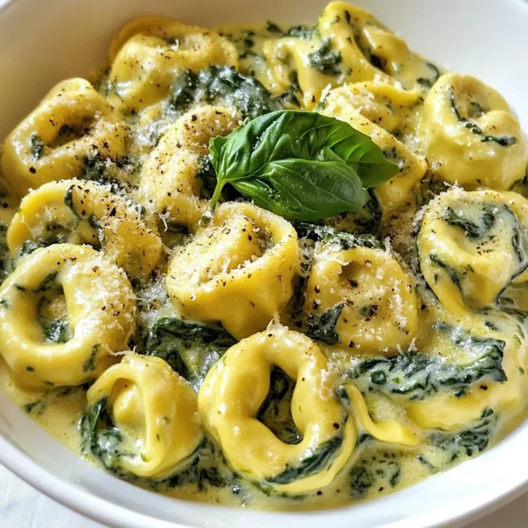 To make a tasty Creamy Spinach Tortellini Skillet, you need a few key items. Here’s what you will need: - 9 oz cheese tortellini (fresh or frozen) - 2 tablespoons olive oil - 3 cloves garlic, minced - 4 cups fresh spinach, roughly chopped - 1 cup heavy cream - 1/2 cup grated Parmesan cheese - 1 teaspoon Italian seasoning - Salt and pepper to taste - Red pepper flakes (optional, for heat) - Fresh basil leaves for garnish These ingredients create a creamy and flavorful dish that is quick to make. You can use either fresh or frozen tortellini. Fresh tortellini cooks faster and has a nice texture. It also has a rich flavor. Frozen tortellini is a great option for busy nights. It is easy to store and cooks well too. Just follow the package instructions for cooking. Both types work well in this dish, so choose what you prefer. You can add a few extra ingredients to boost flavor. For a bit of heat, add red pepper flakes. If you want a richer taste, try adding more Parmesan cheese. You could also mix in some sun-dried tomatoes or mushrooms. These additions make the dish even more exciting and tasty. Feel free to experiment with what you like. {{ingredient_image_1}} Start by heating two tablespoons of olive oil in a large skillet over medium heat. Once the oil is hot, add three minced garlic cloves. Cook the garlic for about one minute. You want it to be fragrant but not browned. Next, add four cups of roughly chopped spinach to the skillet. Sauté the spinach until it wilts, which takes about two to three minutes. This base gives the dish a strong flavor and nice color. While you cook the spinach and garlic, prepare the tortellini. You can use fresh or frozen cheese tortellini. Cook it according to the package instructions in a pot of boiling water. This usually takes about three to five minutes. Once it’s ready, drain it and set it aside. The tortellini will soak up the creamy sauce later. After the spinach has wilted, stir in one cup of heavy cream. Then add half a cup of grated Parmesan cheese and one teaspoon of Italian seasoning. Let the mixture simmer for three to four minutes. It will thicken and become creamy. Now, gently add the cooked tortellini to the skillet. Toss everything together to coat the tortellini with the creamy sauce. Season with salt, pepper, and red pepper flakes if you like some heat. Cook for an additional two minutes to warm it all up. Finally, remove the skillet from heat and garnish with fresh basil leaves. Serve this creamy dish in shallow bowls for a lovely presentation. To make the sauce creamy, use heavy cream. It gives the dish a rich texture. After adding the cream, let it simmer. This helps the sauce thicken. Stir in the grated Parmesan cheese for extra flavor. Always taste your sauce. Adjust salt and pepper to your liking. Red pepper flakes add heat. Start with a pinch if you want mild spice. You can always add more later. Mix the flakes in with the salt and pepper. This way, you control the spice. For a kick, add a teaspoon. It brings a nice balance to the creamy sauce. Presentation matters. Serve the dish in shallow bowls. This allows you to see the pretty colors. Add an extra sprinkle of Parmesan on top. A drizzle of olive oil makes it shine. Finish with fresh basil leaves for a pop of green. This not only looks good but tastes great too! Pro Tips Use Fresh Spinach: Fresh spinach adds a vibrant flavor and texture to the dish. If you can, opt for fresh over frozen for the best result. Customize the Heat: Adjust the amount of red pepper flakes according to your spice preference. You can also add some sautéed red pepper for extra color and flavor. Make it Lighter: For a lighter version, substitute heavy cream with half-and-half or a plant-based cream alternative, which still provides creaminess without the extra calories. Garnish for Flavor: Don't skip the fresh basil garnish! It not only enhances the presentation but also adds a fresh, aromatic flavor to the dish. {{image_2}} You can add protein to make this dish heartier. Grilled chicken works well. Just slice it and mix it in at the end. Shrimp is another great option. Cook it in the skillet before adding the spinach. For a plant-based option, try tofu. Press and cube it, then sauté until golden. Each option adds flavor and makes the meal more filling. If you want a twist, use different tortellini. Try spinach or mushroom tortellini for a veggie boost. You can also use whole wheat tortellini for added fiber. This keeps the dish healthy while still being tasty. Feel free to experiment with flavors that you enjoy! Incorporating seasonal veggies adds freshness. In spring, use asparagus or peas for a pop of color. In summer, add zucchini or bell peppers for crunch. Autumn calls for butternut squash or kale, while winter is great for broccoli or Brussels sprouts. Cooking these veggies with the spinach makes the dish vibrant and healthy. To keep your creamy spinach tortellini fresh, store it in an airtight container. Let it cool to room temperature before sealing. You can store it in the fridge for up to three days. Keep the tortellini and sauce mixed together for best flavor. This helps the pasta soak up the sauce. Reheating this dish is easy. You can use the microwave or a skillet. If using the microwave, place it in a bowl. Heat it on medium for one to two minutes. Stir halfway through to ensure even heating. If using a skillet, add a splash of cream. Heat it over medium heat until warm, stirring gently. To freeze creamy spinach tortellini, let it cool completely. Then, portion it into freezer-safe bags or containers. Remove as much air as possible before sealing. You can freeze it for up to two months. To thaw, move it to the fridge overnight. Reheat as mentioned above for a quick meal. Yes, you can use other pasta types. Penne, farfalle, or even shells work great. Just cook them according to the package. Then, add them to the creamy sauce just like you would with tortellini. The dish will still be tasty and filling. Absolutely! This recipe is perfect for meal prep. You can make a big batch and store it in the fridge. Just keep the tortellini and sauce separate until you're ready to eat. This helps keep the pasta from getting soggy. When you want to enjoy it, just reheat everything together. To make this dish vegan, swap out a few ingredients. Use plant-based tortellini instead of cheese tortellini. You can also replace heavy cream with coconut cream or cashew cream. For the cheese, use nutritional yeast or a vegan cheese blend. This way, you keep the creamy texture while making it vegan. In this article, we explored how to make a creamy spinach tortellini skillet. We covered key ingredients, including fresh and frozen tortellini, and optional items to boost flavor. I shared step-by-step instructions and tips for a creamy sauce. You also learned about adding protein and seasonal veggies to customize your dish. Finally, we discussed storage best practices and answered common questions. This recipe is fun, versatile, and perfect for any meal. Enjoy making it your own!