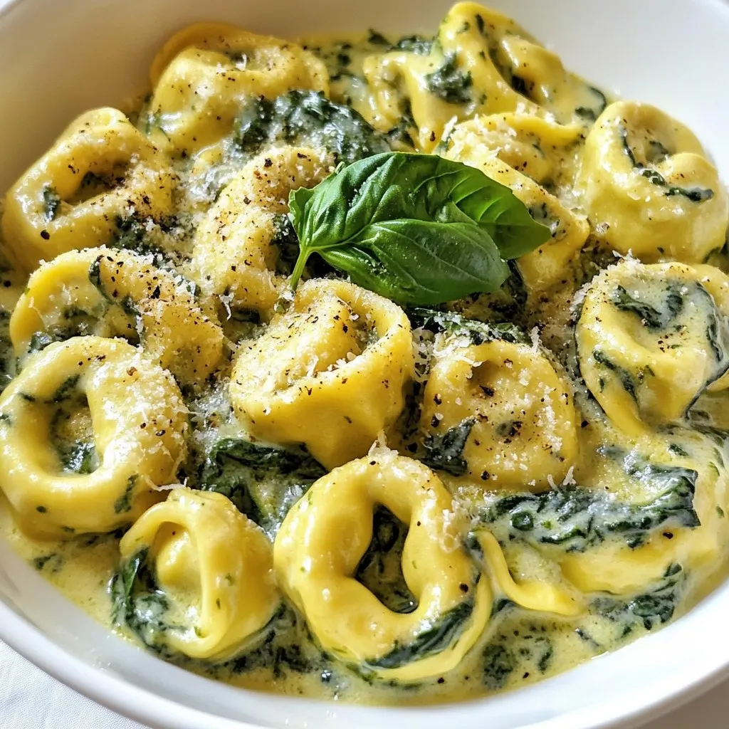 To make a tasty Creamy Spinach Tortellini Skillet, you need a few key items. Here’s what you will need: - 9 oz cheese tortellini (fresh or frozen) - 2 tablespoons olive oil - 3 cloves garlic, minced - 4 cups fresh spinach, roughly chopped - 1 cup heavy cream - 1/2 cup grated Parmesan cheese - 1 teaspoon Italian seasoning - Salt and pepper to taste - Red pepper flakes (optional, for heat) - Fresh basil leaves for garnish These ingredients create a creamy and flavorful dish that is quick to make. You can use either fresh or frozen tortellini. Fresh tortellini cooks faster and has a nice texture. It also has a rich flavor. Frozen tortellini is a great option for busy nights. It is easy to store and cooks well too. Just follow the package instructions for cooking. Both types work well in this dish, so choose what you prefer. You can add a few extra ingredients to boost flavor. For a bit of heat, add red pepper flakes. If you want a richer taste, try adding more Parmesan cheese. You could also mix in some sun-dried tomatoes or mushrooms. These additions make the dish even more exciting and tasty. Feel free to experiment with what you like. {{ingredient_image_1}} Start by heating two tablespoons of olive oil in a large skillet over medium heat. Once the oil is hot, add three minced garlic cloves. Cook the garlic for about one minute. You want it to be fragrant but not browned. Next, add four cups of roughly chopped spinach to the skillet. Sauté the spinach until it wilts, which takes about two to three minutes. This base gives the dish a strong flavor and nice color. While you cook the spinach and garlic, prepare the tortellini. You can use fresh or frozen cheese tortellini. Cook it according to the package instructions in a pot of boiling water. This usually takes about three to five minutes. Once it’s ready, drain it and set it aside. The tortellini will soak up the creamy sauce later. After the spinach has wilted, stir in one cup of heavy cream. Then add half a cup of grated Parmesan cheese and one teaspoon of Italian seasoning. Let the mixture simmer for three to four minutes. It will thicken and become creamy. Now, gently add the cooked tortellini to the skillet. Toss everything together to coat the tortellini with the creamy sauce. Season with salt, pepper, and red pepper flakes if you like some heat. Cook for an additional two minutes to warm it all up. Finally, remove the skillet from heat and garnish with fresh basil leaves. Serve this creamy dish in shallow bowls for a lovely presentation. To make the sauce creamy, use heavy cream. It gives the dish a rich texture. After adding the cream, let it simmer. This helps the sauce thicken. Stir in the grated Parmesan cheese for extra flavor. Always taste your sauce. Adjust salt and pepper to your liking. Red pepper flakes add heat. Start with a pinch if you want mild spice. You can always add more later. Mix the flakes in with the salt and pepper. This way, you control the spice. For a kick, add a teaspoon. It brings a nice balance to the creamy sauce. Presentation matters. Serve the dish in shallow bowls. This allows you to see the pretty colors. Add an extra sprinkle of Parmesan on top. A drizzle of olive oil makes it shine. Finish with fresh basil leaves for a pop of green. This not only looks good but tastes great too! Pro Tips Use Fresh Spinach: Fresh spinach adds a vibrant flavor and texture to the dish. If you can, opt for fresh over frozen for the best result. Customize the Heat: Adjust the amount of red pepper flakes according to your spice preference. You can also add some sautéed red pepper for extra color and flavor. Make it Lighter: For a lighter version, substitute heavy cream with half-and-half or a plant-based cream alternative, which still provides creaminess without the extra calories. Garnish for Flavor: Don't skip the fresh basil garnish! It not only enhances the presentation but also adds a fresh, aromatic flavor to the dish. {{image_2}} You can add protein to make this dish heartier. Grilled chicken works well. Just slice it and mix it in at the end. Shrimp is another great option. Cook it in the skillet before adding the spinach. For a plant-based option, try tofu. Press and cube it, then sauté until golden. Each option adds flavor and makes the meal more filling. If you want a twist, use different tortellini. Try spinach or mushroom tortellini for a veggie boost. You can also use whole wheat tortellini for added fiber. This keeps the dish healthy while still being tasty. Feel free to experiment with flavors that you enjoy! Incorporating seasonal veggies adds freshness. In spring, use asparagus or peas for a pop of color. In summer, add zucchini or bell peppers for crunch. Autumn calls for butternut squash or kale, while winter is great for broccoli or Brussels sprouts. Cooking these veggies with the spinach makes the dish vibrant and healthy. To keep your creamy spinach tortellini fresh, store it in an airtight container. Let it cool to room temperature before sealing. You can store it in the fridge for up to three days. Keep the tortellini and sauce mixed together for best flavor. This helps the pasta soak up the sauce. Reheating this dish is easy. You can use the microwave or a skillet. If using the microwave, place it in a bowl. Heat it on medium for one to two minutes. Stir halfway through to ensure even heating. If using a skillet, add a splash of cream. Heat it over medium heat until warm, stirring gently. To freeze creamy spinach tortellini, let it cool completely. Then, portion it into freezer-safe bags or containers. Remove as much air as possible before sealing. You can freeze it for up to two months. To thaw, move it to the fridge overnight. Reheat as mentioned above for a quick meal. Yes, you can use other pasta types. Penne, farfalle, or even shells work great. Just cook them according to the package. Then, add them to the creamy sauce just like you would with tortellini. The dish will still be tasty and filling. Absolutely! This recipe is perfect for meal prep. You can make a big batch and store it in the fridge. Just keep the tortellini and sauce separate until you're ready to eat. This helps keep the pasta from getting soggy. When you want to enjoy it, just reheat everything together. To make this dish vegan, swap out a few ingredients. Use plant-based tortellini instead of cheese tortellini. You can also replace heavy cream with coconut cream or cashew cream. For the cheese, use nutritional yeast or a vegan cheese blend. This way, you keep the creamy texture while making it vegan. In this article, we explored how to make a creamy spinach tortellini skillet. We covered key ingredients, including fresh and frozen tortellini, and optional items to boost flavor. I shared step-by-step instructions and tips for a creamy sauce. You also learned about adding protein and seasonal veggies to customize your dish. Finally, we discussed storage best practices and answered common questions. This recipe is fun, versatile, and perfect for any meal. Enjoy making it your own!