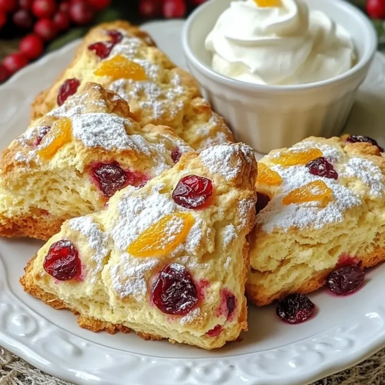 - 2 cups all-purpose flour - 1/3 cup granulated sugar - 1 tablespoon baking powder - 1/2 teaspoon salt - 1/2 cup unsalted butter, cold and cubed - 1/2 cup dried cranberries - Zest of 1 large orange - 1/2 cup heavy cream - 1 large egg - 1 teaspoon vanilla extract - 1/4 cup fresh orange juice What can I use instead of all-purpose flour? You can use whole wheat flour for a heartier scone. Almond flour works too, but your scones may need more structure. What can I substitute for sugar? Try honey or maple syrup. Use less liquid for balance. Coconut sugar is another great option, as it adds a rich flavor. What are vegan substitutes for butter and cream? Use coconut oil or vegan butter for the butter. Almond milk or coconut cream works well instead of heavy cream. {{ingredient_image_1}} First, set your oven to 400°F (200°C). While it heats, line a baking sheet with parchment paper. This step helps the scones not stick. In a large bowl, whisk together 2 cups of all-purpose flour, 1/3 cup of sugar, 1 tablespoon of baking powder, and 1/2 teaspoon of salt. Make sure these dry ingredients mix well. This mix forms the base of your scones. In another bowl, mix 1/2 cup of heavy cream, 1 large egg, 1 teaspoon of vanilla extract, and 1/4 cup of fresh orange juice. Stir until smooth. Next, add the zest of 1 large orange. This zest adds a bright flavor to your scones. Turn the dry mix into the wet mix and stir gently. Do not overmix! The dough will be a bit crumbly. Turn it out onto a floured surface. Shape the dough into a circle about 1-inch thick. Cut the dough into 8 wedges or use a round cutter for a classic shape. Place the scones on the prepared baking sheet, leaving space between them. Bake for 15-20 minutes. They should turn lightly golden on the edges. To check, insert a toothpick into one. If it comes out clean, your scones are done. Let them cool on a wire rack for a few minutes. To make the best scones, avoid overmixing the dough. Mix until just combined. A few lumps are okay. Overmixing makes scones tough, not tender. Use proper measurement techniques for your ingredients. Always level off flour with a knife. This gives you the right amount. Too much flour can dry out your scones. You can enhance the flavors with spices. Try adding a pinch of cinnamon or nutmeg for warmth. These spices pair well with orange and cranberry. Consider flavor variations with other fruits. Dried cherries or blueberries can replace cranberries. You could also add lemon zest for a bright twist. For a lovely finish, dust your scones with powdered sugar. This adds sweetness and looks nice. Serve your scones warm with whipped cream or a fresh orange glaze. This makes a perfect treat for breakfast or tea time. Pro Tips Use Cold Butter: Make sure your butter is very cold to achieve a flaky texture in your scones. You can even freeze it for a few minutes before using. Don't Overmix: Mix the dough until just combined. Overmixing can lead to tough scones, so keep it gentle! Add Extra Zest: For an even more vibrant flavor, consider adding an extra teaspoon of orange zest to the dough or as a garnish. Experiment with Add-ins: Feel free to customize your scones by adding nuts, chocolate chips, or other dried fruits for varied flavors and textures. {{image_2}} You can switch things up with different flavors. One great option is lemon cranberry scones. Just replace the orange zest with lemon zest. This adds a bright, fresh taste. The tartness of lemon pairs well with cranberries. Another fun idea is to mix in chocolate chips. Use half the orange zest and add 1 cup of chocolate chips instead. The sweet chocolate balances the tangy orange. Each bite will feel like a treat. If you need a gluten-free option, use a gluten-free flour blend. Make sure it has a binding agent like xanthan gum. This keeps your scones from falling apart. You can still enjoy the same great flavor and texture. For those cutting back on sugar, use a sugar alternative. You can try coconut sugar or a stevia mix. These options lower the sugar content while keeping it sweet. You can add seasonal spices to make scones feel festive. A dash of nutmeg or cinnamon brings warmth to your scones. This is perfect for fall or winter gatherings. Just add about 1/2 teaspoon when mixing dry ingredients. This small change makes a big difference in flavor. For short-term storage, keep your scones in an airtight container. This helps keep them fresh. Place them in a cool, dry place for up to three days. If you want them to stay soft, wrap them in plastic wrap first. Avoid storing them in the fridge, as this can make them dry. You can freeze baked scones to enjoy later. Allow them to cool completely before freezing. Place them in a single layer on a baking sheet. Freeze until firm, then transfer them to a freezer-safe bag. They can last up to three months in the freezer. To reheat, preheat your oven to 350°F (175°C). Bake the frozen scones for about 10-15 minutes, or until warm. Homemade scones usually last about three days at room temperature. If stored in the fridge, they may last a bit longer but can dry out. Freezing extends their life to around three months, giving you more time to enjoy them! Can I use fresh cranberries instead of dried? Yes, you can use fresh cranberries. Fresh cranberries add a tart flavor. You may need to adjust the sugar since fresh cranberries are less sweet than dried ones. Use about 1/2 cup of fresh cranberries and chop them slightly for better mixing. How do I know when scones are done baking? Scones are done when they turn golden brown on the edges. Insert a toothpick in the center. If it comes out clean, your scones are ready. They should feel firm, but not hard when you touch them. What can I serve with orange cranberry scones? You can serve scones warm with butter or whipped cream. A drizzle of orange glaze adds a nice touch. They pair well with tea or coffee for a lovely breakfast or snack. Can I prepare the dough in advance? Yes, you can make the dough ahead of time. Shape it into a circle and wrap it in plastic wrap. Store it in the fridge for up to 24 hours. When ready, cut and bake them directly from the fridge. How do I adjust the recipe for high altitude baking? At high altitude, reduce the baking powder by 1/4 teaspoon. Increase the liquid by a tablespoon. You may also need to bake a little longer. Keep an eye on them as they bake. This blog post covered how to make delicious orange cranberry scones. We discussed key ingredients and offered substitutions for various diets. The step-by-step instructions gave tips for mixing and baking to achieve perfect scones every time. We shared helpful tips and tricks for enhancing flavor and presented fun variations. Remember, scones can be stored and frozen easily for later enjoyment. With these insights, you’ll create tasty treats that impress anyone. Enjoy baking your scones and exploring all the fun flavors!