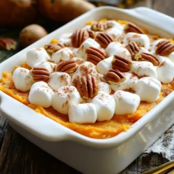 - 4 medium sweet potatoes, peeled and cubed - 1/2 cup brown sugar - 1/4 cup maple syrup - 1/4 cup unsalted butter, melted - 1 teaspoon vanilla extract - 1/2 teaspoon cinnamon - 1/4 teaspoon nutmeg - 1/4 teaspoon salt - 1 cup mini marshmallows - 1/2 cup chopped pecans (optional) - If you want less sugar, try using honey or agave syrup instead of brown sugar. - For a vegan version, use coconut oil or plant-based butter instead of regular butter. - Instead of marshmallows, you can use coconut whipped cream or a mix of nuts and dried fruits for a twist. Sweet potatoes are the star here. They add a creamy texture and a touch of sweetness. The brown sugar and maple syrup bring out their natural flavor. The spices like cinnamon and nutmeg give warmth and depth. You can even add pecans for a nice crunch. I love to use mini marshmallows. They melt perfectly and add that sweet finish. Feel free to experiment with these substitutions. Each change can lead to a new favorite version of this dish! {{ingredient_image_1}} First, you need to boil the sweet potatoes. Start with four medium sweet potatoes. Peel them and cut them into cubes. Place these cubes in a large pot and cover them with water. Bring the water to a boil and cook for about 15 to 20 minutes. You want them to be tender. You can check this by piercing them with a fork. Once cooked, drain the sweet potatoes. Then, transfer them to a large mixing bowl. Now, it's time to mash them. Use a potato masher or a fork to get a smooth texture. Make sure there are no lumps. A smooth mash gives the best mouthfeel. Now, let’s combine the flavors! Add half a cup of brown sugar, a quarter cup of maple syrup, and a quarter cup of melted unsalted butter to the mashed sweet potatoes. Next, add one teaspoon of vanilla extract, half a teaspoon of cinnamon, a quarter teaspoon of nutmeg, and a quarter teaspoon of salt. Mix everything well. I find that a sturdy spatula works well for this. You want to ensure all ingredients blend together nicely. The mixture should smell sweet and warm. This is when the magic begins! Preheat your oven to 350°F (175°C). After mixing, transfer the sweet potato mixture to a greased 9x13-inch baking dish. Spread it out evenly. Now, it’s time for the marshmallows. Sprinkle one cup of mini marshmallows on top of the sweet potato mixture. If you like, you can add half a cup of chopped pecans for extra flavor and crunch. Bake in the preheated oven for 25 to 30 minutes. Look for the marshmallows to be golden brown and slightly toasted. This is a sign that your casserole is ready. Once done, take it out and let it cool for a few minutes before serving. Enjoy the delightful flavors! To achieve the perfect mash, start with the right sweet potatoes. Use medium ones, as they have the best flavor. Boil them until they're soft, about 15 to 20 minutes. Drain them well before mashing. This keeps the mash smooth and prevents it from being watery. For even baking of marshmallows, spread them out in a single layer. This helps them brown evenly. Bake in a preheated oven at 350°F (175°C). Keep an eye on them so they don’t burn. The best accompaniments for this casserole are savory dishes. Pair it with roasted turkey or glazed ham. The sweet and savory balance makes a great meal. For plating, serve it warm in a nice dish. A sprinkle of cinnamon and a few extra pecans on top adds a festive touch. For fun, use small ramekins for individual servings. They look cute and are easy to serve. Adding spices or toppings can change the flavor. Try mixing in a pinch of ginger or allspice for warmth. You could also add chopped apples or cranberries for a fruity twist. Making it ahead of time is easy. Prepare the sweet potato mix and store it in the fridge overnight. Just add the marshmallows before baking. This saves time and makes serving a breeze. Pro Tips Perfectly Cooked Sweet Potatoes: To ensure your sweet potatoes are tender and easy to mash, check their doneness by piercing them with a fork. They should be soft but not falling apart. Customize Your Sweetness: Feel free to adjust the amount of brown sugar and maple syrup based on your personal taste preference. You can also use honey as a substitute for maple syrup. Marshmallow Topping: For an extra gooey marshmallow layer, try using larger marshmallows instead of mini ones. Just keep an eye on them while baking to prevent burning. Make-Ahead Option: You can prepare the sweet potato mixture a day in advance and store it in the refrigerator. Just add the marshmallows and bake when you're ready to serve! {{image_2}} You can make sweet potato casserole even more exciting with different flavors. Adding fruits like cranberries or apples gives it a sweet twist. The tartness of cranberries balances the sweet potatoes perfectly. Chopped apples add a fresh crunch and a hint of sweetness. You can also spice things up by adding ginger or allspice. Ginger adds warmth and a little heat, while allspice gives a cozy flavor. Just a pinch of these spices can change the whole dish. Experiment with different fruits and spices to find your favorite mix! If you need gluten-free options, this recipe works well with gluten-free ingredients. Use gluten-free brown sugar and check your maple syrup for any additives. You can also skip the pecans if you have nut allergies. The casserole still tastes great without them. For a nut-free version, you can use seeds like pumpkin seeds instead of pecans. They add a nice crunch without the allergy risk. Always check labels to ensure all your ingredients are safe for dietary needs. Adjusting the recipe for smaller or larger groups is easy. For a smaller meal, you can cut the ingredients in half. This way, you still enjoy the flavors without wasting food. For larger gatherings, simply double the recipe. When scaling ingredients, keep the cooking time similar. Make sure to check for doneness by looking for golden brown marshmallows. You can also bake in multiple smaller dishes for easy serving at big events. This way, everyone gets their own portion! After you enjoy your sweet potato casserole, let it cool. Store leftovers in an airtight container. This keeps it fresh and tasty. You can also use a glass dish with a lid. Make sure to seal it tightly. This way, it won't absorb other smells from the fridge. To freeze your casserole, cool it completely first. Then, cover it tightly with plastic wrap. After that, wrap it in aluminum foil. This double layer prevents freezer burn. When you're ready to eat it, thaw it in the fridge overnight. To reheat, place it in a preheated oven at 350°F (175°C) until warm. In the fridge, your sweet potato casserole lasts about 3 to 5 days. In the freezer, it can stay good for up to 3 months. Watch for signs of spoilage, like strange smells or mold. If it looks or smells off, it's best to toss it. Always trust your senses to keep your meals safe! Yes, you can make sweet potato casserole ahead of time. Prepare it up to the baking step. Cover it and store it in the fridge for one to two days. When ready to bake, add a few minutes to the cooking time. This makes it easy to enjoy at gatherings. You can use regular potatoes, but the taste will change. Sweet potatoes have a unique flavor. Regular potatoes will make the dish more savory than sweet. If you want a true sweet potato casserole, stick with sweet potatoes. If you want a substitute for marshmallows, try using brown sugar or maple syrup. You can also use toasted coconut or chopped pecans for crunch. These alternatives can add new flavors while keeping the dish sweet. To make sweet potato casserole gluten-free, ensure all ingredients are gluten-free. Use gluten-free vanilla extract and check your brown sugar. Most sweeteners are safe, so enjoy a tasty dish without worry. Yes, you can use fresh sweet potatoes. Just peel, cube, and boil them until tender. This gives you the best flavor and texture. Fresh sweet potatoes make the casserole even more delicious and healthy. To wrap up, we explored how to make a delightful sweet potato casserole. You learned the ingredients needed, like sweet potatoes and marshmallows. We broke down simple steps for preparing, mixing, and baking. I gave tips for perfecting flavor and texture. You also discovered ways to customize the dish and how to store leftovers properly. Sweet potato casserole can transform any meal into a feast. Enjoy tasting your delicious creation!