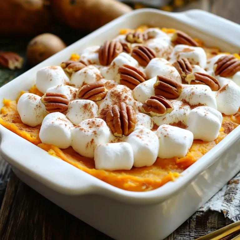 - 4 medium sweet potatoes, peeled and cubed - 1/2 cup brown sugar - 1/4 cup maple syrup - 1/4 cup unsalted butter, melted - 1 teaspoon vanilla extract - 1/2 teaspoon cinnamon - 1/4 teaspoon nutmeg - 1/4 teaspoon salt - 1 cup mini marshmallows - 1/2 cup chopped pecans (optional) - If you want less sugar, try using honey or agave syrup instead of brown sugar. - For a vegan version, use coconut oil or plant-based butter instead of regular butter. - Instead of marshmallows, you can use coconut whipped cream or a mix of nuts and dried fruits for a twist. Sweet potatoes are the star here. They add a creamy texture and a touch of sweetness. The brown sugar and maple syrup bring out their natural flavor. The spices like cinnamon and nutmeg give warmth and depth. You can even add pecans for a nice crunch. I love to use mini marshmallows. They melt perfectly and add that sweet finish. Feel free to experiment with these substitutions. Each change can lead to a new favorite version of this dish! {{ingredient_image_1}} First, you need to boil the sweet potatoes. Start with four medium sweet potatoes. Peel them and cut them into cubes. Place these cubes in a large pot and cover them with water. Bring the water to a boil and cook for about 15 to 20 minutes. You want them to be tender. You can check this by piercing them with a fork. Once cooked, drain the sweet potatoes. Then, transfer them to a large mixing bowl. Now, it's time to mash them. Use a potato masher or a fork to get a smooth texture. Make sure there are no lumps. A smooth mash gives the best mouthfeel. Now, let’s combine the flavors! Add half a cup of brown sugar, a quarter cup of maple syrup, and a quarter cup of melted unsalted butter to the mashed sweet potatoes. Next, add one teaspoon of vanilla extract, half a teaspoon of cinnamon, a quarter teaspoon of nutmeg, and a quarter teaspoon of salt. Mix everything well. I find that a sturdy spatula works well for this. You want to ensure all ingredients blend together nicely. The mixture should smell sweet and warm. This is when the magic begins! Preheat your oven to 350°F (175°C). After mixing, transfer the sweet potato mixture to a greased 9x13-inch baking dish. Spread it out evenly. Now, it’s time for the marshmallows. Sprinkle one cup of mini marshmallows on top of the sweet potato mixture. If you like, you can add half a cup of chopped pecans for extra flavor and crunch. Bake in the preheated oven for 25 to 30 minutes. Look for the marshmallows to be golden brown and slightly toasted. This is a sign that your casserole is ready. Once done, take it out and let it cool for a few minutes before serving. Enjoy the delightful flavors! To achieve the perfect mash, start with the right sweet potatoes. Use medium ones, as they have the best flavor. Boil them until they're soft, about 15 to 20 minutes. Drain them well before mashing. This keeps the mash smooth and prevents it from being watery. For even baking of marshmallows, spread them out in a single layer. This helps them brown evenly. Bake in a preheated oven at 350°F (175°C). Keep an eye on them so they don’t burn. The best accompaniments for this casserole are savory dishes. Pair it with roasted turkey or glazed ham. The sweet and savory balance makes a great meal. For plating, serve it warm in a nice dish. A sprinkle of cinnamon and a few extra pecans on top adds a festive touch. For fun, use small ramekins for individual servings. They look cute and are easy to serve. Adding spices or toppings can change the flavor. Try mixing in a pinch of ginger or allspice for warmth. You could also add chopped apples or cranberries for a fruity twist. Making it ahead of time is easy. Prepare the sweet potato mix and store it in the fridge overnight. Just add the marshmallows before baking. This saves time and makes serving a breeze. Pro Tips Perfectly Cooked Sweet Potatoes: To ensure your sweet potatoes are tender and easy to mash, check their doneness by piercing them with a fork. They should be soft but not falling apart. Customize Your Sweetness: Feel free to adjust the amount of brown sugar and maple syrup based on your personal taste preference. You can also use honey as a substitute for maple syrup. Marshmallow Topping: For an extra gooey marshmallow layer, try using larger marshmallows instead of mini ones. Just keep an eye on them while baking to prevent burning. Make-Ahead Option: You can prepare the sweet potato mixture a day in advance and store it in the refrigerator. Just add the marshmallows and bake when you're ready to serve! {{image_2}} You can make sweet potato casserole even more exciting with different flavors. Adding fruits like cranberries or apples gives it a sweet twist. The tartness of cranberries balances the sweet potatoes perfectly. Chopped apples add a fresh crunch and a hint of sweetness. You can also spice things up by adding ginger or allspice. Ginger adds warmth and a little heat, while allspice gives a cozy flavor. Just a pinch of these spices can change the whole dish. Experiment with different fruits and spices to find your favorite mix! If you need gluten-free options, this recipe works well with gluten-free ingredients. Use gluten-free brown sugar and check your maple syrup for any additives. You can also skip the pecans if you have nut allergies. The casserole still tastes great without them. For a nut-free version, you can use seeds like pumpkin seeds instead of pecans. They add a nice crunch without the allergy risk. Always check labels to ensure all your ingredients are safe for dietary needs. Adjusting the recipe for smaller or larger groups is easy. For a smaller meal, you can cut the ingredients in half. This way, you still enjoy the flavors without wasting food. For larger gatherings, simply double the recipe. When scaling ingredients, keep the cooking time similar. Make sure to check for doneness by looking for golden brown marshmallows. You can also bake in multiple smaller dishes for easy serving at big events. This way, everyone gets their own portion! After you enjoy your sweet potato casserole, let it cool. Store leftovers in an airtight container. This keeps it fresh and tasty. You can also use a glass dish with a lid. Make sure to seal it tightly. This way, it won't absorb other smells from the fridge. To freeze your casserole, cool it completely first. Then, cover it tightly with plastic wrap. After that, wrap it in aluminum foil. This double layer prevents freezer burn. When you're ready to eat it, thaw it in the fridge overnight. To reheat, place it in a preheated oven at 350°F (175°C) until warm. In the fridge, your sweet potato casserole lasts about 3 to 5 days. In the freezer, it can stay good for up to 3 months. Watch for signs of spoilage, like strange smells or mold. If it looks or smells off, it's best to toss it. Always trust your senses to keep your meals safe! Yes, you can make sweet potato casserole ahead of time. Prepare it up to the baking step. Cover it and store it in the fridge for one to two days. When ready to bake, add a few minutes to the cooking time. This makes it easy to enjoy at gatherings. You can use regular potatoes, but the taste will change. Sweet potatoes have a unique flavor. Regular potatoes will make the dish more savory than sweet. If you want a true sweet potato casserole, stick with sweet potatoes. If you want a substitute for marshmallows, try using brown sugar or maple syrup. You can also use toasted coconut or chopped pecans for crunch. These alternatives can add new flavors while keeping the dish sweet. To make sweet potato casserole gluten-free, ensure all ingredients are gluten-free. Use gluten-free vanilla extract and check your brown sugar. Most sweeteners are safe, so enjoy a tasty dish without worry. Yes, you can use fresh sweet potatoes. Just peel, cube, and boil them until tender. This gives you the best flavor and texture. Fresh sweet potatoes make the casserole even more delicious and healthy. To wrap up, we explored how to make a delightful sweet potato casserole. You learned the ingredients needed, like sweet potatoes and marshmallows. We broke down simple steps for preparing, mixing, and baking. I gave tips for perfecting flavor and texture. You also discovered ways to customize the dish and how to store leftovers properly. Sweet potato casserole can transform any meal into a feast. Enjoy tasting your delicious creation!