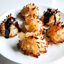 To make these tasty pineapple coconut macaroons, gather these simple items: - 2 cups sweetened shredded coconut - 1 cup crushed pineapple, drained - 1/3 cup granulated sugar - 1/4 cup all-purpose flour - 1/4 teaspoon salt - 2 large egg whites - 1 teaspoon vanilla extract - Optional: 1/2 cup dark chocolate chips (for drizzling) You can customize your macaroons easily. Here are some fun ideas: - Add 1/2 cup chopped nuts for crunch. - Mix in 1/4 teaspoon almond extract for more flavor. - Use white chocolate chips if you prefer a sweeter taste. - Add dried mango or banana for a tropical twist. If you have allergies, here are some great swaps: - Use gluten-free flour instead of all-purpose flour. - Swap egg whites with aquafaba (the liquid from canned chickpeas). - Replace sugar with coconut sugar for a lower glycemic index. - Choose dairy-free chocolate chips for a vegan option. {{ingredient_image_1}} Start by setting your oven to 325°F (160°C). This temperature helps the macaroons bake evenly. Next, grab a baking sheet and line it with parchment paper. This step keeps the macaroons from sticking. In a large bowl, combine the sweetened shredded coconut, drained crushed pineapple, granulated sugar, all-purpose flour, and salt. Make sure to mix these ingredients well. This ensures the flavors blend together nicely. In a separate bowl, whisk the egg whites with the vanilla extract. Whisk until the mixture is foamy but not stiff. This takes about one minute. The foam adds lightness to your macaroons. Now, take a tablespoon or a cookie scoop to portion out the macaroon mixture. Form small mounds and place them on the baking sheet. Space them about one inch apart to allow for some spreading during baking. Place the baking sheet in the preheated oven. Bake the macaroons for 20 to 25 minutes. They should turn golden brown on the edges. When done, let them cool on the sheet for about five minutes. Then, move them to a wire rack to cool completely. If you want to add a chocolate drizzle, melt the dark chocolate chips in the microwave. Do this in 30-second intervals, stirring in between until smooth. Once the macaroons are cool, drizzle the melted chocolate over the top using a fork. This adds a lovely touch to your treat! To make great macaroons, you need to follow some key steps. First, preheat your oven to 325°F (160°C). This helps the macaroons bake evenly. Use a mix of sweetened shredded coconut and crushed pineapple. The coconut gives texture while the pineapple adds flavor. Whisk the egg whites until they are foamy but not too stiff. This will help your macaroons rise and stay light. Gently fold the egg whites into the coconut mix. Avoid stirring too hard; you want to keep the air in the mixture. One common mistake is not draining the pineapple well. Extra juice can make your macaroons too wet. Another mistake is overmixing the egg whites. This can lead to flat macaroons that don’t hold their shape. Also, make sure you space the macaroons well on the baking sheet. If they are too close, they will stick together. The right texture is key for tasty macaroons. They should be soft inside and slightly crisp on the outside. To check for doneness, look for golden edges. If you want a firmer macaroon, bake them a little longer. Let them cool fully on a wire rack. This will help them set and maintain their shape. Pro Tips Use Fresh Ingredients: For the best flavor, use fresh pineapple instead of canned. Fresh fruit adds natural sweetness and enhances the tropical flavor. Watch the Baking Time: Every oven is different, so keep an eye on the macaroons as they bake. They should be golden brown on the edges but not overbaked to ensure they remain chewy. Chill the Mixture: If the mixture seems too runny, refrigerate it for about 15 minutes before forming the macaroons. This helps them hold their shape better during baking. Experiment with Flavors: Feel free to add a pinch of cinnamon or a splash of coconut extract for an extra depth of flavor. You can also try adding chopped nuts or dried fruit! {{image_2}} You can boost the coconut and pineapple flavors in your macaroons. Try adding a bit of coconut extract for a stronger coconut taste. For the pineapple, use fresh pineapple instead of canned. Fresh adds a bright, juicy flavor. You can also mix in some lime zest. This adds a fresh zing that pairs well with the sweet coconut. Feel free to get creative with mix-ins! You can add chopped nuts, like macadamia or almonds, for crunch. Dried fruit works great, too. Consider adding raisins or chopped apricots for a chewy texture. If you love chocolate, sprinkle chocolate chips into the mix. For toppings, drizzle melted dark chocolate over the cooled macaroons. A sprinkle of sea salt on top can also enhance the sweet and salty combo. Serve your macaroons in fun ways! You can place them on a tropical-themed platter. Pair them with fresh fruit like mango or berries. They make a great addition to a dessert table at a party. You can also serve them with a scoop of vanilla ice cream for a delightful treat. For a cozy night in, enjoy them with a cup of hot cocoa or coffee. To keep your pineapple coconut macaroons fresh, store them in an airtight container. Place a piece of parchment paper between layers to prevent sticking. This method helps keep them moist and tasty for up to a week. You can freeze these macaroons if you want to save some for later. First, let them cool completely. Then, arrange them in a single layer on a baking sheet. Freeze until firm, then transfer to a freezer-safe bag. They can last up to three months in the freezer. Always keep macaroons in a cool, dry place. Avoid exposing them to heat or sunlight. If you notice them getting dry, you can lightly mist them with water. This simple trick can help restore some moisture. For the best taste, enjoy them soon after making! Yes, you can use fresh pineapple. Just make sure to drain it well. Fresh pineapple adds a nice texture and taste. Chop it finely, so it mixes well with the coconut. To achieve a crispy outside, bake them until golden brown. You can also let them cool on a wire rack after baking. This helps air circulate around them, making them crispier. You can store leftover macaroons in an airtight container. They are great for snacks or dessert later. You can also crumble them and use them as a topping for yogurt or ice cream. Yes, these macaroons are gluten-free. The recipe uses all-purpose flour, but you can swap it for gluten-free flour. This makes it safe for those who cannot eat gluten. Pineapple Coconut Macaroons last about a week at room temperature. If you want them to last longer, store them in the fridge. They can also be frozen for up to three months. Making Pineapple Coconut Macaroons is simple and fun. I covered all the key ingredients, including substitutes for allergies. You learned step-by-step how to bake them perfectly. I shared tips to avoid common mistakes and achieve the right texture. Various flavor options and serving ideas can make each batch unique. Storing them properly helps keep them fresh longer. Enjoy experimenting with your macaroons, knowing you can customize or freeze them. Happy baking!