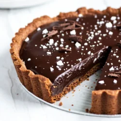 - 1 ½ cups all-purpose flour - ½ cup unsweetened cocoa powder - ½ cup powdered sugar - ½ cup unsalted butter, cold and cubed - 1 large egg yolk - 1 tablespoon ice water - 1 cup granulated sugar - ½ cup heavy cream - ½ teaspoon sea salt - 8 oz dark chocolate, chopped - 4 tablespoons unsalted butter (for ganache) - Flaky sea salt (for garnish) Making a salted caramel chocolate tart starts with gathering your ingredients. The crust needs flour, cocoa powder, powdered sugar, and cold butter. Each of these elements brings a unique taste and texture. The egg yolk and ice water help bind the dough, making it sturdy yet tender. For the salted caramel, you will need granulated sugar, heavy cream, and sea salt. The sugar melts and transforms into a sweet syrup. The heavy cream adds richness, while the sea salt balances the sweetness. The last part of the tart is the chocolate ganache. For this, you will use dark chocolate and butter. The dark chocolate creates a rich layer, while the butter makes it smooth. Finally, you can finish with flaky sea salt for that perfect salty crunch. With all these ingredients ready, you can create a stunning dessert that impresses everyone. Each bite will be a delightful mix of flavors and textures. {{ingredient_image_1}} - Mixing the dry ingredients: Start by placing 1 ½ cups of flour, ½ cup of cocoa powder, and ½ cup of powdered sugar into a bowl. Stir them together until mixed well. - Blending in butter: Add ½ cup of cold, cubed unsalted butter. Use your fingers or a pastry cutter to blend until it looks like coarse crumbs. - Forming the dough and chilling: Add one egg yolk and 1 tablespoon of ice water to the mixture. Stir until it forms a dough. If it’s too dry, add a bit more ice water. Press the dough into a 9-inch tart pan. Chill it in the fridge for at least 30 minutes. - Blind baking instructions: Preheat your oven to 350°F (175°C). Line the chilled tart shell with parchment paper, then fill it with pie weights or dried beans. Bake for 15 minutes, remove the weights, and bake for another 10-12 minutes until set. Let it cool completely. - Melting the sugar: In a medium saucepan, place 1 cup of granulated sugar over medium heat. Stir constantly until it melts and turns a deep amber color. Be careful not to burn it. - Incorporating cream and salt: Once the sugar is melted, remove it from the heat. Slowly whisk in ½ cup of heavy cream. It will bubble up, so stir carefully. Add ½ teaspoon of sea salt and mix until smooth. Let it cool slightly. - Melting chocolate and butter: In another saucepan, combine 8 oz of chopped dark chocolate and 4 tablespoons of unsalted butter. Heat gently while stirring until melted and smooth. - Combining with caramel: Pour the cooled caramel sauce into the tart crust. Then, carefully pour the chocolate ganache on top. Use a spatula to spread it evenly. - Layering caramel and ganache in the tart crust: Start with the caramel layer, then add the chocolate ganache. Make sure it looks nice and even. - Chilling for set time: Place the tart in the refrigerator for at least 2 hours. This will help everything set properly and give it the perfect texture. To make the best caramel, be careful with your sugar. - Avoiding crystallization: Stir the sugar constantly while it melts. If you see crystals forming, add a drop of lemon juice. This helps keep the sugar smooth. - Achieving the ideal color: Look for a deep amber shade. This means your caramel is ready. The color adds flavor, so keep an eye on it! A soggy crust can ruin your tart. Let's avoid that! - Importance of blind baking: Always blind bake your crust. This means baking it empty first. It helps set the crust and keeps it crisp. - Chilling tips: Chill the crust before baking. Cold dough bakes better and stays firm. A beautiful tart needs some flair! - Garnishing with sea salt: Sprinkle flaky sea salt on top. It enhances the caramel flavor and adds a nice crunch. - Additional topping suggestions: Try adding chocolate shavings or a dollop of whipped cream. Fresh raspberries also make a stunning touch. Pro Tips Chill the Dough: Chilling the tart crust dough for at least 30 minutes helps prevent shrinkage during baking and ensures a flaky texture. Watch the Caramel: When making the caramel, closely monitor the sugar as it melts. Once it starts to change color, reduce the heat to prevent burning. Use Quality Chocolate: For the best flavor, choose high-quality dark chocolate, preferably with a cocoa content of 70% or higher. Let it Set: Allow the tart to chill in the refrigerator for at least 2 hours to ensure the chocolate ganache is perfectly firm before serving. {{image_2}} You can switch up the crust for your salted caramel chocolate tart. Try using almond flour for a nutty taste. You can also use whole wheat flour for a heartier crust. If you need a gluten-free option, use a gluten-free flour blend. Just make sure the blend has a good binding agent. This way, your tart will hold together well. Want to make it special? Add a hint of espresso to the chocolate ganache. It gives a rich depth of flavor that pairs well with the sweetness. You can also switch up the chocolate. Use milk chocolate for a creamier taste or white chocolate for a sweeter touch. Each choice will change the tart's flavor profile in a fun way. When it comes to toppings, you have choices! Whipped cream adds lightness and pairs well with the rich tart. On the other hand, chocolate shavings give a nice touch of elegance. You can also use seasonal fruits like raspberries or strawberries for a fresh burst. They cut through the sweetness and add color to your dessert. To keep your salted caramel chocolate tart fresh, store it in the refrigerator. Here’s how: - Place the tart in an airtight container. - If you don’t have one, cover the tart with plastic wrap. - It will stay fresh for up to 5 days in the fridge. For longer storage, you can freeze the tart: - Wrap it tightly in plastic wrap. - Then, wrap it in aluminum foil to prevent freezer burn. - The tart can last up to 2 months in the freezer. When you're ready to enjoy your tart again, follow these steps: - If frozen, let the tart thaw in the fridge overnight. - To serve, slice the tart cold or let it sit at room temperature for 20 minutes. - This helps bring out the flavors and brings a softer texture. Enjoy each bite with its rich salted caramel and dark chocolate layers! To keep your caramel smooth, watch the heat closely. Stir the sugar constantly while it melts. If it gets too hot, the caramel can harden. If it does harden, add a splash of cream and warm it gently. This helps bring it back to the right consistency. It’s all about patience and attention! Yes, you can make this tart a day or two before serving. Store it in the fridge once it’s set. Cover it with plastic wrap to keep it fresh. When ready to serve, let it sit for a few minutes at room temperature. This brings out the flavors better. You can use semi-sweet chocolate or milk chocolate if you prefer a sweeter taste. Just remember, it may change the flavor of the tart. If you choose milk chocolate, cut back on the sugar in the caramel. Taste as you go to find the right balance for you. The tart can last up to five days in the fridge. Store it in an airtight container to keep it fresh. Just remember to sprinkle flaky sea salt on top right before serving. This keeps the tart looking and tasting its best! This tart combines rich chocolate, smooth caramel, and a flaky crust. You’ve learned how to make the crust, prepare the salted caramel, and whip up chocolate ganache. Each step is easy if you follow the instructions. Remember these tips to avoid issues like hard caramel or a soggy crust. You can customize it with different flavors and toppings too! Store leftovers wisely to enjoy later. This dessert is not just a treat; it’s an experience. Enjoy creating and sharing this delicious tart with family and friends.