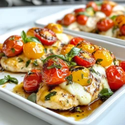 To make Bruschetta Chicken Bake, gather these simple items: - 4 boneless, skinless chicken breasts - 2 cups cherry tomatoes, halved - 1 cup fresh basil leaves, chopped - 1 clove garlic, minced - 1 tablespoon balsamic vinegar - 1 teaspoon dried oregano - 1 cup shredded mozzarella cheese - 2 tablespoons olive oil - Salt and pepper to taste - 1/4 cup grated Parmesan cheese You can swap some ingredients based on what you have: - Use diced tomatoes instead of cherry tomatoes. - Swap fresh basil with dried basil, but use less. - If you don’t have mozzarella, try provolone or gouda. - You can use lemon juice if you don’t have balsamic vinegar. - For garlic lovers, add more than one clove for extra flavor. Using fresh ingredients makes your dish shine: - Choose bright, firm cherry tomatoes. They should feel heavy for their size. - Look for basil leaves that are vibrant and not wilted. - Garlic should be firm and dry, without any soft spots. - Buy cheese from the deli for better quality. - Check the expiration date on all packaged items for freshness. {{ingredient_image_1}} First, set your oven to 375°F (190°C). This step is key for cooking the chicken and melting the cheese just right. Preheating helps the chicken bake evenly. Use an oven thermometer if you want to be extra sure. In a medium bowl, combine: - 2 cups cherry tomatoes, halved - 1 cup fresh basil leaves, chopped - 1 clove garlic, minced - 1 tablespoon balsamic vinegar - 1 teaspoon dried oregano - 2 tablespoons olive oil - Salt and pepper to taste Mix these ingredients well. Let the mixture sit for about 10-15 minutes. This allows the flavors to blend. The tomatoes will marinate and become juicy. While the tomato mixture is resting, season the chicken breasts. Use salt and pepper to taste. Place the chicken in a baking dish, laying them flat in a single layer. Spoon the marinated tomato mixture evenly over each chicken breast. Next, sprinkle shredded mozzarella cheese on top. Use about 1 cup for even coverage. Finally, add 1/4 cup of grated Parmesan cheese over the mozzarella for extra flavor. Now, your dish is ready for the oven! To get a great bake, start by preheating your oven to 375°F (190°C). This ensures even cooking. Make sure the chicken breasts are all about the same thickness. If they are uneven, pound them down a bit. This helps them cook evenly. Use a meat thermometer to check the chicken. It should reach 165°F (75°C) in the thickest part. Let it rest for a few minutes after baking. This keeps the juices locked in. Store any leftovers in an airtight container. This keeps your Bruschetta Chicken Bake fresh. Place it in the fridge if you plan to eat it within three days. For longer storage, consider freezing it. Wrap it tightly in plastic wrap and then in aluminum foil. This will help avoid freezer burn. When you're ready to eat, simply thaw it in the fridge overnight. You can easily boost the flavor of your dish. Try adding fresh herbs like thyme or parsley. They add a nice touch! For a kick, sprinkle some crushed red pepper flakes on top. Don't shy away from using different cheeses either. Feta or goat cheese can give a new twist. You can also switch up the tomatoes. Use sun-dried tomatoes for a richer taste. Enjoy experimenting with flavors! Pro Tips Use Fresh Ingredients: Always opt for fresh basil and ripe cherry tomatoes for the best flavor in your Bruschetta Chicken Bake. Let it Marinate: Allowing the tomato mixture to marinate enhances the flavors, so don't skip the 10-15 minutes of waiting time. Check Chicken Temperature: Use a meat thermometer to ensure the chicken reaches an internal temperature of 165°F (75°C) for safe and juicy results. Add a Crunch: For extra texture, consider adding some toasted pine nuts or breadcrumbs on top before baking. {{image_2}} You can make this dish even better by adding vegetables. I love to toss in bell peppers, zucchini, or spinach. Just chop them up and mix them with the tomato mixture. This adds color and makes the meal even healthier. You can also use frozen veggies if you’re short on fresh ones. Just remember to thaw and drain them first. Cheese can change the flavor of your Bruschetta Chicken Bake. While mozzarella is classic, you can try provolone or gouda for a twist. For a sharper taste, use cheddar or feta cheese. You can even mix different cheeses! Just sprinkle them on top as you layer the chicken. If you like heat, add some crushed red pepper flakes to the tomato mix. You can also use jalapeños for a fresh kick. If you prefer mild flavors, leave the spices out. Adjusting spice levels allows everyone to enjoy this dish. You can always serve hot sauce on the side for those who want more heat. After cooking, let the Bruschetta Chicken Bake cool down. Place it in an airtight container. Store it in the fridge. It will stay fresh for about 3 to 4 days. To keep it tasty, avoid stacking the chicken. This will prevent the cheese from sticking. You can freeze the leftovers for later. First, let the dish cool completely. Cut the chicken into portions. Use freezer-safe containers or bags. Label them with the date. This dish can last up to 3 months in the freezer. When you’re ready to eat, thaw it in the fridge overnight. To reheat, place the chicken in a baking dish. Cover it with foil to keep it moist. Heat it in the oven at 350°F (175°C) for about 20 minutes. Check that the chicken is hot all the way through. You can also use the microwave if you're in a hurry. Just heat it for 1-2 minutes and check often. Yes, you can use chicken thighs. They add more flavor and stay juicy. Just adjust the cooking time. Thighs may need a bit longer than breasts. Aim for an internal temperature of 165°F (75°C). This ensures they are safe to eat. To check if the chicken is done, use a meat thermometer. Insert it into the thickest part. The chicken should reach 165°F (75°C). If you don’t have a thermometer, cut into the chicken. The meat should be white, with no pink. Juices should run clear. Yes! You can make a vegetarian version. Replace chicken with thick slices of eggplant or zucchini. Prepare the tomato mixture the same way. Bake the veggies until tender. This gives you a tasty, meat-free option. Enjoy the same flavors without the meat! This blog post covered key ingredients for the Bruschetta Chicken Bake and offered great substitutions. You learned step-by-step instructions to make it easier and tips for the perfect bake. We discussed how to store leftovers and gave variations to suit your taste. Remember, cooking should be fun and tasty. Use fresh ingredients, get creative, and enjoy every bite. With these tips, you’ll make a dish to impress!