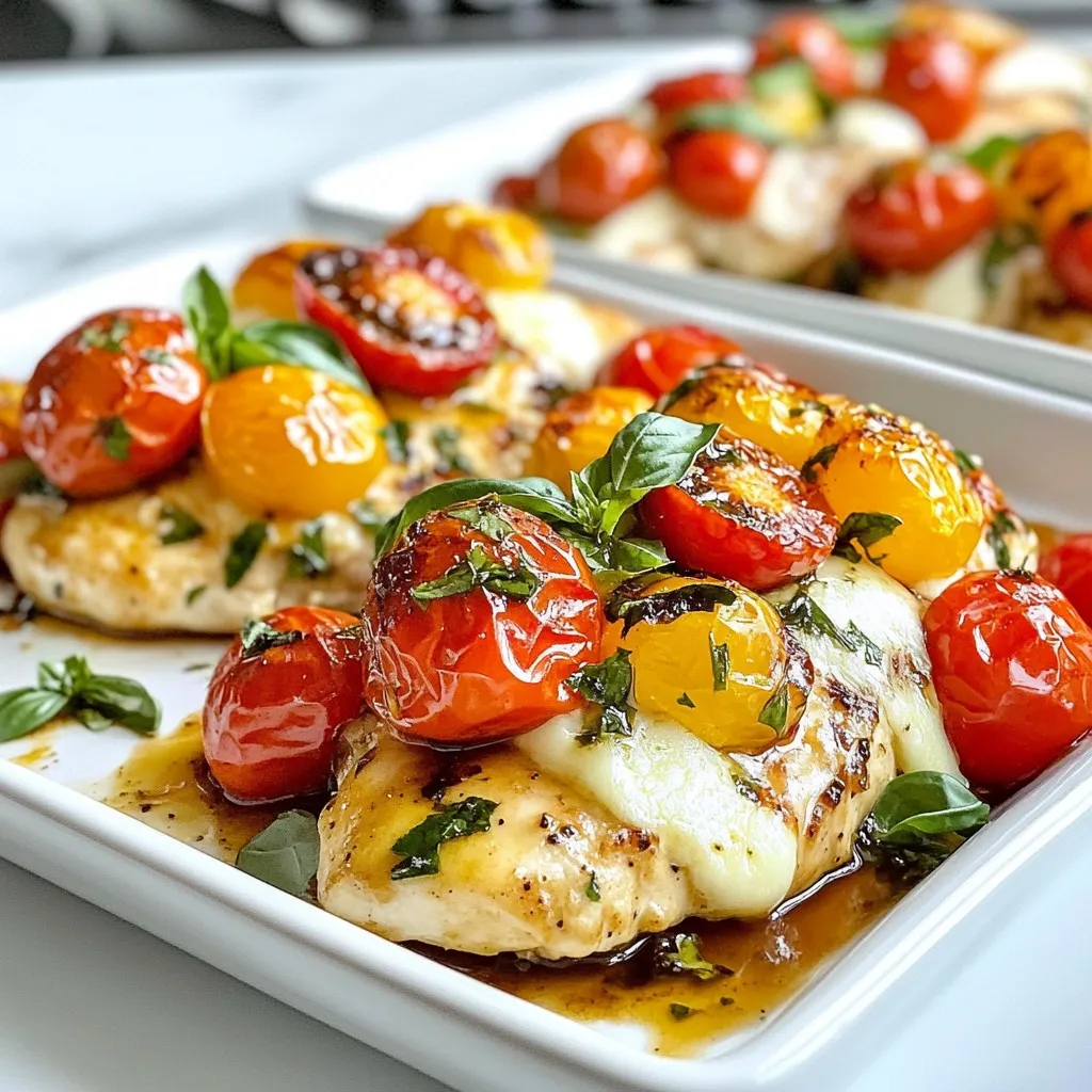 To make Bruschetta Chicken Bake, gather these simple items: - 4 boneless, skinless chicken breasts - 2 cups cherry tomatoes, halved - 1 cup fresh basil leaves, chopped - 1 clove garlic, minced - 1 tablespoon balsamic vinegar - 1 teaspoon dried oregano - 1 cup shredded mozzarella cheese - 2 tablespoons olive oil - Salt and pepper to taste - 1/4 cup grated Parmesan cheese You can swap some ingredients based on what you have: - Use diced tomatoes instead of cherry tomatoes. - Swap fresh basil with dried basil, but use less. - If you don’t have mozzarella, try provolone or gouda. - You can use lemon juice if you don’t have balsamic vinegar. - For garlic lovers, add more than one clove for extra flavor. Using fresh ingredients makes your dish shine: - Choose bright, firm cherry tomatoes. They should feel heavy for their size. - Look for basil leaves that are vibrant and not wilted. - Garlic should be firm and dry, without any soft spots. - Buy cheese from the deli for better quality. - Check the expiration date on all packaged items for freshness. {{ingredient_image_1}} First, set your oven to 375°F (190°C). This step is key for cooking the chicken and melting the cheese just right. Preheating helps the chicken bake evenly. Use an oven thermometer if you want to be extra sure. In a medium bowl, combine: - 2 cups cherry tomatoes, halved - 1 cup fresh basil leaves, chopped - 1 clove garlic, minced - 1 tablespoon balsamic vinegar - 1 teaspoon dried oregano - 2 tablespoons olive oil - Salt and pepper to taste Mix these ingredients well. Let the mixture sit for about 10-15 minutes. This allows the flavors to blend. The tomatoes will marinate and become juicy. While the tomato mixture is resting, season the chicken breasts. Use salt and pepper to taste. Place the chicken in a baking dish, laying them flat in a single layer. Spoon the marinated tomato mixture evenly over each chicken breast. Next, sprinkle shredded mozzarella cheese on top. Use about 1 cup for even coverage. Finally, add 1/4 cup of grated Parmesan cheese over the mozzarella for extra flavor. Now, your dish is ready for the oven! To get a great bake, start by preheating your oven to 375°F (190°C). This ensures even cooking. Make sure the chicken breasts are all about the same thickness. If they are uneven, pound them down a bit. This helps them cook evenly. Use a meat thermometer to check the chicken. It should reach 165°F (75°C) in the thickest part. Let it rest for a few minutes after baking. This keeps the juices locked in. Store any leftovers in an airtight container. This keeps your Bruschetta Chicken Bake fresh. Place it in the fridge if you plan to eat it within three days. For longer storage, consider freezing it. Wrap it tightly in plastic wrap and then in aluminum foil. This will help avoid freezer burn. When you're ready to eat, simply thaw it in the fridge overnight. You can easily boost the flavor of your dish. Try adding fresh herbs like thyme or parsley. They add a nice touch! For a kick, sprinkle some crushed red pepper flakes on top. Don't shy away from using different cheeses either. Feta or goat cheese can give a new twist. You can also switch up the tomatoes. Use sun-dried tomatoes for a richer taste. Enjoy experimenting with flavors! Pro Tips Use Fresh Ingredients: Always opt for fresh basil and ripe cherry tomatoes for the best flavor in your Bruschetta Chicken Bake. Let it Marinate: Allowing the tomato mixture to marinate enhances the flavors, so don't skip the 10-15 minutes of waiting time. Check Chicken Temperature: Use a meat thermometer to ensure the chicken reaches an internal temperature of 165°F (75°C) for safe and juicy results. Add a Crunch: For extra texture, consider adding some toasted pine nuts or breadcrumbs on top before baking. {{image_2}} You can make this dish even better by adding vegetables. I love to toss in bell peppers, zucchini, or spinach. Just chop them up and mix them with the tomato mixture. This adds color and makes the meal even healthier. You can also use frozen veggies if you’re short on fresh ones. Just remember to thaw and drain them first. Cheese can change the flavor of your Bruschetta Chicken Bake. While mozzarella is classic, you can try provolone or gouda for a twist. For a sharper taste, use cheddar or feta cheese. You can even mix different cheeses! Just sprinkle them on top as you layer the chicken. If you like heat, add some crushed red pepper flakes to the tomato mix. You can also use jalapeños for a fresh kick. If you prefer mild flavors, leave the spices out. Adjusting spice levels allows everyone to enjoy this dish. You can always serve hot sauce on the side for those who want more heat. After cooking, let the Bruschetta Chicken Bake cool down. Place it in an airtight container. Store it in the fridge. It will stay fresh for about 3 to 4 days. To keep it tasty, avoid stacking the chicken. This will prevent the cheese from sticking. You can freeze the leftovers for later. First, let the dish cool completely. Cut the chicken into portions. Use freezer-safe containers or bags. Label them with the date. This dish can last up to 3 months in the freezer. When you’re ready to eat, thaw it in the fridge overnight. To reheat, place the chicken in a baking dish. Cover it with foil to keep it moist. Heat it in the oven at 350°F (175°C) for about 20 minutes. Check that the chicken is hot all the way through. You can also use the microwave if you're in a hurry. Just heat it for 1-2 minutes and check often. Yes, you can use chicken thighs. They add more flavor and stay juicy. Just adjust the cooking time. Thighs may need a bit longer than breasts. Aim for an internal temperature of 165°F (75°C). This ensures they are safe to eat. To check if the chicken is done, use a meat thermometer. Insert it into the thickest part. The chicken should reach 165°F (75°C). If you don’t have a thermometer, cut into the chicken. The meat should be white, with no pink. Juices should run clear. Yes! You can make a vegetarian version. Replace chicken with thick slices of eggplant or zucchini. Prepare the tomato mixture the same way. Bake the veggies until tender. This gives you a tasty, meat-free option. Enjoy the same flavors without the meat! This blog post covered key ingredients for the Bruschetta Chicken Bake and offered great substitutions. You learned step-by-step instructions to make it easier and tips for the perfect bake. We discussed how to store leftovers and gave variations to suit your taste. Remember, cooking should be fun and tasty. Use fresh ingredients, get creative, and enjoy every bite. With these tips, you’ll make a dish to impress!