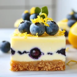 Graham cracker crust components: - 1 ¾ cups graham cracker crumbs - ½ cup unsalted butter, melted - 2 tablespoons granulated sugar These ingredients form a rich and buttery base. The graham cracker crumbs give a nice crunch. The melted butter binds everything and adds flavor. The sugar sweetens the crust just a bit. Cheesecake filling ingredients: - 16 oz cream cheese, softened - 1 cup granulated sugar - 2 large eggs - 2 tablespoons fresh lemon juice - Zest of 1 lemon - 1 teaspoon vanilla extract - Pinch of salt The cream cheese creates a smooth texture. Sugar adds sweetness. Eggs help the filling set. Fresh lemon juice and zest bring bright flavor. Vanilla extract adds warmth, and a pinch of salt enhances all the tastes. Additional flavor components: - 1 ½ cups fresh blueberries Blueberries add a burst of flavor and color. They also offer natural sweetness. Their juicy texture contrasts nicely with the creamy cheesecake. {{ingredient_image_1}} - Mixing crust ingredients: Start by preheating your oven to 350°F (175°C). In a medium bowl, combine 1 ¾ cups of graham cracker crumbs, ½ cup of melted unsalted butter, and 2 tablespoons of granulated sugar. Mix well until everything is evenly combined. - Pressing into the baking dish: Next, take this mixture and press it firmly into the bottom of a lined 9x9-inch baking dish. Use the back of a measuring cup or your hands to ensure it is packed tightly. - First baking step: Bake the crust in the preheated oven for 10 minutes. When it’s done, remove it from the oven and let it cool slightly. - Beating the cream cheese and sugar: In a large mixing bowl, beat 16 oz of softened cream cheese with 1 cup of granulated sugar. Use an electric mixer on medium speed until the mixture is smooth and creamy. - Incorporating the eggs and flavorings: Add 2 large eggs, one at a time. Make sure to beat well after each addition. Then, mix in 2 tablespoons of fresh lemon juice, the zest of 1 lemon, and 1 teaspoon of vanilla extract until fully combined. - Folding in blueberries: Gently fold in 1 ½ cups of fresh blueberries with a spatula. Be careful not to crush the blueberries as you mix. - Pouring filling over crust: Pour the cheesecake mixture over the cooled crust. Spread it out evenly with a spatula. - Baking instructions: Bake in the oven for 30-35 minutes. The edges should be set, and the center should still jiggle a bit when done. - Cooling and chilling time: After baking, let the cheesecake cool completely at room temperature. Then, refrigerate it for at least 4 hours or until fully chilled and set. When ready, lift the cheesecake bars out of the dish using the overhanging parchment paper. Cut into squares for serving. Overmixing the filling Overmixing can add too much air to your filling. This can create cracks as it bakes. Mix just until smooth and creamy. Stop once the ingredients blend well. Baking time adjustments Every oven works a bit differently. Keep an eye on your bars as they bake. If they seem too jiggly, give them a few extra minutes. You want the edges firm and the center soft. Alternative crust options If you want a twist, try using crushed cookies for the crust. Oreos or gingersnaps can add fun flavors. You can also use almond flour for a different texture. Gluten-free or vegan crust ideas For a gluten-free crust, use gluten-free graham crackers. For a vegan option, swap butter with coconut oil. Both work great and still taste delicious. Presentation tips Serve your cheesecake bars chilled. To make them look pretty, sprinkle extra lemon zest on top. Add a few fresh blueberries for color and flair. Pairing ideas Pair these bars with a light, herbal tea. A scoop of vanilla ice cream also goes well. Both will enhance the lemon and blueberry flavors in the bars. Pro Tips Use Room Temperature Cream Cheese: Ensure your cream cheese is at room temperature for a smoother, creamier batter that blends easily without lumps. Don’t Overmix: When incorporating the eggs and blueberries, mix just until combined to avoid a dense texture in the cheesecake. Chill Thoroughly: Allow the cheesecake bars to chill for at least 4 hours to ensure they set properly and slice neatly. Fresh Blueberries Are Best: Use fresh blueberries for the best flavor and texture; frozen ones can release too much moisture and affect the consistency. {{image_2}} Gluten-free options To make these lemon blueberry cheesecake bars gluten-free, simply switch the graham cracker crumbs for gluten-free crumbs. Many brands offer gluten-free graham crackers or you can use ground nuts like almonds or oats. This way, you keep the great flavor while catering to gluten sensitivities. Vegan substitutions For a vegan version, replace the cream cheese with a plant-based cream cheese. You can also use flax eggs instead of regular eggs. Mix one tablespoon of ground flaxseed with three tablespoons of water. Let it sit for five minutes until it thickens. This adds a nice texture while keeping it vegan. Adding different fruits While blueberries are delicious, you can mix it up! Try raspberries, strawberries, or even peaches. Each fruit offers a unique taste. Just remember that some fruits may add extra moisture. Adjust the baking time if needed to get the right texture. Changing the citrus profile If you want a different citrus flavor, use lime or orange instead of lemon. Lime gives a fresh kick, while orange adds sweetness. Experimenting with different citrus can change the whole feel of your cheesecake bars. Mini cheesecake versions For bite-sized treats, use a mini muffin pan. Press the crust into each cup and fill with the cheesecake mix. Bake as usual, but check for doneness earlier. These mini bars are perfect for parties or gatherings. No-bake options If you want a no-bake version, skip the oven entirely! Use a similar crust and make a filling with chilled cream cheese, whipped cream, and fruit. Simply chill until firm. This method saves time and keeps things cool on hot days. After making the lemon blueberry cheesecake bars, let them cool at room temperature. Aim for a temperature around 70°F (21°C). This step helps the bars set correctly. Once they cool down, place them in the fridge for at least four hours. This chilling time makes the bars firm and tasty. For the best storage, use airtight containers. They keep the bars fresh and prevent drying out. If you don’t have one, cover the bars tightly with plastic wrap. You can also freeze the bars. Cut them into squares first, then wrap each piece in plastic wrap. Place them in a freezer bag for extra protection. This helps maintain their flavor and texture. When you store the cheesecake bars in the fridge, they can last up to one week. Just make sure they stay covered. If you freeze them, they can last for about three months. To enjoy them later, just thaw them in the fridge overnight. You’ll have a delicious treat ready to eat! Yes, you can use frozen blueberries. They work well in this recipe. However, frozen blueberries may change the texture a bit. They can make the filling a little watery. To help, thaw the blueberries first and drain excess juice. This way, you keep that nice creamy texture. If you need a cream cheese alternative, try these options: - Greek yogurt: It adds creaminess with a tangy flavor. - Ricotta cheese: This gives a lighter texture. - Silken tofu: Blend it smooth for a vegan choice. Each substitute changes the taste slightly, but they all work well in cheesecake bars. Look for these signs to check if your bars are ready: - The edges should be set and firm. - The center will still wiggle a bit. - A slight golden color appears on the edges. Once you see these cues, take them out of the oven. They will firm up as they cool. This blog post covered all the key steps to making delicious cheesecake bars. You learned about the needed ingredients, from graham crackers to blueberries. The step-by-step guide made it easy to prepare the crust and filling. We also shared helpful tips to avoid common mistakes and offered fun variations for dietary needs. In conclusion, enjoy the process of creating your cheesecake bars. Experiment with flavors and share them with others. You now have the tools to make great desserts. Happy baking!