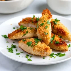 To make Parmesan Crusted Chicken Tenders, you need the following items: - 1 lb chicken tenders - 1 cup grated Parmesan cheese - 1 cup panko breadcrumbs - 2 large eggs - 1 tablespoon garlic powder - 1 teaspoon onion powder - 1 teaspoon dried oregano - Salt and pepper to taste - 2 tablespoons olive oil - Fresh parsley, chopped (for garnish) You can swap out some ingredients if needed: - Use chicken breasts cut into strips instead of chicken tenders. - If you don’t have Parmesan, try using Pecorino Romano for a similar taste. - For a gluten-free option, look for gluten-free panko breadcrumbs. - Any cooking oil can replace olive oil, like canola or avocado oil. - Fresh herbs can replace dried herbs if you have them, just use more. When buying chicken tenders, look for these signs: - Choose tenders that are pink and firm. Avoid any that look gray or slimy. - Check the sell-by date on the package. Fresh chicken should last a few days. - If possible, buy organic chicken. This often means better quality and taste. - Ask your butcher for advice. They can guide you to the best options. {{ingredient_image_1}} To start, gather your ingredients. You will need one pound of chicken tenders. Also, prepare one cup of grated Parmesan cheese and one cup of panko breadcrumbs. Grab two large eggs, garlic powder, onion powder, and dried oregano. Don’t forget salt and pepper. I like to preheat my oven to 400°F (200°C). Line a baking sheet with parchment paper for easy cleanup. In a shallow bowl, mix the grated Parmesan cheese, panko breadcrumbs, garlic powder, onion powder, dried oregano, salt, and pepper. Make sure everything is well combined. In another bowl, beat the eggs until they look smooth. Take a chicken tender and dip it into the egg mixture. Ensure it’s fully coated. Then, move it to the breadcrumb mixture. Press down so the crumbs stick well. Repeat this for each tender until they are all coated. Place the coated chicken tenders on your prepared baking sheet. Leave some space between them. Drizzle two tablespoons of olive oil over the tenders. This helps them crisp up nicely. Bake in the oven for 15-20 minutes. Keep an eye on them. You want the chicken to be cooked through and the crust to be golden brown. Once done, take them out and let them rest for a couple of minutes. Enjoy your crispy, delicious Parmesan crusted chicken tenders! To get that perfect crispy texture, use panko breadcrumbs. They create a lighter and crunchier crust. Mix them well with grated Parmesan cheese for added flavor. Make sure you coat each chicken tender fully in egg before dipping into the breadcrumb mix. Press down firmly to help the crumbs stick. Drizzling olive oil will also help them crisp up nicely in the oven. Bake them at 400°F (200°C) for a golden finish. Serve your crispy chicken tenders on a big platter. Garnish with chopped fresh parsley for a pop of color. Pair them with homemade marinara sauce or a zesty dipping sauce. This adds extra flavor and makes the meal more fun. You can also serve them with a side salad or some roasted veggies for a balanced dish. You can prepare the chicken tenders ahead of time. Coat them and store in the fridge for up to 24 hours. When you’re ready to cook, just bake them straight from the fridge. For reheating, place leftovers in the oven at 350°F (175°C). Bake for about 10-15 minutes until heated through. This keeps them crispy and tasty. Pro Tips Use Fresh Ingredients: Fresh chicken tenders will yield the best flavor and texture. Look for tenders with a pink hue and minimal visible fat. Customize Your Coating: Feel free to mix in some spices or herbs to the breadcrumb mixture for a unique flavor twist. Paprika or Italian seasoning can add a nice kick. Check for Doneness: To ensure the chicken is fully cooked, use a meat thermometer. The internal temperature should reach 165°F (75°C). Rest Before Serving: Allowing the chicken tenders to rest for a few minutes after baking helps the juices redistribute, keeping them moist and flavorful. {{image_2}} You can add more taste to your Parmesan crusted chicken tenders. Try mixing herbs into the breadcrumb mix. Fresh basil, thyme, or rosemary works great. You can also add lemon zest for a bright touch. A pinch of smoked paprika gives it a nice kick. For a cheesy twist, mix in some shredded mozzarella with the Parmesan. These small changes will make your dish pop with flavor. If you need a gluten-free version, no problem! Swap out panko breadcrumbs for gluten-free crumbs or almond flour. Both options will still give you that crispy texture. Check the Parmesan cheese label too, as some brands may add gluten. With these simple swaps, you can enjoy delicious chicken tenders without worry. For those who love heat, add spice to your chicken tenders. Mix cayenne pepper or chili powder into the breadcrumb mix. You can also marinate the chicken in hot sauce before coating. Another idea is to serve the tenders with a spicy dipping sauce, like sriracha mayo or buffalo sauce. These spicy options will make your meal exciting and full of flavor. You should store leftover Parmesan crusted chicken tenders in the fridge. Place them in an airtight container. They will stay fresh for about 3 to 4 days. Make sure the tenders cool down before sealing. This helps prevent moisture buildup, which can make them soggy. Freezing is a great option if you want to keep them longer. To freeze, let the chicken tenders cool completely. Then, wrap each tender in plastic wrap. Place the wrapped tenders in a freezer bag. They can last for up to 3 months in the freezer. For best results, label the bag with the date. To reheat, use your oven for crispiness. Preheat your oven to 375°F (190°C). Place the chicken tenders on a baking sheet. Heat them for about 10 to 15 minutes or until warm. You can also use an air fryer. Set it to 350°F (175°C) and heat for about 5 to 7 minutes. This keeps the crust crunchy and delicious. You should bake Parmesan crusted chicken tenders for 15 to 20 minutes. This time allows the chicken to cook through. The crust turns golden brown and crispy. Make sure to check if the chicken is cooked by cutting into one. If the meat is white and juices run clear, they are ready. Yes, you can use regular breadcrumbs. However, panko gives a lighter and crispier texture. Regular breadcrumbs may not provide the same crunch. If you prefer, mix both types for added texture. Adjust the seasonings to ensure every bite is full of flavor. There are many great sauces to enjoy with chicken tenders. Some popular choices include: - Homemade marinara sauce - Honey mustard - BBQ sauce - Ranch dressing - Spicy aioli Feel free to experiment with your favorites. Each sauce adds a unique twist to the tender's flavor. You’ve learned how to prepare delicious Parmesan Crusted Chicken Tenders step by step. We covered key ingredients, tips for freshness, and baking instructions to achieve a crispy texture. You'll also find serving suggestions and storage tips to enjoy later. Whether you stick to the original recipe or try fun variations, you can make these tenders your own. With this guide, you have all you need to create a satisfying meal any time you want. Enjoy your cooking adventure!
