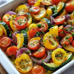 For this herb roasted vegetable medley, I choose colorful veggies. Here are my favorites: - 2 medium zucchinis, sliced into half-moons - 1 red bell pepper, chopped - 1 yellow bell pepper, chopped - 1 red onion, cut into wedges - 2 cups cherry tomatoes, halved These veggies bring a mix of textures and tastes. You can also pick other veggies like carrots or broccoli. Just remember to cut them into similar sizes for even roasting. Herbs and spices make this dish shine. Here’s what you need: - 3 cloves garlic, minced - 3 tablespoons olive oil - 1 tablespoon balsamic vinegar - 1 tablespoon dried Italian herbs (oregano, basil, thyme) - Salt and pepper to taste Garlic adds a punch of flavor. Olive oil helps to crisp the veggies. Balsamic vinegar gives a nice tang. The Italian herbs add warmth and earthiness. To make your medley even more exciting, consider these add-ins: - Fresh herbs like parsley or basil for garnish - A sprinkle of cheese, like feta or parmesan - Nuts or seeds for added crunch These extras can add more flavor and texture. Feel free to mix and match based on what you have at home. {{ingredient_image_1}} Start by washing all your veggies. For this recipe, I use zucchinis, bell peppers, red onion, and cherry tomatoes. Slice the zucchinis into half-moons. Chop the red and yellow bell peppers into bite-sized pieces. Cut the red onion into wedges. Halve the cherry tomatoes. Make sure your cuts are even. This helps them cook at the same rate. In a large mixing bowl, add all your prepared vegetables. Next, add minced garlic for flavor. Pour in three tablespoons of olive oil and one tablespoon of balsamic vinegar. This adds a nice tang. Sprinkle in dried Italian herbs, salt, and pepper. Toss everything well. You want all the veggies coated evenly. This step is key for great flavor in your dish. Preheat your oven to 425°F (220°C). Line a large baking sheet with parchment paper. Spread your vegetable mixture in a single layer on the sheet. This helps them roast better. Place the sheet in the oven and roast for 25–30 minutes. Stir the veggies halfway through. This ensures they cook evenly. Once they are tender and slightly caramelized, take them out. Let them cool for a few minutes, then garnish with fresh parsley. Enjoy your colorful and tasty medley! To roast vegetables well, start with fresh produce. Cut them into even sizes. This helps them cook at the same rate. Use a large baking sheet. Crowding the sheet makes them steam instead of roast. Always line it with parchment paper. This makes cleanup easy and helps prevent sticking. To boost flavor, use a mix of herbs. Dried Italian herbs work great, but fresh herbs shine too. Add a splash of lemon juice for brightness. You can also sprinkle some red pepper flakes for heat. A drizzle of balsamic vinegar adds sweetness and tang. Don't forget to season with salt and pepper. This step is key for bringing out the taste. Feel free to swap out vegetables based on what you like. Carrots, broccoli, and cauliflower all work well. You can even add sweet potatoes for a twist. If you want protein, toss in chickpeas or cooked chicken. This makes your dish heartier. Experiment with different herbs too, like rosemary or dill, to find your favorite mix. Enjoy the process and make it your own! Pro Tips Tip Title: Cut Uniformly: Ensure all vegetables are cut to similar sizes for even cooking and consistent texture. Tip Title: Use Fresh Herbs: For a burst of flavor, use fresh herbs instead of dried. Add them towards the end of roasting to preserve their taste. Tip Title: Don't Overcrowd the Pan: Spread the vegetables in a single layer to allow them to roast properly instead of steaming. Tip Title: Experiment with Spices: Feel free to add your favorite spices or even a pinch of red pepper flakes for a little heat. {{image_2}} You can switch up the veggies based on what’s fresh. In spring, try asparagus or peas. Summer brings options like eggplant or squash. Fall is perfect for carrots and Brussels sprouts. Winter lets you use root veggies like sweet potatoes or parsnips. Each season gives you new tastes and colors in your dish. While dried Italian herbs work well, feel free to experiment. You can use fresh rosemary for a bold taste. Thyme adds a nice earthy flavor. Dill gives a fresh twist that brightens the mix. Just remember to adjust the amount as fresh herbs are stronger than dried. To make this medley heartier, add protein. Chickpeas add a nice crunch and pair well with veggies. You can toss in cooked chicken for a filling meal. Tofu is a great option for a plant-based twist. Simply add them before roasting for a complete dish. Store your herb roasted vegetables in an airtight container. This keeps them fresh for longer. Allow the veggies to cool completely before you seal them. This step prevents condensation and sogginess. You can keep them in the fridge for up to four days. If you notice any moisture, use a paper towel to absorb it. Reheat your roasted vegetables in the oven for the best results. Set your oven to 350°F (175°C). Place the veggies on a baking sheet and heat for about 10-15 minutes. This method helps to keep them crispy. You can also use a microwave if you are short on time. Just warm them for 1-2 minutes, but they may lose some texture. You can freeze your herb roasted vegetables if you want to save them for later. First, let them cool completely. Then, spread them out on a baking sheet in a single layer. Freeze for about 1-2 hours until firm. After that, transfer them to a freezer-safe bag. They can last for up to three months. When ready to eat, thaw them in the fridge overnight before reheating. It takes about 25 to 30 minutes to roast vegetables. You want them tender and slightly brown. The oven should be set to 425°F (220°C). Check them halfway and stir to ensure even cooking. This helps all the flavors blend well. Yes, you can use fresh herbs! Fresh herbs add bright flavors. Use three times more fresh herbs than dried ones. So, if the recipe calls for 1 tablespoon of dried herbs, use 3 tablespoons of fresh herbs. Chopped basil, parsley, or thyme work great. The best vegetables for roasting include zucchinis, bell peppers, and onions. Other good choices are carrots, broccoli, and Brussels sprouts. Choose firm veggies that caramelize well. Mixing different colors and shapes makes your dish more fun and tasty. Roasting vegetables is simple and fun. Start with your vegetable selection and choose herbs that add flavor. Follow the step-by-step instructions for perfect roasting. Use the tips to enhance taste and customize your mix. Explore variations by adding seasonal veggies or proteins. Store leftovers properly so they stay fresh. Remember, roasting brings out great flavor in vegetables. Enjoy your healthy and tasty dishes!