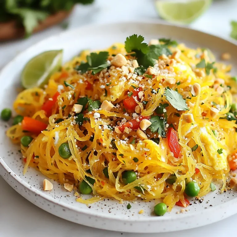 To make Spaghetti Squash Pad Thai, you'll need: - 1 medium spaghetti squash - 2 tablespoons peanut oil (or any cooking oil) - 2 cloves garlic, minced - 1 red bell pepper, julienned - 1 cup snap peas, trimmed - 2 green onions, chopped - 2 large eggs, lightly beaten - 3 tablespoons soy sauce - 2 tablespoons tamarind paste - 1 tablespoon brown sugar - 1 tablespoon lime juice - 1/4 cup crushed peanuts (for garnish) - Fresh cilantro leaves (for garnish) - Lime wedges (for serving) When measuring out ingredients, use a dry measuring cup for solids and a liquid measuring cup for liquids. This helps ensure accuracy. For the squash, look for one that feels heavy for its size. A heavier squash means more flesh. When cutting the squash, use a sharp knife. This makes it easier to slice through the tough skin. Always scoop out the seeds thoroughly. This gives you more room for the strands. If you're looking for alternatives, here are some options: - Use coconut oil instead of peanut oil for a different flavor. - Swap soy sauce with tamari for a gluten-free option. - Replace eggs with scrambled tofu for a vegan choice. - For nut allergies, skip the peanuts or use sunflower seeds instead. - Add other veggies like carrots or broccoli to boost nutrition. These substitutions keep the dish tasty while fitting your dietary needs. {{ingredient_image_1}} Start by preheating your oven to 400°F (200°C). This helps cook the squash evenly. Next, take your medium spaghetti squash and cut it in half lengthwise. Use a spoon to scoop out the seeds. They can be messy, but it's quick work. Drizzle a bit of peanut oil over the cut sides. This adds flavor and helps it roast better. Place the squash cut-side down on a baking sheet. Roast it for 30-40 minutes until it feels tender. You can check by poking it with a fork. While the squash roasts, grab a large skillet or wok. Heat 2 tablespoons of peanut oil over medium heat. Add 2 minced garlic cloves and sauté for about 1 minute. You want the garlic to be fragrant but not burnt. Now, add the julienned red bell pepper and trimmed snap peas. Stir-fry these for about 3-4 minutes. They should be tender yet still crisp. Once done, push the veggies to one side. Pour 2 lightly beaten eggs into the other side of the pan. Scramble the eggs until just set, and then mix them with the veggies. In a small bowl, whisk together 3 tablespoons of soy sauce, 2 tablespoons of tamarind paste, 1 tablespoon of brown sugar, and 1 tablespoon of lime juice. Once combined, pour this sauce over the vegetables and eggs in the skillet. Stir everything together until well mixed. Once your spaghetti squash is roasted, let it cool for a few minutes. Use a fork to scrape out the strands and add them to the skillet. Toss everything until the squash is coated in the sauce. Finally, stir in 2 chopped green onions and cook for another 2-3 minutes until heated through. Your Spaghetti Squash Pad Thai is now ready to serve! To roast spaghetti squash well, start by cutting it in half lengthwise. Scoop out the seeds with a spoon. Drizzle a little peanut oil on the cut sides. Place it cut-side down on a baking sheet. Roast at 400°F for 30 to 40 minutes. Check for tenderness by poking it with a fork. If it feels soft, it’s done. The goal is to get a nice balance of flavors. The squash should be tender but not mushy. When mixing in the sauce, ensure the squash strands are well-coated. This way, every bite is packed with flavor. The vegetables should remain crisp to add texture. Fresh lime juice brightens the dish and enhances all flavors. You don’t need fancy tools for this recipe. A sharp knife makes cutting the squash easy. A sturdy spoon helps scoop out seeds. Use a baking sheet for roasting. A large skillet or wok is best for stir-frying. Finally, a fork is essential for scraping the squash strands. These simple tools make cooking fun and easy. Pro Tips Choose the Right Squash: Select a spaghetti squash that feels heavy for its size and has a firm shell. This ensures optimal texture and flavor. Customize Your Veggies: Feel free to add or substitute any vegetables you love or have on hand, such as carrots or bean sprouts for added crunch. Perfectly Scramble Eggs: To achieve fluffy scrambled eggs, cook them on low heat and stir gently with a spatula until just set. Garnish Generously: Don’t skimp on the crushed peanuts and fresh cilantro; they add essential crunch and freshness to the dish! {{image_2}} You can easily make Spaghetti Squash Pad Thai vegetarian or vegan. Simply skip the eggs and use a plant-based sauce. I recommend using soy sauce or coconut aminos. You can also add more veggies like carrots or mushrooms. They will add great flavor and texture. This dish is naturally gluten-free if you pick the right soy sauce. Look for gluten-free soy sauce or tamari. Both work well and keep the taste awesome. Feel free to swap out the brown sugar with coconut sugar for a healthier twist. If you want to add protein, chicken or tofu works great. For chicken, use cooked and shredded pieces. For tofu, cube it and fry until golden. Add it when mixing the sauce with the veggies. This way, the protein soaks up all the delicious flavors. After you enjoy your Spaghetti Squash Pad Thai, store the leftovers in an airtight container. Make sure to let the dish cool to room temperature first. You can keep it in the fridge for up to three days. If you want to keep it longer, consider freezing it. To reheat your Pad Thai, you can use a skillet or microwave. If using a skillet, add a splash of water or oil. Heat over low to medium heat and stir often until warm. If using the microwave, place it in a microwave-safe bowl. Heat in 30-second bursts, stirring in between, until hot. For freezing, place your cooled Spaghetti Squash Pad Thai in a freezer-safe bag or container. Remove as much air as possible before sealing. It can last up to three months in the freezer. When you're ready to eat it, thaw it in the fridge overnight before reheating. Yes, you can use other squash. Zucchini or butternut squash works well. Each type will change the flavor. Choose what you like best. Spaghetti squash gives a unique texture and taste. You will know it is cooked when it is tender. When you poke it with a fork, it should feel soft. It usually takes 30 to 40 minutes to roast. After roasting, let it cool for a few minutes before scraping the strands out. You can serve this dish with lime wedges and fresh cilantro. They add great flavor and freshness. You might also enjoy it with grilled chicken or shrimp for extra protein. A simple side salad can complement the meal nicely. This blog post covered all you need to know about making Spaghetti Squash Pad Thai. We started with essential ingredients and measuring tips. Next, you learned step-by-step instructions and useful cooking tricks. We explored variations, including vegan options and proteins. Finally, we shared storage tips to keep your leftovers fresh. In conclusion, Spaghetti Squash Pad Thai is a versatile dish. With the right ingredients and techniques, you can create a healthy meal that suits your taste. Enjoy experimenting with this fun recipe!