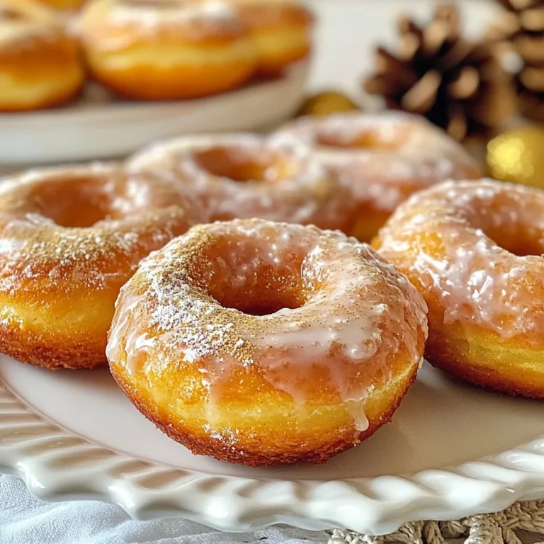 To make the perfect eggnog donuts, you need these main items: - 2 cups all-purpose flour - 1/2 cup granulated sugar - 2 teaspoons baking powder - 1/2 teaspoon ground nutmeg - 1/2 teaspoon ground cinnamon - 1/4 teaspoon salt - 3/4 cup eggnog (store-bought or homemade) - 1 large egg - 1 tablespoon vanilla extract - 1/4 cup unsalted butter, melted Each ingredient brings its own flavor and texture to the donuts. The flour gives structure. The sugars add sweetness. The spices bring warmth and aroma. Eggnog provides the festive flavor that makes these donuts special. For a sweet topping, you will need these items for the glaze: - 1 cup powdered sugar - 2 tablespoons milk The glaze gives the donuts a shiny finish. It adds sweetness and makes them look festive. Adjust the milk to get the right thickness for dipping. For extra flair, consider these fun toppings: - Extra nutmeg for dusting - Sprinkles or crushed candy canes - Shredded coconut These toppings can make your eggnog donuts even more festive. They add color and crunch, which makes them fun to eat and share. You can mix and match to find your favorite combination. {{ingredient_image_1}} Start by preheating your oven to 350°F (175°C). This step is key for even baking. Lightly grease your donut pan or use a silicone mold to prevent sticking. In a large bowl, whisk together these dry ingredients: - 2 cups all-purpose flour - 1/2 cup granulated sugar - 2 teaspoons baking powder - 1/2 teaspoon ground nutmeg - 1/2 teaspoon ground cinnamon - 1/4 teaspoon salt Mix until everything is combined. In another bowl, combine the wet ingredients: - 3/4 cup eggnog - 1 large egg - 1 tablespoon vanilla extract - 1/4 cup melted unsalted butter Whisk this mixture until smooth. Now, pour the wet ingredients into the dry mix. Stir until just combined. Remember, a few lumps are okay. Avoid overmixing, as this can make your donuts tough. Using a piping bag or a spoon, fill each donut cavity about 2/3 full with the batter. This allows space for the donuts to rise. Place the pan in your preheated oven. Bake for 10-12 minutes. Look for golden edges and check doneness with a toothpick. If it comes out clean, they are ready. Let the donuts cool in the pan for about 5 minutes. Then, transfer them to a wire rack to cool completely. While the donuts cool, prepare the glaze. In a separate bowl, whisk together: - 1 cup powdered sugar - 2 tablespoons milk Mix until smooth. You can adjust the thickness by adding more milk or powdered sugar. Once the donuts are cool, dip them in the glaze. Allow any excess to drip off. Place the glazed donuts back on the wire rack. For that festive touch, dust lightly with extra nutmeg. Let the glaze set for a few minutes before serving. Enjoy your rich and flavorful eggnog donuts! To bake great eggnog donuts, follow these simple steps: - Use fresh ingredients: Fresh flour, baking powder, and spices give the best flavor. - Measure flour correctly: Spoon flour into the measuring cup, then level it off. Too much flour makes donuts dense. - Don’t overmix: Stir the batter until just combined. A few lumps keep the donuts light. Here are some common mistakes to avoid: - Ignoring oven temp: Always preheat the oven to 350°F. This ensures even baking. - Overbaking: Check the donuts at 10 minutes. Remove them when edges are golden. - Skipping cooling time: Let the donuts cool for five minutes in the pan. This helps them hold their shape. To make baking easier, use these tools: - Donut pan: A non-stick or silicone pan helps the donuts come out easily. - Mixing bowls: Get a set of various sizes for mixing ingredients. - Whisk: A good whisk blends your wet and dry ingredients smoothly. - Piping bag: This helps fill the donut pan evenly with batter. - Wire rack: Use a wire rack for cooling. It prevents sogginess and keeps the glaze crisp. By following these tips, you’ll create delicious eggnog donuts that everyone will love! Pro Tips Use Fresh Nutmeg: For the best flavor, use freshly grated nutmeg instead of pre-ground. It adds a brighter, more aromatic quality to your donuts. Don’t Overmix: When combining wet and dry ingredients, mix just until combined. Overmixing can lead to dense donuts instead of light and fluffy ones. Check for Doneness: Every oven is different, so start checking the donuts a minute or two before the minimum baking time to avoid overbaking. Add a Flavor Twist: Experiment by adding a splash of rum or bourbon to the glaze for an extra festive touch that complements the eggnog flavor. {{image_2}} You can add fun twists to your eggnog donuts. Try adding orange zest for a bright flavor. This will give a fresh taste to your donuts. Another option is to mix in some chocolate chips. They will melt slightly, adding richness. You might also consider using flavored eggnog, like vanilla or spiced. This can enhance the flavor profile even more. Making vegan eggnog donuts is simple. Substitute the egg with a flax egg. Mix one tablespoon of flaxseed meal with three tablespoons of water. Let it sit until it thickens. For gluten-free donuts, use almond flour or a gluten-free blend. Ensure your baking powder is gluten-free too. Both options will keep the donuts moist and tasty. Toppings can make your eggnog donuts even better. A drizzle of caramel or chocolate sauce adds sweetness. You can also roll the donuts in cinnamon sugar for a festive touch. For a crunch, add chopped nuts like pecans or walnuts. Lastly, consider a sprinkle of crushed peppermint for a holiday flair. These add-ins will impress your guests and make each bite special. To keep your eggnog donuts fresh, place them in an airtight container. Make sure they cool completely before storing. This helps prevent sogginess. You can store them at room temperature for up to two days. If you want to keep them longer, refrigerate them for up to a week. If you have extra donuts, freezing is a great option. First, let the donuts cool down. Then, wrap each one in plastic wrap tightly. After that, place them in a freezer bag or container. They can stay in the freezer for up to three months. To thaw, simply take them out and leave them at room temperature for a few hours. You can also warm them in the microwave for a few seconds. For the best flavor, serve leftover eggnog donuts with a fresh glaze. You can make the glaze again by mixing powdered sugar with a little milk. Drizzle it on top before serving. If you want to add a twist, pair them with a hot cup of cocoa or spiced coffee. This makes for a cozy treat that feels festive! Yes, you can use homemade eggnog. It adds a personal touch and flavor. Just make sure it is thick and creamy. This will help the donuts stay moist. You can follow your favorite eggnog recipe. Blend eggs, milk, cream, sugar, and spices. Chill it well before using. You can make eggnog donuts without a donut pan by using a muffin tin. Just fill the muffin cups about two-thirds full. Bake them for the same time as the recipe states. They will not have the classic donut shape, but they will taste just as good. You can call them eggnog muffins instead! You can find eggnog donuts at local bakeries during the holidays. Many bakeries make them fresh. You can also check grocery stores that have a bakery section. If you want to buy online, try specialty dessert shops. Websites like Etsy often list unique treats. Make sure to check reviews for quality. Eggnog donuts bring holiday cheer and joy to any table. We explored ingredients, step-by-step baking, and tips to make them perfect. You can play with flavors and toppings, too, to create your own twist. Proper storage helps keep them fresh for longer. These delightful treats are easy to make and fun to share. So gather your ingredients and give this recipe a try. You’ll love how delicious they are!
