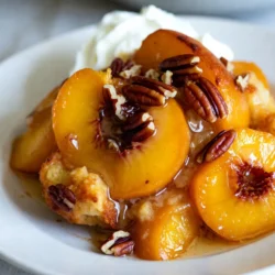 - 1 can (29 oz) sliced peaches in syrup, drained - 1 box (15.25 oz) yellow cake mix - 1 cup unsalted butter, melted - 1 teaspoon ground cinnamon - 1/2 teaspoon vanilla extract - 1/2 cup brown sugar - 1 cup chopped pecans (optional) - 1 cup whipped cream for serving (optional) You can swap some ingredients if you need. Use fresh peaches if you have them. Just slice and prepare them like the canned ones. For a gluten-free cake, use a gluten-free cake mix. You can replace brown sugar with white sugar for a lighter taste. If you want a nut-free cake, skip the pecans. You can also use margarine instead of butter. When measuring the peaches, make sure to drain them well. You want just the fruit, not the syrup. The cake mix should be leveled off in the cup for an even bake. Melt the butter so it’s warm but not hot. This helps mix well with the cake mix. For cinnamon, use a teaspoon for a warm flavor. If you like vanilla, half a teaspoon adds a nice touch. If using pecans, chop them into small pieces for better crunch. {{ingredient_image_1}} 1. First, preheat your oven to 350°F (175°C). This helps the cake bake evenly. 2. Grab a 9x13 inch baking dish. Spread the drained peaches evenly across the bottom. This creates a sweet base. 3. In a bowl, mix the yellow cake mix, ground cinnamon, and brown sugar. Make sure everything blends well for flavor. 4. Sprinkle this cake mix mixture over the peaches. It should cover them nicely. 5. Next, drizzle the melted butter on top. Try to cover the cake mix as much as you can. 6. If you want some crunch, sprinkle chopped pecans over the butter layer. 1. Place the baking dish in the preheated oven. 2. Bake for 40-45 minutes. You want the top to turn golden brown. 3. Check if it’s done by inserting a toothpick. It should come out clean when ready. 1. Once baked, take the dish out of the oven. Let it cool slightly for about 10 minutes. 2. For extra creaminess, serve warm with a dollop of whipped cream on top. This adds a nice touch to every bite. 3. Enjoy your Peach Cobbler Dump Cake with family or friends! To get the best texture, make sure you drain the peaches well. Too much syrup can make your cake soggy. When you mix the cake mix with cinnamon and brown sugar, do it gently. This keeps the mix fluffy. After baking, let it cool for a bit. This helps the cake set and makes it easier to serve. For more flavor, add a teaspoon of vanilla extract to the peaches. This gives a nice aroma. You can also sprinkle nutmeg with the cinnamon for a warm spice kick. If you like nuts, pecans add a delightful crunch. They also bring a rich flavor that pairs well with the peaches. Serve this cake warm for the best experience. A dollop of whipped cream on top makes it extra special. You can also try vanilla ice cream for a classic touch. If you're feeling adventurous, drizzle caramel sauce for added sweetness. This dessert is perfect for family gatherings or a cozy night in. Pro Tips Use Fresh Peaches: For an even more vibrant flavor, consider using fresh peaches when they are in season. Just slice and peel them before using in the recipe. Experiment with Spices: Feel free to add other spices like nutmeg or allspice to the cake mix for an extra layer of flavor. Cool Before Serving: Allow the dish to cool slightly before serving; this helps the flavors meld together and makes it easier to serve. Try Different Nuts: If you’re not a fan of pecans, walnuts or almonds can also add a delightful crunch to the topping. {{image_2}} You can switch up the peaches for other fruits. Try using sliced apples, cherries, or blueberries. Each fruit brings a unique taste to your dump cake. Apples add a nice crunch, while cherries offer a sweet-tart flavor. Blueberries burst with juice as they bake, making every bite juicy. Want a healthier twist? Use a sugar-free cake mix. You can also swap the butter for coconut oil or applesauce. This change keeps the cake moist without all the fat. If you want less sugar, you can reduce the brown sugar too. These options make it easier to enjoy without guilt. Toppings can change everything! Instead of pecans, try walnuts or almonds for crunch. You can even sprinkle oats on top for a rustic feel. For a creamy finish, serve with yogurt instead of whipped cream. Each topping adds new layers of flavor and texture to your dish. After you bake your Peach Cobbler Dump Cake, let it cool down. Cover the dish with plastic wrap or aluminum foil. Store it in the fridge for up to four days. Keeping it cold helps it stay fresh. When you are ready to eat it, just take off the cover. If you want to keep it longer, you can freeze the cake. First, let it cool completely. Cut it into pieces and wrap each piece tightly in plastic wrap. Then, place the wrapped pieces in a freezer-safe bag. You can freeze them for up to three months. When you want some, just thaw it in the fridge overnight. To reheat your Peach Cobbler Dump Cake, take a piece and place it on a plate. Heat it in the microwave for about 30 seconds. Check if it's warm enough. If not, heat it for another 10 seconds. You can also reheat it in the oven. Preheat the oven to 350°F (175°C), and heat the cake for about 10-15 minutes. Enjoy it warm, maybe with whipped cream on top! Peach Cobbler Dump Cake lasts about three to four days in the fridge. Store it in an airtight container to keep it fresh. If you want to save it longer, try freezing it. It can last up to two months in the freezer. Just thaw it in the fridge before you enjoy it again. Yes, you can use fresh peaches! Just peel and slice about five to six medium peaches. You may need to add a bit of sugar to mimic the sweetness of canned peaches. Fresh peaches give a bright flavor and a lovely texture. I love serving this cake warm with whipped cream on top. Vanilla ice cream is another great choice. You can add a sprinkle of cinnamon for extra flavor. If you want, serve it with fresh mint leaves for a fresh touch. This post covered key ingredients, step-by-step instructions, and helpful tips for making Peach Cobbler Dump Cake. You learned about ingredient swaps and how to perfect texture and flavor. Variations offer fun twists, and storage info helps keep it fresh. Remember, baking is about discovery. Experiment and have fun! Enjoy every delicious bite.