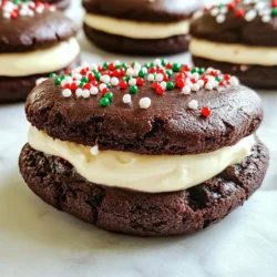 To make chocolate peppermint whoopie pies, gather these ingredients: - 1 cup all-purpose flour - 1/3 cup unsweetened cocoa powder - 1 teaspoon baking soda - 1/2 teaspoon salt - 1/2 cup unsalted butter, softened - 1 cup granulated sugar - 1 large egg - 1 teaspoon vanilla extract - 1/2 cup buttermilk - 1/2 teaspoon peppermint extract - 1 cup powdered sugar - 1/4 cup cream cheese, softened - 2 tablespoons unsalted butter, softened - 1 teaspoon peppermint extract (for frosting) - Red and green sprinkles for decoration (optional) You can swap some ingredients if needed. For butter, use coconut oil for a dairy-free option. Instead of buttermilk, mix regular milk with a splash of vinegar. If you do not have cream cheese, use mascarpone cheese instead. You can replace granulated sugar with brown sugar for a deeper flavor. For a gluten-free option, use a gluten-free flour blend. Prepare these kitchen tools before you start: - Mixing bowls - Whisk - Electric mixer - Cookie scoop - Baking sheets - Parchment paper - Spatula - Measuring cups and spoons - Piping bag or knife for frosting With these ingredients and tools, you will create delicious chocolate peppermint whoopie pies. Enjoy the festive spirit with every bite! {{ingredient_image_1}} Start by preheating your oven to 350°F (175°C). This step is key for even baking. While the oven heats, line two baking sheets with parchment paper. This helps the whoopie pies bake evenly and makes for easy cleanup later. In a medium bowl, whisk together the following dry ingredients: - 1 cup all-purpose flour - 1/3 cup unsweetened cocoa powder - 1 teaspoon baking soda - 1/2 teaspoon salt Mix these well to ensure no lumps remain. In a large bowl, beat together: - 1/2 cup unsalted butter, softened - 1 cup granulated sugar Use an electric mixer for about 2-3 minutes until light and fluffy. Next, add in one large egg, 1 teaspoon vanilla extract, and 1/2 teaspoon peppermint extract. Mix until well combined. Gradually add the dry ingredients to the wet mixture. Alternate with 1/2 cup buttermilk, starting and ending with the dry mix. Stir until smooth but do not overmix. Using a cookie scoop, drop heaping tablespoons of your batter onto the prepared baking sheets. Make sure to leave space between each dollop. Bake the whoopie pies for 10-12 minutes. They should spring back when lightly pressed. Once done, let them cool completely on wire racks before adding the frosting. To get that perfect whoopie pie texture, start with room temperature butter. This helps create a light and fluffy dough. When mixing, beat your butter and sugar for at least 2-3 minutes. This step adds air and makes your cookies soft. Use a cookie scoop for even portions. This ensures all your cookies bake evenly. Bake them until they spring back when pressed gently. If they are too hard, you may have overbaked them. For a smooth frosting, beat the cream cheese and butter well. Make sure they are at room temperature. Add the powdered sugar slowly to avoid a cloud of sugar. When adding peppermint extract, do this to taste. You want the mint flavor to be present but not overpowering. Use a piping bag for easy frosting. This gives a nice, even layer. If you don't have a piping bag, a simple spatula works great too. To make your whoopie pies festive, use sprinkles. Red and green sprinkles add a holiday touch. After frosting, sprinkle them on the sides. You can also add crushed peppermint candies for extra flavor. For a fun twist, drizzle melted chocolate on top. This adds a rich taste and a beautiful look. Serve these whoopie pies on a festive platter to impress your guests. Enjoy the smiles they bring! Pro Tips Chill the Dough: For a more structured whoopie pie, chill the batter for about 30 minutes before baking. This helps them hold their shape better during baking. Use Room Temperature Ingredients: Ensure your butter and cream cheese are at room temperature for easier blending, resulting in a smoother frosting. Don't Overmix: When combining the wet and dry ingredients, mix just until combined. Overmixing can lead to dense whoopie pies. Experiment with Fillings: Feel free to add crushed peppermint candies or chocolate chips to the frosting for an extra layer of flavor and texture! {{image_2}} You can switch up the flavor of your whoopie pies. For a mocha twist, add 1 tablespoon of instant coffee to your batter. If you love chocolate orange, mix in orange zest and a bit of orange extract. For a spiced version, try adding cinnamon or nutmeg to the batter. Making these whoopie pies gluten-free is easy. Use a gluten-free all-purpose flour blend. For a dairy-free version, replace butter with coconut oil and buttermilk with almond milk mixed with lemon juice. These swaps keep the taste and texture while meeting different dietary needs. You can make these whoopie pies festive for any holiday. For Halloween, use orange and black sprinkles. For Christmas, add crushed candy canes to the frosting for extra peppermint flavor. In spring, you can switch to lemon extract and use pastel sprinkles. Each season brings a new way to enjoy these treats! To keep your chocolate peppermint whoopie pies fresh, place them in an airtight container. This method keeps the cookies soft and the frosting creamy. You can store them at room temperature for up to three days. If you want to keep them longer, the fridge is a good option. They can last up to a week in the fridge. Freezing whoopie pies is easy! First, let them cool completely after baking. Then, wrap each pie in plastic wrap. After that, place them in a freezer-safe bag or container. They can stay frozen for up to three months. When you are ready to enjoy, let them thaw in the fridge overnight. To maintain the best flavor and texture, avoid exposing whoopie pies to air. If they dry out, they lose their taste. Always seal them tightly. For the best taste, eat them within the first week. If you freeze them, be sure to thaw slowly for the best results. Enjoy every bite! Yes, you can use different extracts. Almond or orange extracts work great. Just keep the amount the same. These changes can give your whoopie pies a unique twist. To check if they are done, gently press the tops. They should spring back. If they hold the imprint, bake a bit longer. Usually, 10-12 minutes is perfect. To soften cream cheese, leave it out for about 30 minutes. You can also microwave it for 10-15 seconds. Make sure to check so it doesn’t melt. This helps it mix smoothly in your frosting. You learned how to make delicious whoopie pies, starting with the right ingredients and tools. I shared tips for mixing, baking, and decorating them perfectly. We also covered fun variations to try, ensuring everyone can enjoy these treats. Remember, storing them well keeps them fresh for longer. Now, it’s time to gather your ingredients and have fun baking. Enjoy every bite, and share your creations with friends!
