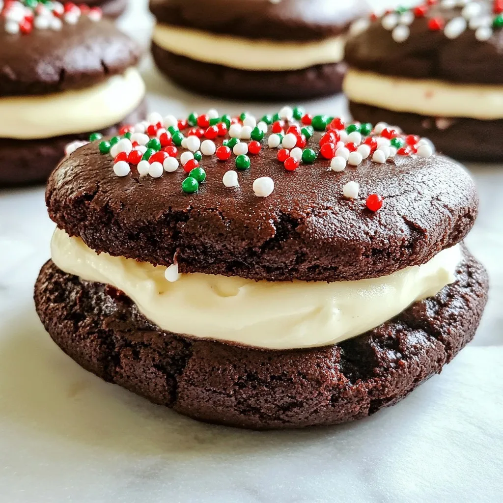 To make chocolate peppermint whoopie pies, gather these ingredients: - 1 cup all-purpose flour - 1/3 cup unsweetened cocoa powder - 1 teaspoon baking soda - 1/2 teaspoon salt - 1/2 cup unsalted butter, softened - 1 cup granulated sugar - 1 large egg - 1 teaspoon vanilla extract - 1/2 cup buttermilk - 1/2 teaspoon peppermint extract - 1 cup powdered sugar - 1/4 cup cream cheese, softened - 2 tablespoons unsalted butter, softened - 1 teaspoon peppermint extract (for frosting) - Red and green sprinkles for decoration (optional) You can swap some ingredients if needed. For butter, use coconut oil for a dairy-free option. Instead of buttermilk, mix regular milk with a splash of vinegar. If you do not have cream cheese, use mascarpone cheese instead. You can replace granulated sugar with brown sugar for a deeper flavor. For a gluten-free option, use a gluten-free flour blend. Prepare these kitchen tools before you start: - Mixing bowls - Whisk - Electric mixer - Cookie scoop - Baking sheets - Parchment paper - Spatula - Measuring cups and spoons - Piping bag or knife for frosting With these ingredients and tools, you will create delicious chocolate peppermint whoopie pies. Enjoy the festive spirit with every bite! {{ingredient_image_1}} Start by preheating your oven to 350°F (175°C). This step is key for even baking. While the oven heats, line two baking sheets with parchment paper. This helps the whoopie pies bake evenly and makes for easy cleanup later. In a medium bowl, whisk together the following dry ingredients: - 1 cup all-purpose flour - 1/3 cup unsweetened cocoa powder - 1 teaspoon baking soda - 1/2 teaspoon salt Mix these well to ensure no lumps remain. In a large bowl, beat together: - 1/2 cup unsalted butter, softened - 1 cup granulated sugar Use an electric mixer for about 2-3 minutes until light and fluffy. Next, add in one large egg, 1 teaspoon vanilla extract, and 1/2 teaspoon peppermint extract. Mix until well combined. Gradually add the dry ingredients to the wet mixture. Alternate with 1/2 cup buttermilk, starting and ending with the dry mix. Stir until smooth but do not overmix. Using a cookie scoop, drop heaping tablespoons of your batter onto the prepared baking sheets. Make sure to leave space between each dollop. Bake the whoopie pies for 10-12 minutes. They should spring back when lightly pressed. Once done, let them cool completely on wire racks before adding the frosting. To get that perfect whoopie pie texture, start with room temperature butter. This helps create a light and fluffy dough. When mixing, beat your butter and sugar for at least 2-3 minutes. This step adds air and makes your cookies soft. Use a cookie scoop for even portions. This ensures all your cookies bake evenly. Bake them until they spring back when pressed gently. If they are too hard, you may have overbaked them. For a smooth frosting, beat the cream cheese and butter well. Make sure they are at room temperature. Add the powdered sugar slowly to avoid a cloud of sugar. When adding peppermint extract, do this to taste. You want the mint flavor to be present but not overpowering. Use a piping bag for easy frosting. This gives a nice, even layer. If you don't have a piping bag, a simple spatula works great too. To make your whoopie pies festive, use sprinkles. Red and green sprinkles add a holiday touch. After frosting, sprinkle them on the sides. You can also add crushed peppermint candies for extra flavor. For a fun twist, drizzle melted chocolate on top. This adds a rich taste and a beautiful look. Serve these whoopie pies on a festive platter to impress your guests. Enjoy the smiles they bring! Pro Tips Chill the Dough: For a more structured whoopie pie, chill the batter for about 30 minutes before baking. This helps them hold their shape better during baking. Use Room Temperature Ingredients: Ensure your butter and cream cheese are at room temperature for easier blending, resulting in a smoother frosting. Don't Overmix: When combining the wet and dry ingredients, mix just until combined. Overmixing can lead to dense whoopie pies. Experiment with Fillings: Feel free to add crushed peppermint candies or chocolate chips to the frosting for an extra layer of flavor and texture! {{image_2}} You can switch up the flavor of your whoopie pies. For a mocha twist, add 1 tablespoon of instant coffee to your batter. If you love chocolate orange, mix in orange zest and a bit of orange extract. For a spiced version, try adding cinnamon or nutmeg to the batter. Making these whoopie pies gluten-free is easy. Use a gluten-free all-purpose flour blend. For a dairy-free version, replace butter with coconut oil and buttermilk with almond milk mixed with lemon juice. These swaps keep the taste and texture while meeting different dietary needs. You can make these whoopie pies festive for any holiday. For Halloween, use orange and black sprinkles. For Christmas, add crushed candy canes to the frosting for extra peppermint flavor. In spring, you can switch to lemon extract and use pastel sprinkles. Each season brings a new way to enjoy these treats! To keep your chocolate peppermint whoopie pies fresh, place them in an airtight container. This method keeps the cookies soft and the frosting creamy. You can store them at room temperature for up to three days. If you want to keep them longer, the fridge is a good option. They can last up to a week in the fridge. Freezing whoopie pies is easy! First, let them cool completely after baking. Then, wrap each pie in plastic wrap. After that, place them in a freezer-safe bag or container. They can stay frozen for up to three months. When you are ready to enjoy, let them thaw in the fridge overnight. To maintain the best flavor and texture, avoid exposing whoopie pies to air. If they dry out, they lose their taste. Always seal them tightly. For the best taste, eat them within the first week. If you freeze them, be sure to thaw slowly for the best results. Enjoy every bite! Yes, you can use different extracts. Almond or orange extracts work great. Just keep the amount the same. These changes can give your whoopie pies a unique twist. To check if they are done, gently press the tops. They should spring back. If they hold the imprint, bake a bit longer. Usually, 10-12 minutes is perfect. To soften cream cheese, leave it out for about 30 minutes. You can also microwave it for 10-15 seconds. Make sure to check so it doesn’t melt. This helps it mix smoothly in your frosting. You learned how to make delicious whoopie pies, starting with the right ingredients and tools. I shared tips for mixing, baking, and decorating them perfectly. We also covered fun variations to try, ensuring everyone can enjoy these treats. Remember, storing them well keeps them fresh for longer. Now, it’s time to gather your ingredients and have fun baking. Enjoy every bite, and share your creations with friends!