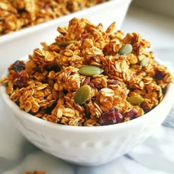 - 2 cups rolled oats - 1 cup pumpkin seeds - 1 cup chopped pecans - 1/2 cup honey or maple syrup - 1/3 cup melted coconut oil - 1 teaspoon vanilla extract - 1 tablespoon pumpkin spice mix - 1/2 teaspoon sea salt - 1/2 cup optional dried cranberries or raisins To make pumpkin spice granola clusters, you need simple, wholesome ingredients. First, gather your rolled oats. They form the base of the granola. Next, get pumpkin seeds; they add a nice crunch and nutrition. Chopped pecans bring a rich flavor and extra texture. For sweetness, you can choose either honey or maple syrup. Both work well in this recipe. You also need melted coconut oil, which helps bind the mixture. Don't forget the vanilla extract, as it enhances the overall taste. The star of the show is pumpkin spice mix. It gives the granola its warm, cozy flavor. A pinch of sea salt balances the sweetness and enhances the other flavors. Finally, for a fruity touch, add optional dried cranberries or raisins. They give a sweet burst in every bite. With these ingredients, you can create a tasty snack that is easy to make. Each step builds on the last, resulting in delicious clusters perfect for any time of day. {{ingredient_image_1}} Start by preheating your oven to 350°F (175°C). While it heats, line a baking sheet with parchment paper. This makes cleaning easy later. In a large bowl, combine 2 cups of rolled oats, 1 cup of pumpkin seeds, 1 cup of chopped pecans, and 1/2 teaspoon of sea salt. Stir the mix well. This blend gives your granola great texture and flavor. In another bowl, whisk together 1/2 cup of honey or maple syrup, 1/3 cup of melted coconut oil, 1 teaspoon of vanilla extract, and 1 tablespoon of pumpkin spice mix until smooth. This mix adds sweetness and that cozy pumpkin spice flavor. Pour the wet mix into the dry mix. Stir everything until the oats and nuts are fully coated. This step ensures each bite is tasty and flavorful. Press the mixture firmly down onto the prepared sheet. Shape it into a rectangle about 1 inch thick. Bake in the oven for 20-25 minutes. Look for a golden brown color and a lovely smell. Once baked, let the mixture cool on the baking sheet for about 10 minutes. After cooling, cut it into clusters with a sharp knife or simply break it apart with your hands. If you want, mix in 1/2 cup of dried cranberries or raisins at this stage. Finally, allow the clusters to cool completely before storing them in an airtight container. To get perfectly crisp granola, watch your bake time closely. Bake for 20 to 25 minutes at 350°F (175°C). If you like it crunchier, add a few extra minutes. Letting it cool is key too. As it cools, it will harden. Make sure to break it into clusters gently after cooling for the best texture. If you need gluten-free granola, use certified gluten-free oats. For a vegan option, swap honey for maple syrup. Both choices keep the flavor rich and sweet. You can also replace the pecans with sunflower seeds if you want a nut-free version. Store your granola in an airtight container. This helps keep it fresh and crunchy. It can last for up to two weeks at room temperature. For longer storage, try freezing it. Just divide it into smaller bags and freeze. When you want some, let it thaw at room temperature. Enjoy your snack whenever you crave it! Pro Tips Choose Your Sweetener: You can use either honey or maple syrup depending on your preference. Honey will give a slightly different flavor and is stickier, while maple syrup adds a unique taste. Press Firmly: Make sure to press the granola mixture down firmly on the baking sheet. This helps the clusters hold together better once baked. Cooling Time: Allow the granola to cool completely on the baking sheet before breaking it into clusters. This will ensure that they firm up nicely. Storage Tips: Store your granola clusters in an airtight container to keep them fresh. They can last up to two weeks at room temperature. {{image_2}} You can change the flavor of your granola clusters easily. Here are some ideas: - Cinnamon: Add a teaspoon for a warm kick. - Nutmeg: A pinch adds depth to your pumpkin spice. - Ginger: Use ground ginger for a zesty touch. - Cocoa powder: Mix in some for a chocolate twist. Experimenting with flavors makes it fun. You can find your perfect mix! Feel free to swap out nuts and seeds. Here are some tasty options: - Almonds: They add a nice crunch. - Walnuts: These offer a rich flavor. - Sunflower seeds: Great for a nut-free option. - Chia seeds: They boost nutrition and add texture. Choosing different nuts and seeds can change the taste and texture! Adjusting the sweetness is simple. Here are ways to do it: - More honey or syrup: Add a little more for a sweeter bite. - Less honey or syrup: Cut back if you prefer less sweetness. - Add dried fruits: Cranberries or raisins add natural sugar. Finding the right sweetness helps you enjoy your snack even more! I recommend using airtight containers to store your homemade granola clusters. Glass jars work well, but plastic containers are also great. Choose a container that seals tightly. This helps keep moisture out and maintains crunchiness. You can store the clusters at room temperature. They stay fresh for up to two weeks. Freezing is a smart way to keep your granola clusters longer. Place them in a freezer-safe bag or container. Make sure to squeeze out as much air as possible. This prevents freezer burn. When you want to enjoy them, take out the clusters and let them thaw at room temperature. They will taste just as good! To keep your granola fresh, check for signs of spoilage. If you notice a strange smell or mold, it's time to toss it out. Keep your granola in a cool, dry place. Direct sunlight and heat can make it go stale faster. Enjoy your tasty snack while it's fresh! To adjust for more servings, simply scale the ingredient amounts. If you want to double the recipe, use 4 cups of rolled oats and 2 cups of pumpkin seeds. Keep the ratios the same. For example, if you want to make just half, use 1 cup of oats and 1/2 cup of honey. This makes it easy to serve any number of guests! Yes, you can make this recipe without nuts. Just replace the pecans with extra pumpkin seeds or oats. You can also add seeds like sunflower or chia for crunch. The clusters still taste great, and they remain filling and healthy. This nut-free version works well for those with allergies. You can enjoy pumpkin spice granola clusters in many ways. They make a great snack on their own. You can also add them to yogurt or oatmeal for breakfast. Mixing them into smoothies gives a nice crunch, too. Try pairing them with fresh fruit for a tasty treat! Yes, you can use pumpkin puree. Replace some of the honey or maple syrup with it. For example, use 1/4 cup of puree and 1/4 cup of honey. This adds moisture but may change the texture a bit. Be sure to bake the clusters a few minutes longer to get them crispy! This blog post guides you in making delicious pumpkin spice granola clusters. You learned about the simple ingredients and step-by-step instructions for baking. Tips help you achieve the perfect crunch and adjust for dietary needs. Explore fun flavor variations and storing options to enjoy your clusters longer. Whether you enjoy them as a snack or breakfast, this granola is versatile. I hope you feel confident to try this recipe and make it your own. Enjoy your tasty creation!