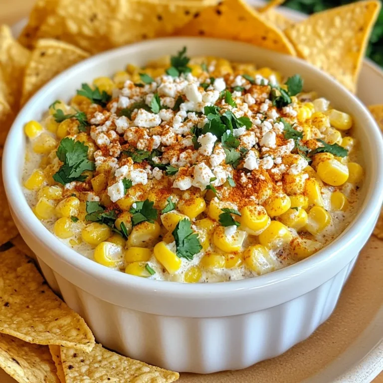 - 2 cups corn kernels (fresh or frozen) - 1 cup cream cheese, softened - 1/2 cup sour cream - 1/2 cup mayonnaise - 1 cup crumbled Cotija cheese - 1/4 cup fresh cilantro, chopped - 1 jalapeño, finely chopped - 2 tablespoons lime juice - 1 teaspoon chili powder - Salt and pepper to taste - Tortilla chips, for serving To make this dip, you start with corn. You can use fresh corn or frozen. Fresh corn gives a sweet, crisp taste. If using frozen, just thaw it first. Next, cream cheese adds richness. Make sure it’s soft for easy mixing. Sour cream and mayonnaise add creaminess too. They balance the flavors well. Cotija cheese gives that salty kick. It crumbles nicely and adds texture. Fresh cilantro adds a pop of brightness. It really lifts the flavors. The jalapeño brings heat. You can remove the seeds if you want less spice. Lime juice adds zing and freshness. Chili powder gives a warm flavor. Adjust salt and pepper to your taste. Finally, you need tortilla chips for serving. They are perfect for dipping. This mix of ingredients creates a dip that is rich and flavorful. {{ingredient_image_1}} To start, heat a medium skillet over medium heat. Add 2 cups of corn kernels. Sauté them for 5-7 minutes. You want the corn to be slightly charred. This char adds a sweet and deep flavor. Stir the corn often to get even cooking. Once done, remove it from the heat and let it cool. For the perfect char, use fresh corn if possible. If using frozen corn, thaw it first. This helps the kernels cook evenly. If you want more flavor, add a pinch of salt while sautéing. In a large bowl, combine 1 cup of softened cream cheese, 1/2 cup of sour cream, and 1/2 cup of mayonnaise. Mix them together until smooth. This step is key for a creamy dip. Use a hand mixer if you have one. It makes the job easier and faster. Make sure there are no lumps in the mixture. A smooth texture makes the dip more enjoyable. Now, add the sautéed corn to the creamy mixture. Then, incorporate 1 cup of crumbled Cotija cheese, 1/4 cup of freshly chopped cilantro, and 1 finely chopped jalapeño. Don’t forget the lime juice and 1 teaspoon of chili powder. Season with salt and pepper to taste. Stir everything well to blend the flavors. Taste the dip. If it needs more kick, add more lime juice or spices. Transfer the dip to a serving dish. For a nice touch, garnish it with extra Cotija cheese and cilantro. Serve it with tortilla chips for dipping. Enjoy the burst of flavors! Fresh corn gives the dip a sweet crunch. It tastes bright and alive. Frozen corn is a good backup if fresh is not available. Just make sure to thaw it well before cooking. When it comes to heat, jalapeños are great. They add a nice kick. If you want less heat, remove the seeds. This makes the dip mild and friendly. Taste as you go to find the right balance. A lovely dip needs a pretty look. Add more Cotija cheese on top. This gives a nice white contrast. A sprinkle of chili powder adds color and flair. Chop fresh cilantro and sprinkle it over the dip. This adds a fresh green pop. Serve the dip in a colorful bowl. Place it on a bright plate. For serving, use tortilla chips. They are perfect for dipping. You can also try veggie sticks for a healthy crunch. Enjoy the vibrant flavors and colors of your Mexican Street Corn Dip! Pro Tips Fresh Corn is Best: If possible, use fresh corn on the cob for this recipe. It enhances the sweetness and texture of the dip compared to frozen corn. Customize the Heat: Adjust the amount of jalapeño according to your spice preference. For a milder dip, remove all seeds and veins before chopping. Chill Before Serving: Allow the dip to chill in the refrigerator for at least 30 minutes before serving. This helps the flavors meld together beautifully. Garnish for Presentation: Don’t skip the garnish! A sprinkle of extra Cotija cheese, a few cilantro leaves, and a dash of chili powder make for an appealing presentation. {{image_2}} You can switch things up with this dip to keep it fresh. One great way is to add avocado. It brings a nice creaminess and a hint of green to the mix. Just mash a ripe avocado and stir it in. You can also incorporate different cheeses. Try using feta or cheddar for a new taste. Each cheese adds its own flavor twist. If you need to make this dip gluten-free, you can relax. The ingredients are mostly gluten-free already. Just double-check your mayonnaise and any other store-bought items. For a vegan version, replace the cream cheese and sour cream with cashew cream or tofu. You can blend soaked cashews with lemon juice for a great creamy texture. This way, everyone can enjoy this tasty dip! After enjoying your dip, store any leftovers in an airtight container. This keeps the dip fresh and tasty. Before sealing, make sure it cools to room temperature. You can keep it in the fridge for up to 3 days. If you want to enjoy it later, freezing is an option. Yes, you can freeze Mexican Street Corn Dip! This is a great way to save it for later. To freeze, scoop the dip into a freezer-safe container. Leave some space at the top for expansion. Seal it tightly and label it with the date. When you're ready to eat, thaw it in the fridge overnight. After thawing, stir it well before serving. You might need to add a bit more lime juice or seasoning to bring back the flavor. Yes, you can make this dip ahead of time. Prepare it a day before your event. Just store it in the fridge. The flavors will blend nicely overnight. When ready to serve, give it a quick stir. You might want to add a bit more lime juice for freshness. You can serve this dip with many tasty options. Tortilla chips are the classic choice. They provide a nice crunch. You can also use sliced veggies like carrots and bell peppers. These add color and a healthy twist. Pita chips and crackers work well too. The dip has a mild spice from the jalapeño. If you want it less spicy, remove the seeds. You can also skip the jalapeño entirely. For more heat, add extra jalapeño or some hot sauce. Adjust it to fit your taste. Yes, you can use other cheeses if you prefer. Feta cheese is a great swap. It has a similar crumbly texture. You might also try queso fresco for a milder taste. Creamy cheeses like goat cheese can add a nice flavor too. Choose what you like best! This blog post covered all you need for Mexican Street Corn Dip. We discussed the ingredients and how to prepare them step by step. I shared tips to boost flavor and ideas for serving. You can even try tasty variations to fit any diet. Remember, storing leftovers is easy, and you can freeze this dip too. Enjoy making this dish! It will delight your guests and enhance any gathering. Get creative and have fun with it!