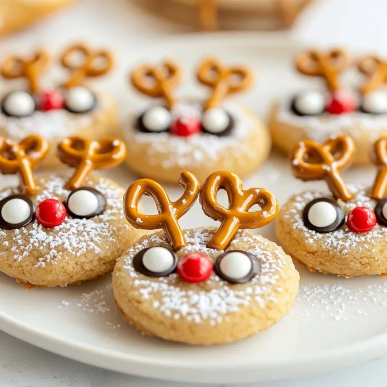 To make No-Bake Reindeer Cookies, you need simple and fun ingredients. Here’s what you will need: - 1 cup creamy peanut butter - 1 cup powdered sugar - 1 cup graham cracker crumbs - ½ cup mini chocolate chips - ½ cup pretzel twists (for antlers) - 12 candy eyes - Red candy (such as M&M's or red chocolate pearls, for noses) - 1 tablespoon melted chocolate (for gluing decorations) These ingredients come together to create a tasty and festive treat. You can find them at any grocery store. The creamy peanut butter gives the cookies a rich flavor. The graham cracker crumbs add a nice texture. Mini chocolate chips bring a touch of sweetness. The pretzel twists serve as antlers, making these cookies fun to look at. Candy eyes will give your reindeer a playful touch. The red candy for noses adds a pop of color. The melted chocolate acts like glue to hold everything in place. Gather these ingredients, and you are ready to create your holiday treats! {{ingredient_image_1}} Making No-Bake Reindeer Cookies is a fun and easy process. You will need about 20 minutes to prep. These cute cookies need to chill for about 30 minutes after you make them. Gather your ingredients and follow the steps below. - Step 1: Mixing peanut butter and powdered sugar In a mixing bowl, add 1 cup of creamy peanut butter and 1 cup of powdered sugar. Use a spatula or spoon to mix them well. Aim for a smooth and creamy texture. - Step 2: Adding graham cracker crumbs Gradually add 1 cup of graham cracker crumbs. Stir until a thick dough forms. This dough will be sticky, but that is normal. - Step 3: Rolling dough into balls With clean hands, scoop about a tablespoon of dough. Roll it into a ball shape. Repeat this until you’ve used all the dough. You should get around 12 balls. - Step 4: Assembling the cookies with decorations Place the balls on a baking sheet lined with parchment paper. Take two pretzel twists and gently insert them into the top of each ball for antlers. Next, press two candy eyes onto each cookie, making them look cute. - Step 5: Chilling the cookies For the noses, use a small dab of melted chocolate to stick a red candy below the eyes. Now, place the baking sheet in the fridge for about 30 minutes. This helps the cookies firm up and hold their shape. Now you have adorable No-Bake Reindeer Cookies ready to enjoy! To make the dough, combine peanut butter and powdered sugar in a bowl. Mix these until smooth. Next, add graham cracker crumbs slowly. Stir until the dough is thick and holds together well. If the dough feels too sticky, add more crumbs. You want it to be easy to roll into balls. Get creative with decorations! Use pretzel twists as antlers. Stick two into each dough ball. For the eyes, press on candy eyes gently. To make a cute nose, use red candy. A dab of melted chocolate helps it stick. You can even add mini chocolate chips on top for extra fun! One common mistake is not chilling the cookies long enough. This makes them too soft to hold their shape. Another mistake is using too much peanut butter. Keep the ratio of peanut butter to sugar balanced for the best flavor. Lastly, ensure the pretzel twists are secure. If they fall out, your reindeer will lose their charm! Pro Tips Chill the Dough: For easier handling, chill the peanut butter mixture for about 10 minutes before rolling into balls. This will help the dough firm up and prevent sticking. Use Fresh Pretzels: Ensure that your pretzel twists are fresh and not stale, as this will make them more crisp and better for the antlers. Decorating with Kids: This is a fun recipe to make with kids! Allow them to help with rolling the dough and placing the decorations for a creative cooking experience. Storage Tips: Store the cookies in an airtight container in the fridge for up to a week to keep them fresh and delicious. {{image_2}} You can swap peanut butter for sun butter or almond butter. Both options taste great. They keep the same creamy texture and add a new flavor. If you need gluten-free options, use gluten-free graham crackers. Many brands offer them now. Just check the label to ensure they are safe for your needs. For holiday fun, let your creativity shine! You can use colored sprinkles or edible glitter to add sparkle. Use green candy for Christmas trees or orange for Halloween. To change the eyes and noses, try different candies. Use chocolate-covered raisins for noses. You can also use jellybeans or chocolate chips for the eyes. Each variation makes your cookies unique and festive! To keep your No-Bake Reindeer Cookies fresh, place them in an airtight container. Layer them with parchment paper to avoid sticking. Store them at room temperature for up to three days. If you want them to last longer, refrigerate them. They will stay good for about a week in the fridge. You can freeze these cookies to enjoy later. First, let them cool completely. Then, place them in a single layer on a baking sheet. Freeze them for about an hour. After they are firm, move the cookies to a freezer-safe bag. They can last up to three months in the freezer. When you're ready to eat, just thaw them in the fridge overnight. For the best taste, eat your No-Bake Reindeer Cookies within a week. If they start to look or smell off, it’s best to throw them away. Always check for any signs of spoilage, like changes in texture or color. Enjoy your festive treats while they are still fresh! You can use almond butter or sun butter. Both work well. They give a nice flavor and texture. If you're allergic to nuts, sun butter is a great choice. These cookies last about one week. Store them in an airtight container. Keep them in the fridge for best results. They stay fresh and tasty this way. Yes, you can make them a few days early. Just store them in the fridge. They will still taste great when you serve them. This makes holiday prep easier. Absolutely! Kids love to help with these cookies. They can mix, roll, and decorate. Just supervise them when using melted chocolate. It’s a fun family activity! These No-Bake Reindeer Cookies are fun and easy to make. We covered the simple ingredients, step-by-step instructions, and helpful tips. You can even play with different themes and decorations for any season. Remember to store your cookies well so they stay fresh. No matter what, these treats are great to share with friends and family. Enjoy making your own tasty reindeer this season!