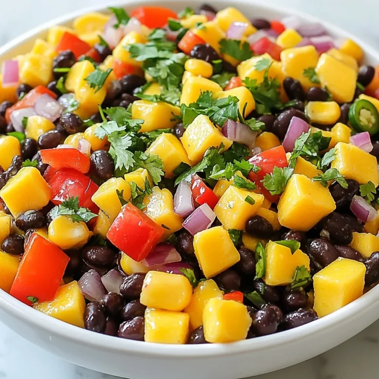 - Ripe mango, diced - Black beans (15 oz can), rinsed and drained - Red bell pepper, diced - Red onion, finely chopped - Corn (1/2 cup, fresh or frozen) - Fresh cilantro, chopped (1/4 cup) - Jalapeño, deseeded and minced (optional) - Lime juice (2 tablespoons) - Olive oil (1 tablespoon) - Salt and pepper to taste When making this salad, the ingredients matter. Each adds flavor and texture. The ripe mango is key. It brings sweetness and a bright color. Black beans add protein and fiber. They make the salad filling and hearty. The red bell pepper gives a crisp crunch. It also adds a nice pop of color. Red onion offers a sharp bite. It balances the sweet mango. Corn, whether fresh or frozen, adds a sweet crunch. Fresh cilantro brings a burst of herbal flavor. If you like heat, add minced jalapeño. It gives a nice kick. For the dressing, lime juice adds tanginess. Olive oil gives smoothness. Salt and pepper enhance all the flavors. Each ingredient plays a role in making the salad vibrant and tasty. {{ingredient_image_1}} 1. In a large bowl, combine the diced mango, black beans, red bell pepper, red onion, corn, and minced jalapeño if you want some heat. Use a big bowl to help mix everything well. 2. Next, add the chopped cilantro to the bowl. Mix it well so the flavors can spread evenly. Cilantro gives a fresh taste that brightens up the salad. 3. In a small bowl, whisk together the lime juice, olive oil, salt, and pepper. This dressing adds flavor and ties all the ingredients together. 4. Now, drizzle the dressing over the salad mixture. Toss gently to coat everything. Be careful not to mash the mango as you mix. 5. Taste your salad and adjust the seasoning if needed. You can add more salt, pepper, or lime juice to suit your taste. 6. Let the salad rest for at least 10 minutes. This time helps the flavors blend nicely. As it rests, the salad will become even more delicious. To make the best mango black bean salad, start with a ripe mango. A ripe mango has smooth skin and gives slightly when you press it. This tells you it is sweet and juicy. If the mango feels hard, let it sit at room temperature until it ripens. Next, think about spice. If you like heat, add more jalapeño. If you prefer mild, skip it or use less. You can always taste and adjust. Start small, you can add more later. After mixing your salad, let it rest for at least 10 minutes. This helps all the flavors blend. The lime juice will soak in, making each bite taste even better. The resting time is key for a fresh and tasty salad. Pro Tips Choose the Right Mango: Look for a mango that is slightly soft to the touch and has a fragrant aroma. This ensures sweetness and ripeness for your salad. Rinse Black Beans Thoroughly: Rinsing your canned black beans not only removes excess sodium but also helps get rid of the canning liquid, which can sometimes have a metallic taste. Let Flavors Marinate: Allowing the salad to sit for at least 10 minutes before serving helps the ingredients meld together, enhancing the overall flavor profile. Customize Your Heat Level: Adjust the spiciness by adding more or less jalapeño, or even substitute with a milder pepper like a bell pepper for those who prefer less heat. {{image_2}} You can make fun changes to this salad. Use different beans if you want. Try kidney beans or pinto beans instead of black beans. This gives a new taste and texture. If you don’t have ripe mango, swap it for other fruits. Pineapple adds a sweet and tangy flavor. Peaches also work well and bring a nice softness to the mix. You can even use a mix of fruits for a fruity surprise. For the dressing, you can go vegan. Instead of olive oil, use avocado oil. It keeps the salad light and fresh. You can also use a vinegar-based dressing for a zesty kick. Changing the veggies in the salad can make it even better. In summer, add fresh cucumbers or zucchini for crunch. In winter, try roasted sweet potatoes for warmth. These additions keep the salad fresh and fun. When the seasons change, so can the fruits. In the fall, use apples or pears for sweetness. Winter fruits like oranges can add brightness. Mixing seasonal produce makes this salad exciting all year round. To keep your Mango Black Bean Salad fresh, use an airtight container. Glass or plastic containers work well. Always let the salad cool before sealing. Store it in the fridge right away. This salad tastes best when fresh. However, you can keep it for about 3 days. After that, the ingredients may lose their crunch and flavor. Can you freeze Mango Black Bean Salad? I don’t recommend freezing it. The texture of the mango and beans can change. If you must freeze it, do so without the dressing. Use a freezer-safe bag or container. When ready to eat, thaw it in the fridge overnight. After thawing, add fresh lime juice and olive oil for flavor. Enjoy your salad fresh for the best taste experience. You can store Mango Black Bean Salad in the fridge for up to three days. However, the taste is best within the first two days. The longer it sits, the softer the ingredients become. Yes, you can make this salad ahead of time. Prepare it a few hours before serving. This allows the flavors to mix well. Just keep it covered in the fridge. You can serve this salad with grilled chicken or fish. It pairs great with tacos or tortilla chips. You can also enjoy it as a light lunch or side dish. Yes, Mango Black Bean Salad is gluten-free. All the ingredients used are naturally gluten-free. This makes it a safe option for those who avoid gluten. You learned how to make a delicious Mango Black Bean Salad with simple steps. I shared tips for perfecting the recipe and suggested ingredient swaps to keep it fresh. Proper storage helps maintain taste, and I answered common questions about the salad. Enjoy this dish as a healthy side or a light meal. Don’t be afraid to experiment with flavors! Your taste buds will thank you for it.