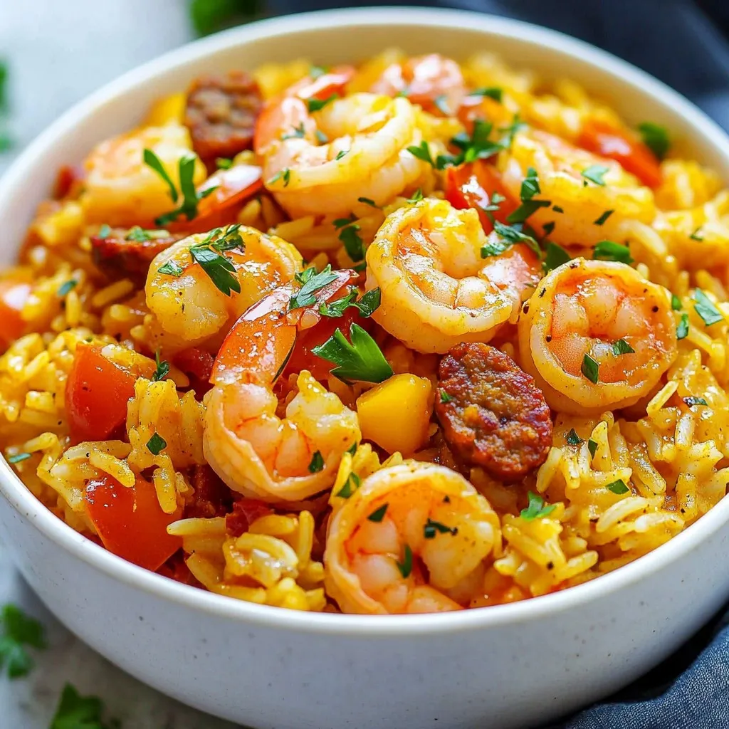 To make Cajun Shrimp & Sausage Jambalaya, you need: - 1 lb shrimp, peeled and deveined - 1/2 lb Andouille sausage, sliced - 1 bell pepper (red or green), diced - 1 medium onion, chopped - 2 celery stalks, diced - 3 cloves garlic, minced - 1 can (14.5 oz) diced tomatoes - 2 cups chicken broth - 1 1/2 cups long-grain rice - 2 teaspoons Cajun seasoning - 1/2 teaspoon thyme - 1/2 teaspoon oregano - Salt and pepper to taste - 2 tablespoons olive oil - Fresh parsley, chopped (for garnish) When choosing ingredients, I recommend these brands: - For Cajun seasoning, try Tony Chachere's or Zatarain's. - For sausage, Andouille from Niman Ranch or Aidells works well. - For chicken broth, Swanson or Pacific Foods offers great flavor. You can enhance your jambalaya with these extras: - 1 cup corn for a sweet crunch. - 1 or 2 bay leaves for depth. - A dash of hot sauce for extra heat. - Fresh green onions for a pop of freshness. These options make the dish even more exciting! {{ingredient_image_1}} First, gather all your ingredients. This makes cooking smooth and fun. You will need: - 1 lb shrimp, peeled and deveined - 1/2 lb Andouille sausage, sliced - 1 bell pepper, diced - 1 medium onion, chopped - 2 celery stalks, diced - 3 cloves garlic, minced - 1 can diced tomatoes (14.5 oz) - 2 cups chicken broth - 1 1/2 cups long-grain rice - 2 teaspoons Cajun seasoning - 1/2 teaspoon thyme - 1/2 teaspoon oregano - Salt and pepper to taste - 2 tablespoons olive oil - Fresh parsley, chopped (for garnish) Now, chop the onion, bell pepper, and celery. Mince the garlic. This helps the flavors mix well. Heat the olive oil in a large pot over medium heat. Add the sliced sausage and cook until it turns brown, which takes about 5-7 minutes. Once browned, remove it and set it aside. In the same pot, add the chopped onion, bell pepper, and celery. Sauté these for about 5 minutes. You want them to be soft. Next, stir in the minced garlic and cook for 1 more minute. You will smell its lovely aroma. Now add the diced tomatoes, chicken broth, Cajun seasoning, thyme, and oregano to the pot. Stir well. Bring this mix to a boil. Next, add the rice and the browned sausage back into the pot. Reduce the heat to low, cover it, and let it simmer for 20-25 minutes. This allows the rice to cook and absorb the flavors. While the rice cooks, season the shrimp with salt and pepper. In a different skillet, sauté the shrimp over medium-high heat until they turn pink, usually about 3-4 minutes. Once the rice is cooked, gently fold the shrimp into the jambalaya. Cover the pot for another 5 minutes. This step allows all the flavors to blend together. Fluff the jambalaya with a fork. For a pretty touch, garnish with fresh chopped parsley. Serve it in deep bowls or large platters. You can add more parsley and a sprinkle of Cajun seasoning on top. Pair it with crusty bread to complete the meal. Enjoy your delicious Cajun shrimp and sausage jambalaya! To make a great jambalaya, start by using fresh ingredients. Fresh shrimp and sausage will add the best flavor. When you sauté the sausage, let it brown well. This step adds depth to your dish. Use a heavy pot to help with even cooking. A cast-iron pot works well. Stir the mixture often to avoid sticking. Always check the rice to ensure it's tender. If it’s too dry, add a bit more broth. One common mistake is cooking the shrimp too long. Shrimp cooks quickly and can become tough. Add it at the end and just heat it through. Another mistake is not letting the dish rest. After cooking, let it sit for five minutes. This lets the flavors blend. Also, avoid using too much liquid. Too much broth can make the rice mushy. Serve your jambalaya in deep bowls for a nice touch. Garnish with fresh parsley for color. A sprinkle of extra Cajun seasoning adds flavor and flair. Pair it with crusty bread or cornbread. This will balance the spices and soak up the sauce. For drinks, try a cold beer or sweet tea. These pair well with the bold flavors of the dish. Pro Tips Choose Fresh Shrimp: Always opt for fresh or high-quality frozen shrimp to enhance the flavor and texture of your jambalaya. Customize Your Spice Level: Adjust the amount of Cajun seasoning to suit your taste. Start with less if you're sensitive to spice, and add more as desired. Let It Rest: Allow the jambalaya to sit covered for a few minutes after cooking. This resting time helps the flavors meld beautifully. Use Better Broth: For richer flavor, consider using homemade chicken broth or a high-quality store-bought option instead of water. {{image_2}} You can change the heat level of your jambalaya. If you like it spicy, add more Cajun seasoning. You can also add diced jalapeños for an extra kick. If you prefer milder flavors, reduce the seasoning. Adding a tablespoon of sugar can balance out the heat. A splash of lemon juice at the end can brighten the dish too. Cajun shrimp and sausage jambalaya is great, but you can switch proteins. Try chicken or turkey for a lighter option. For a seafood twist, mix in scallops or fish. If you love a smoky flavor, use smoked sausage instead of Andouille. Each protein brings its own taste, keeping your jambalaya exciting. Making a vegetarian or vegan jambalaya is simple. Replace shrimp and sausage with plant-based proteins like tofu or tempeh. Use vegetable broth instead of chicken broth for added flavor. You can also add more vegetables like zucchini or mushrooms. This way, you keep the heartiness while making it plant-based. Don't forget to season well to enhance the flavors! To store your leftover Cajun shrimp and sausage jambalaya, let it cool first. Place it in an airtight container. Make sure to seal it tight to keep it fresh. Leftovers can last in the fridge for about three to four days. When you are ready to eat, you can reheat jambalaya on the stove or in the microwave. For the stove, add a splash of water or broth to a pan. Heat it on medium until warm, stirring often. In the microwave, heat in short intervals. Stir in between to ensure even heating. If you want to freeze jambalaya, use a freezer-safe container. Leave some space at the top, as the rice expands when frozen. It can last in the freezer for about three months. To thaw, place it in the fridge overnight. Reheat as mentioned above when you're ready to enjoy it again. The best rice for jambalaya is long-grain rice. It cooks well and stays fluffy. I often use jasmine rice for its nice aroma. Basmati rice is another option, but it has a different texture. Avoid using sticky rice, as it may clump together. Yes, you can make jambalaya ahead of time. It tastes great when made a day before. Just cook it and let it cool. Store it in an airtight container in the fridge. When ready to serve, reheat it on the stove or in the microwave. Many people think jambalaya tastes better the next day. This allows the flavors to mix and develop more. The rice absorbs the juices, making each bite tasty. Just remember to store it properly to keep it fresh. Jambalaya is a flavorful dish that uses simple ingredients to create a tasty meal. We explored the best brands for Cajun seasoning and sausage. You learned how to prepare and cook Jambalaya, plus tips for serving it right. Variations offer options for spice and protein. Proper storage keeps leftovers fresh for later. In conclusion, Jambalaya is adaptable and fun to make. Use these tips to impress your family and friends. Enjoy your cooking!