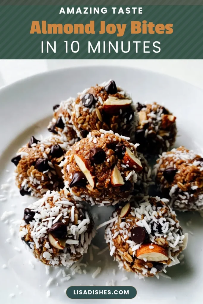 Looking for a delicious and nutritious treat? Try these Almond Joy energy bites! Packed with rolled oats, almond butter, shredded coconut, and dark chocolate, these no-bake energy bites are the perfect healthy snack. With just a few simple ingredients, you can whip up these almond butter recipes in no time. Perfect for on-the-go munching! Save this recipe for your next snack craving! #HealthySnackRecipes #NoBakeEnergyBites #AlmondButterRecipes #CoconutChocolateBites