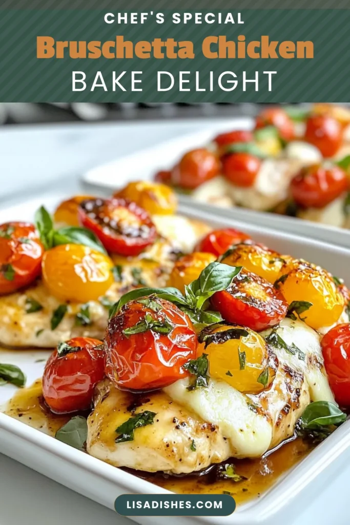 Delight in this easy Bruschetta Chicken Bake that combines juicy baked chicken with fresh cherry tomatoes and melted mozzarella for a delicious dinner. Perfect for busy nights, this mozzarella chicken bake is sure to impress! Try this cherry tomato chicken recipe for a flavorful twist on traditional baked chicken recipes. Gather your ingredients and whip up this mouthwatering meal tonight! Save for later! #BruschettaChickenBake #EasyChickenDinner #BakedChickenRecipes #MozzarellaChickenBake