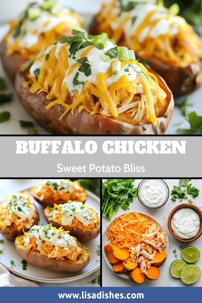 Savor the flavors of Buffalo Chicken Stuffed Sweet Potatoes with this easy stuffed sweet potato recipe. Packed with healthy buffalo chicken, these baked sweet potatoes with chicken are perfect for a satisfying sweet potato dinner idea. Ideal for meal prep or a cozy dinner, this dish is sure to impress. Try it today and enjoy a delicious and nutritious meal! Save this healthy recipe for later! #BuffaloChickenSweetPotatoes #StuffedSweetPotatoRecipe #HealthyBuffaloChicken #SweetPotatoDinnerIdeas