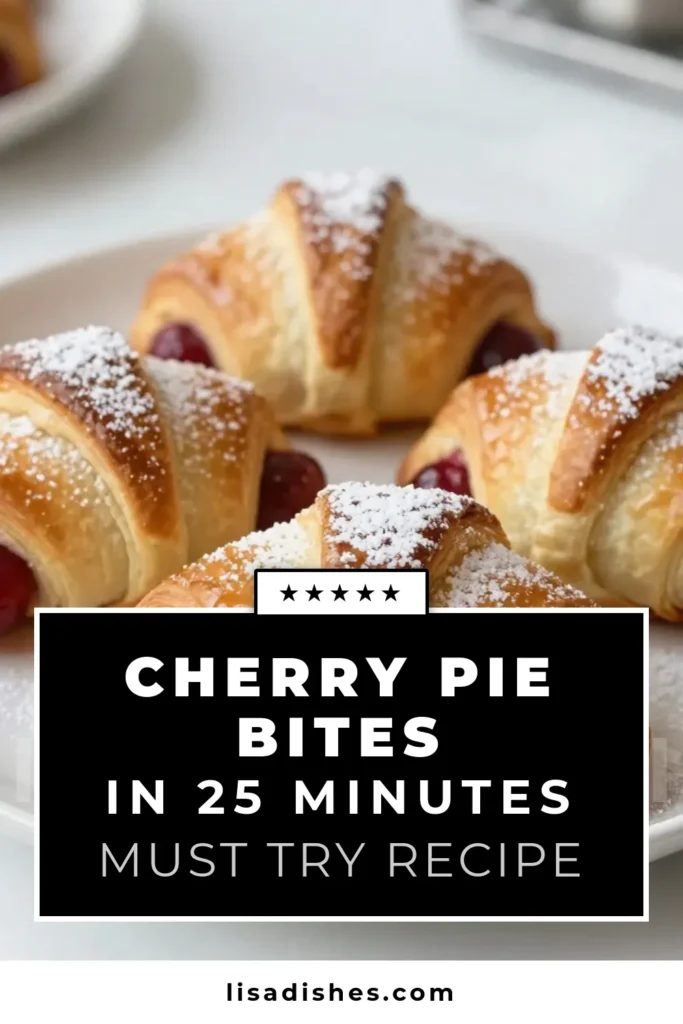 Indulge in these delicious cherry pie crescent bites, the perfect easy cherry dessert recipe! Made with crescent roll dough and luscious cherry pie filling, this quick cherry pie recipe is a delightful treat that takes just 25 minutes. Serve warm with whipped cream for a cherry dessert that's sure to impress. Try these crescent roll desserts for your next gathering! Save this recipe for later! #CherryPieCrescentBites #EasyDessert #CrescentRollDesserts #QuickCherryPie